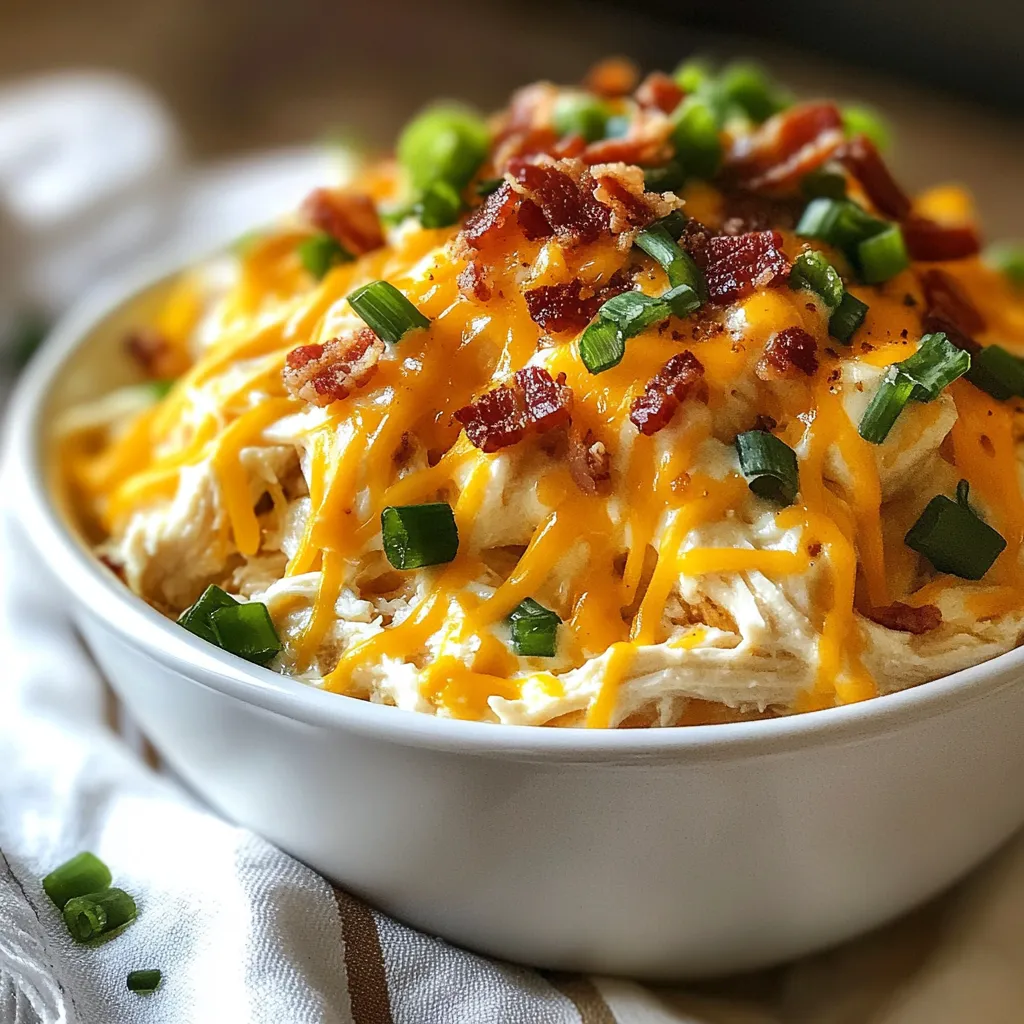 - 2 pounds boneless, skinless chicken thighs - 1 packet ranch dressing seasoning mix - 8 ounces cream cheese, softened - 1 cup shredded cheddar cheese - 1/2 cup green onions, chopped - 1/2 cup bacon bits (optional for crunch) - 1 tablespoon garlic powder - 1 tablespoon onion powder - Salt and pepper to taste When I make Keto Crack Chicken, I love using boneless, skinless chicken thighs. They stay juicy and cook well. The ranch dressing mix adds a tasty kick. Cream cheese makes it rich and smooth. Don't forget the cheddar cheese; it melts beautifully. Green onions give a fresh touch, while bacon bits add a nice crunch. - Extra shredded cheddar cheese - Additional chopped green onions - Sliced jalapeños for heat - Sour cream for creaminess Feel free to get creative with toppings! Adding more cheese makes it even more decadent. Chopped green onions bring color and flavor. If you like spice, jalapeños are a fun choice. A dollop of sour cream can make each bite even better. This dish is great for a low-carb diet. Each serving has protein and healthy fats. The chicken provides lean protein, while cream cheese and cheddar add healthy fats. Overall, it's a filling meal that fits into a keto plan. - Approximate calories per serving: 400 - Carbohydrates: 3 grams - Protein: 30 grams - Fat: 30 grams This dish is not only tasty but also keeps you full without the carbs. It’s perfect for a busy weeknight or a hearty family dinner. {{ingredient_image_1}} First, gather all your ingredients. You will need: - 2 pounds boneless, skinless chicken thighs - 1 packet ranch dressing seasoning mix - 8 ounces cream cheese, softened - 1 cup shredded cheddar cheese - 1/2 cup green onions, chopped - 1/2 cup bacon bits (optional for crunch) - 1 tablespoon garlic powder - 1 tablespoon onion powder - Salt and pepper to taste Next, place the chicken thighs into your slow cooker or Instant Pot. Sprinkle the ranch mix, garlic powder, onion powder, salt, and pepper on top. After that, spread the softened cream cheese over the chicken. Make sure it covers as much chicken as possible. If you’re using a slow cooker, cover it and cook on low for 6-7 hours. You can also cook on high for 3-4 hours. The chicken will be tender and easy to shred when done. Once cooked, shred the chicken using two forks. Mix the cream cheese into the chicken until it is well combined. This will create a creamy texture. Next, stir in the shredded cheddar cheese and bacon bits, if you chose to use them. Mix until everything is melted and creamy. Finally, fold in most of the chopped green onions. Save some for garnishing later. For the Instant Pot method, seal the lid after adding the chicken and seasonings. Set it to high pressure for 15 minutes. When done, let the pressure release naturally. After the chicken is cooked, shred it with two forks. Mix the cream cheese into the chicken until well blended. Next, add the shredded cheddar cheese and bacon bits. Stir until melted and fully mixed. Lastly, fold in the majority of the green onions, reserving some for the top. This dish is creamy, savory, and perfect for a keto meal! To get the best texture in Keto Crack Chicken, use boneless, skinless chicken thighs. They stay juicy and tender. If you prefer, chicken breasts work as well but may dry out. Shredding the chicken after cooking is key. Use two forks to pull it apart. This helps mix in the cream cheese well. You can boost the flavor in many ways. Try adding spices like smoked paprika for warmth. Fresh herbs, like parsley or cilantro, can add a bright touch. If you like heat, add jalapeños or chili flakes. Don't forget to adjust salt and pepper to your taste. A squeeze of lemon juice can also brighten up the dish. One common mistake is overcooking the chicken. This makes it dry and tough. Always check the cooking time. If using a slow cooker, avoid opening the lid too often. This lets heat escape. Another mistake is not mixing the cream cheese well. Make sure to fold it in fully, so every bite is creamy and rich. Pro Tips Use Bone-In Chicken: For extra flavor, consider using bone-in chicken thighs instead of boneless. The bones will add richness to the dish as it cooks. Experiment with Cheese: Feel free to mix different types of cheese such as mozzarella or pepper jack for a unique twist on the flavor profile. Add Vegetables: Incorporate vegetables like bell peppers or spinach into the mix for added nutrition and color. Store Leftovers Properly: To keep the dish fresh, store leftovers in an airtight container in the fridge for up to 4 days. Reheat gently to avoid drying out the chicken. {{image_2}} You can easily change up the cheese in this dish. Try using mozzarella for a stretchy, gooey texture. Parmesan adds a nice nutty flavor. If you like blue cheese, it gives a bold taste. Mix and match your favorites for a fun twist! Want a kick? Add diced jalapeños or hot sauce to the mix. You can also use pepper jack cheese for creaminess and spice. Adjust the heat level based on your taste. This spicy version will wake up your taste buds! For a dairy-free option, swap cream cheese with coconut cream. Use nutritional yeast for a cheesy flavor. This makes the dish both dairy-free and paleo-friendly. You can still enjoy all the creaminess without the dairy! To keep your Keto Crack Chicken fresh, place leftovers in an airtight container. Make sure it’s cool before sealing. Store it in the fridge for up to four days. If you have a lot left, consider portioning it out for easy meals later. When you're ready to enjoy your leftovers, reheat them gently. You can use the microwave or stovetop. If you use the microwave, heat in short bursts to avoid drying it out. Stir occasionally for even heating. If using the stovetop, add a splash of water or broth to keep it moist. If you want to freeze it, make sure to cool the dish completely. Portion it into freezer-safe bags or containers. Label them with the date for easy tracking. You can freeze Keto Crack Chicken for up to three months. To reheat, let it thaw in the fridge overnight before warming it up. You can serve Keto Crack Chicken with many sides. A simple choice is steamed broccoli. Cauliflower rice is also great for a low-carb option. You might like a fresh salad with cucumber and tomatoes. For something warm, try zucchini noodles. These sides add color and nutrition to your meal. Yes, you can use chicken breasts. They will cook faster than thighs. Be cautious, as breasts can dry out more easily. If you use breasts, check for doneness sooner. Cooking times may vary, so adjust as needed. Use a meat thermometer to ensure they reach 165°F. To boost flavor, add spices like paprika or cayenne. Fresh herbs like parsley or basil add brightness. You could also mix in some hot sauce for a spicy kick. Try using smoked cheese for a deeper taste. Adding garlic cloves or sautéed onions can enhance the dish’s aroma, too. This blog post covered all you need to know about Keto Crack Chicken. We talked about the key ingredients, ways to cook it, and tips for the best results. Exploring variations lets you make it your own. Proper storage ensures your leftovers stay fresh. Keto Crack Chicken is tasty and easy to make. Try out the ideas here and enjoy your meal. Happy cooking!