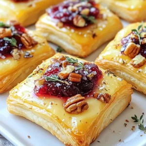 - 1 package of puff pastry (2 sheets), thawed - 8 oz Brie cheese, cut into small cubes - 1/2 cup cranberry sauce (homemade or store-bought) - 1/4 cup chopped pecans (optional) - 1 egg, beaten (for egg wash) - Fresh thyme leaves for garnish - Salt and pepper to taste Puff pastry gives these bites a light and flaky feel. If you can't find puff pastry, you can use phyllo dough instead. This will change the texture slightly, but it still tastes great. For the cheese, Brie is rich and creamy. You can swap it for Camembert if you prefer. If you want a sweeter bite, use a fruit spread instead of cranberry sauce. You can also leave out the pecans if you're nut-free or prefer a smoother texture. Fresh thyme adds a nice touch, but dried thyme works too if that's what you have. You will need a few tools to make these bites. First, grab a baking sheet and line it with parchment paper. This helps with easy cleanup. You will also need a rolling pin to roll out the puff pastry. A knife is key for cutting the pastry into squares and cutting the Brie. Lastly, a pastry brush helps apply the egg wash for a lovely golden finish. Having these tools ready will make your cooking experience smooth and fun! {{ingredient_image_1}} Start by preheating your oven to 400°F (200°C). This ensures even cooking. Next, line your baking sheet with parchment paper. This makes for easy cleanup and prevents sticking. Take the thawed puff pastry and roll it out on a floured surface. Cut it into 3-inch squares. You should have about 12 squares. Place one square on the lined baking sheet. In the center of each square, add a cube of Brie cheese. Follow that with a spoonful of cranberry sauce. If you want some crunch, sprinkle chopped pecans on top. Now fold the corners of the pastry over the filling. Pinch them together to form a pouch. Make sure some filling stays visible on top for a nice look. Brush the tops of each pastry with the beaten egg. This gives them a beautiful golden color. Finally, sprinkle a little salt and pepper for added flavor. Place the baking sheet in the preheated oven. Bake the bites for 15 to 18 minutes. They are done when they look puffed and golden brown. When they come out of the oven, let them cool for a few minutes. Garnish with fresh thyme leaves before serving. The best temperature for baking your bites is 400°F (200°C). This heat helps the pastry puff up nicely. Bake them for 15 to 18 minutes. Keep an eye on them. You want a golden color on top. If they brown too fast, lower the heat a bit. To avoid soggy pastry, do not use too much cranberry sauce. A spoonful is enough. Make sure to leave some filling visible on top. This helps the steam escape. Also, brush the bites with beaten egg. This will create a barrier and keep the pastry crisp. Lightly season your bites with salt and pepper. This brings out the flavor of the Brie. You can also add fresh thyme leaves. They add a nice herbal note. If you like nuts, sprinkle chopped pecans on top. They add crunch and a nutty flavor. Pro Tips Choose the Right Brie: Use a high-quality Brie cheese for a creamier texture and richer flavor, enhancing the overall taste of your bites. Customize the Filling: Feel free to experiment with other fillings like fig jam or apple butter for a unique twist on traditional flavors. Perfect Puff Pastry: Ensure your puff pastry is cold before baking to achieve maximum puffiness and flakiness during cooking. Garnish Wisely: Fresh herbs like thyme or rosemary not only add flavor but also a beautiful presentation—don't skip this step! {{image_2}} You can swap brie for other cheeses. Goat cheese adds a tangy taste. Cream cheese gives a smooth texture. Cheddar brings sharpness and pairs well with cranberry. Experiment with your favorites. Each cheese offers a new flavor twist. Adding ingredients can change the flavor profile. Consider using caramelized onions for a savory punch. Apples or pears can bring sweetness. A drizzle of honey adds extra richness. For a spicy kick, try jalapeños or a dash of hot sauce. Mix and match to find your favorite combo. You can make this recipe gluten-free easily. Use gluten-free puff pastry instead of regular. For a vegan option, choose a plant-based cheese. Use a mix of almond or coconut cream for a creamy texture. These swaps let everyone enjoy this tasty treat! To store your leftover baked cranberry brie bites, let them cool first. Place them in an airtight container. You can keep them in the fridge for up to three days. Make sure to layer them with parchment paper to prevent sticking. To reheat the bites, preheat your oven to 350°F (175°C). Place the bites on a baking sheet. Bake for about 10 minutes, or until they feel warm and crispy. This keeps the pastry nice and flaky. Avoid microwaving, as it can make the pastry soggy. You can freeze these bites before baking. Assemble them as per the recipe but do not bake. Place them on a baking sheet and freeze until solid. Then, transfer them to a freezer bag. They can stay in the freezer for up to a month. When you’re ready to enjoy, bake them straight from the freezer. Just add a few extra minutes to the baking time. Yes, you can make these bites ahead of time. Assemble them and place them on a baking tray. Cover the tray with plastic wrap and store it in the fridge. You can bake them later when you need a quick snack. Just remember to add a few extra minutes to the baking time if they are cold. You can use other soft cheeses if you don’t have brie. Cream cheese works well and gives a nice texture. Goat cheese is another tasty option and adds a tangy flavor. You can even try camembert for a similar taste. These bites will last for about 3 days in the fridge. Wrap them tightly to keep them fresh. If you want them to last longer, consider freezing them. Just remember to reheat them in the oven for the best taste. You now know how to make delicious baked cranberry brie bites. We covered ingredients, tools, and step-by-step instructions. You learned tips to avoid soggy pastry and how to enhance flavor. Variations let you explore different cheeses and add-ins. Plus, storing and reheating tips keep your bites fresh. Try making these bites for your next gathering. They’re simple and sure to impress. Enjoy your cooking adventure!