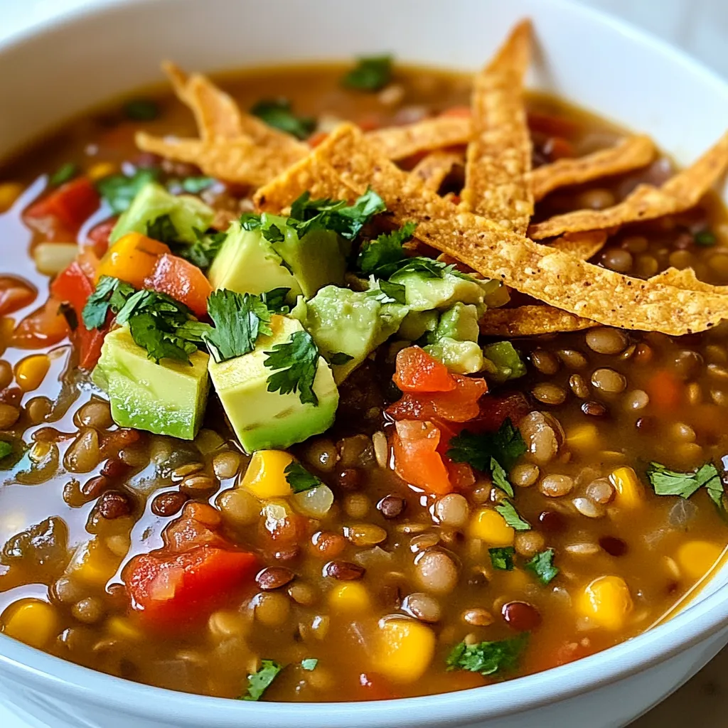 To make this tasty lentil tortilla soup, gather these main ingredients: - 1 cup green or brown lentils, rinsed - 1 medium onion, diced - 2 cloves garlic, minced - 1 bell pepper (any color), diced - 1 jalapeño, minced (remove seeds for less heat) - 1 can (14 oz) diced tomatoes - 4 cups vegetable broth - 1 teaspoon ground cumin - 1 teaspoon smoked paprika - 1 teaspoon dried oregano - 1 tablespoon olive oil - Salt and pepper to taste - 1 cup corn kernels (frozen or fresh) Add these toppings to enhance your soup: - 1 avocado, diced - 1/2 cup cilantro, chopped - Tortilla strips (store-bought or homemade) You can change some ingredients if needed. Here are a few ideas: - Use red lentils for a softer texture. - Swap vegetable broth for chicken broth for extra flavor. - Replace jalapeño with bell pepper for less heat. - Use fresh corn if you can find it; it's sweet and fresh. These options let you make the soup your own while keeping it delicious! {{ingredient_image_1}} To start, gather your ingredients. You will need: - 1 cup green or brown lentils, rinsed - 1 medium onion, diced - 2 cloves garlic, minced - 1 bell pepper (any color), diced - 1 jalapeño, minced (remove seeds for less heat) - 1 can (14 oz) diced tomatoes - 4 cups vegetable broth - 1 teaspoon ground cumin - 1 teaspoon smoked paprika - 1 teaspoon dried oregano - 1 tablespoon olive oil - Salt and pepper to taste - 1 cup corn kernels (frozen or fresh) - 1 avocado, diced (for topping) - 1/2 cup cilantro, chopped (for garnish) - Tortilla strips (store-bought or homemade) for topping Start by washing the lentils in cold water. Dice the onion, bell pepper, and jalapeño. Mince the garlic. These simple steps make cooking smooth. Now, heat a large pot over medium heat. Add the olive oil. Once hot, toss in the diced onion. Sauté for about 5 minutes until the onion is clear. Next, stir in the minced garlic, bell pepper, and jalapeño. Cook for another 3-4 minutes until the peppers soften. The smell will be amazing! Add in the rinsed lentils and the can of diced tomatoes with their juices. Pour in the vegetable broth. Sprinkle in the ground cumin, smoked paprika, oregano, salt, and pepper. Stir everything well. Bring the mixture to a boil. Once boiling, reduce the heat to low. Cover the pot and let it simmer for 25-30 minutes. Check the lentils; they should be tender. During the last 10 minutes of cooking, stir in the corn kernels. Taste and adjust the seasoning if needed. If you want homemade tortilla strips, cut corn tortillas into thin strips. Pan-fry them in a bit of oil until they are crispy. Drain them on paper towels. Once the soup is ready, grab your bowls. Ladle the soup into each bowl. Top with diced avocado and fresh cilantro. Add the crispy tortilla strips on top for a nice crunch. For an extra touch, serve with a wedge of lime. This adds a burst of freshness. Enjoy your vibrant and tasty Lentil Tortilla Soup! To get perfect lentils, rinse them well before cooking. This removes dirt and dust. Use either green or brown lentils for this soup. They hold their shape well during cooking. Cook them until they are tender but not mushy. This usually takes about 25 to 30 minutes. If you overcook them, they can turn into mush. Keep an eye on them while they simmer. Seasonings are key to a tasty soup. Use ground cumin and smoked paprika for a warm, rich flavor. Dried oregano adds a nice herbal note. Feel free to adjust these spices to match your taste. A little salt and pepper bring all the flavors together. You can also add lime juice before serving for a fresh twist. Don't forget to taste as you go! Store your leftover soup in an airtight container. It lasts in the fridge for up to three days. If you want to keep it longer, freeze it in portions. Just make sure to leave space in the container as the soup expands. When you reheat, add fresh toppings for a great flavor boost. Enjoy your comforting soup again! Pro Tips Soaking Lentils: For a quicker cooking time and improved digestibility, soak lentils in water for a few hours before cooking. Customize Heat Level: Adjust the spice level by adding more or fewer jalapeños, or include a pinch of cayenne pepper for extra kick. Fresh Ingredients: Using fresh herbs like cilantro and lime can enhance the flavor of the soup significantly. Make it Creamy: For a creamier texture, blend a portion of the soup and then stir it back into the pot before serving. {{image_2}} Lentil tortilla soup is already a great vegetarian dish. To make it vegan, just use vegetable broth. This soup is hearty and filling. The lentils give it protein and fiber, making it a healthy choice. You can add more veggies like zucchini or carrots to boost the flavor. Using fresh herbs, like cilantro, adds a fresh touch. If you like spice, add more jalapeños or a pinch of cayenne pepper. This will give your soup a kick! You can also use spicy salsa instead of regular diced tomatoes. For more depth, try adding a splash of hot sauce before serving. Just remember to taste as you go. Adjust the heat to match your preference. Want to boost the protein? You can add diced cooked chicken or turkey. This makes it a heartier meal. For a plant-based option, toss in some cooked quinoa or black beans. Both add texture and nutrients. You can also use tofu for a vegetarian protein source. Just sauté it before adding to the soup. Lentils are tiny powerhouses of nutrition. They are high in protein and fiber. This makes them great for keeping you full. One cup of cooked lentils has about 18 grams of protein. They also have vitamins like folate and minerals such as iron. Folate helps your body make new cells. Iron is key for healthy blood. Eating lentils can help with digestion, too, thanks to their fiber. They also support heart health by lowering cholesterol levels. A serving of Lentil Tortilla Soup has about 250 calories. Most of these calories come from lentils and vegetables. Here’s a quick breakdown: - Lentils: 230 calories - Olive oil: 120 calories - Vegetables: 50 calories - Tortilla strips: 100 calories (if added) This soup is low in calories but high in nutrients. It fills you up without packing on extra pounds. This soup is perfect for many diets. It is vegetarian and can easily be vegan. You can skip the cheese or sour cream to keep it plant-based. Lentils are gluten-free, making this soup safe for those with gluten issues. Plus, you can adjust the spice level by adding less jalapeño. If you want more protein, you can add chicken or beans. This soup can fit into many meal plans while still being tasty. To thicken Lentil Tortilla Soup, you can mash some of the lentils. After simmering, use a potato masher to crush a few lentils in the pot. This method adds body and creaminess. You can also add a small amount of cornstarch mixed with water. Stir this mix into the soup while it cooks. Let it simmer for a few more minutes until thickened. Yes, you can freeze Lentil Tortilla Soup. Let it cool to room temperature before putting it in an airtight container. Make sure to leave space at the top for the soup to expand as it freezes. It can last for about three months in the freezer. When ready to eat, thaw it overnight in the fridge. Reheat it on the stove or microwave until hot. Lentil Tortilla Soup pairs well with several tasty sides. You can serve it with corn bread or tortilla chips for crunch. A fresh salad with lime dressing adds a nice touch. You can also offer extra toppings like diced avocado, cheese, or sour cream. These toppings enhance the soup's flavor and texture. Enjoy your meal with a squeeze of lime for a bright finish! This blog post detailed how to make a great Lentil Tortilla Soup. We covered key ingredients, step-by-step cooking, and helpful tips. You learned about variations, nutritional benefits, and common questions. In closing, this soup is not only easy to make but also packed with nutrients. Try adding your favorite toppings for a personal touch. Enjoy making it your own!