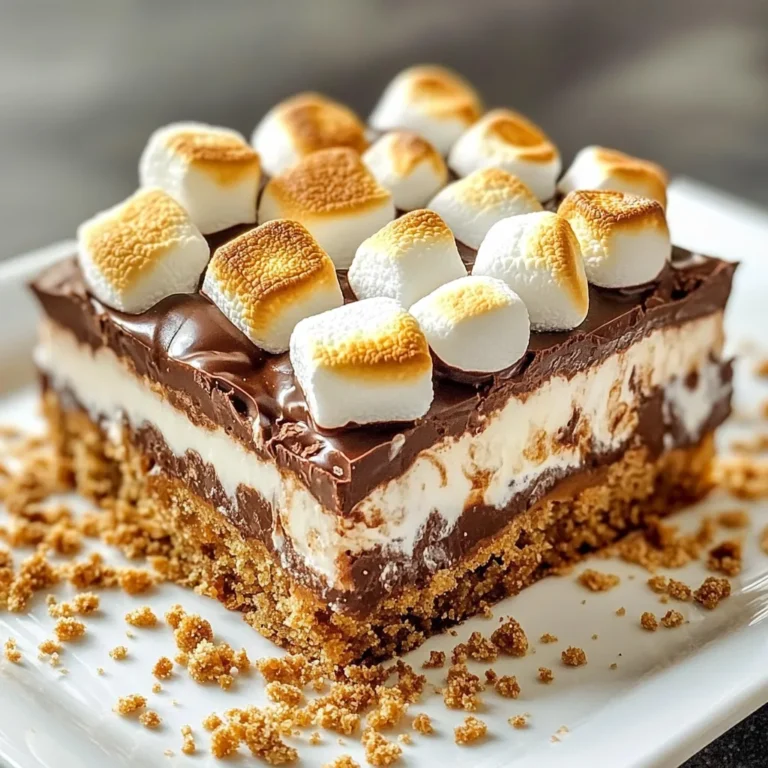 To create these S'mores Dream Bars, you will need: - 1 cup graham cracker crumbs - 1/2 cup unsweetened cocoa powder - 1/3 cup brown sugar - 1/2 teaspoon salt - 1/2 cup unsalted butter, melted - 1 1/2 cups mini marshmallows - 1 cup chocolate chips (milk or dark) - 1/2 teaspoon vanilla extract - 1/4 cup chopped nuts (optional) These simple ingredients come together to make a treat that everyone loves. You can easily swap some ingredients for your needs: - Use gluten-free graham cracker crumbs for a gluten-free option. - Replace cocoa powder with carob powder for a different flavor. - If you don’t have brown sugar, white sugar works too. - Use coconut oil instead of butter for a dairy-free version. These swaps keep the spirit of the bars while catering to different diets. Feel free to customize your bars with these add-ins: - Add 1/4 cup of chopped nuts for extra crunch. - Use white chocolate chips for a sweeter touch. - Mix in crushed candy bars for a fun twist. - Try adding a pinch of sea salt on top for a flavor boost. These optional add-ins make the bars unique and fun to share! {{ingredient_image_1}} Start by gathering all your ingredients. You will need graham cracker crumbs, cocoa powder, brown sugar, salt, butter, mini marshmallows, chocolate chips, vanilla extract, and nuts if you want. Preheat your oven to 350°F (175°C). Line an 8x8 inch baking dish with parchment paper. Leave a little overhang to help remove the bars later. In a medium bowl, mix graham cracker crumbs, cocoa powder, brown sugar, and salt. Stir until it is well combined. Pour in the melted butter and mix. You want it to look like wet sand. Press the mixture firmly into the bottom of the prepared baking dish. This will form your crust. Bake the crust in the oven for 10 minutes. After baking, take it out and let it cool for 5 minutes. Now, sprinkle the chocolate chips evenly over the warm crust. Then, add the mini marshmallows on top. If you choose to use nuts, sprinkle them over the marshmallows. Return the baking dish to the oven and bake for another 10 minutes. Look for golden brown and gooey marshmallows. This will give your bars a special texture and taste. Once baked, take the S'mores Dream Bars out of the oven. Let them cool completely in the pan for about 30 minutes. Use the parchment overhang to lift the bars out easily. Cut them into squares. For a fun touch, drizzle melted chocolate on top before serving. Serve the bars on a rustic wooden board with extra chocolate pieces for decoration. Adding toasted mini marshmallows on top makes them look even better! To make the best S'more Bars, I recommend using fresh ingredients. Fresh marshmallows melt better and give a nice gooey texture. Use high-quality chocolate chips for a rich flavor. If you prefer dark chocolate, go for it! It adds a deep taste to the bars. When mixing the crust, make sure the butter is fully melted. This helps the crumbs stick together. Press the crust firmly into the pan. A well-pressed crust keeps the bars from falling apart. Bake it just until firm and slightly set. One common mistake is overbaking the marshmallows. Watch them closely as they bake. You want them golden and gooey, not burnt. If you bake too long, they can turn hard. Another mistake is using too many toppings. While nuts can add crunch, too many can overwhelm the flavors. Stick to one or two add-ins for balance. Lastly, don’t skip cooling time. Letting the bars cool helps them set properly. You can easily boost flavor with simple tweaks. Try adding a splash of vanilla extract to the crust. This small addition makes a big difference in taste. For a fun twist, mix in some peanut butter with the chocolate. Peanut butter and chocolate pair perfectly! You can also sprinkle sea salt on top before baking. The salt enhances the sweetness and adds a nice contrast. Lastly, drizzling melted chocolate on top adds a beautiful finish. It also makes the bars even more indulgent. Enjoy your S'more Bars as a delightful treat! Pro Tips Use Fresh Ingredients: Always use fresh mini marshmallows and chocolate chips for the best flavor and texture. Stale ingredients can affect the final outcome. Chill Before Cutting: After cooling, refrigerate the bars for about 15 minutes before cutting. This helps them set up better and makes slicing easier. Experiment with Flavors: Feel free to customize your S'mores Dream Bars by adding flavored chocolate chips or a sprinkle of sea salt for a gourmet touch. Double the Recipe: If you're serving a crowd, consider doubling the recipe and using a larger baking dish to ensure everyone gets a taste! {{image_2}} Get creative with your S'mores bars! You can add different flavors to make them special. Try peanut butter by mixing in 1/2 cup of creamy peanut butter with the melted butter. This will give your bars a rich, nutty taste. You can also use caramel. Just drizzle warm caramel over the chocolate chips before adding marshmallows. These flavors will change the game! If you want a healthier treat, use oats or whole wheat flour. Swap out graham cracker crumbs with 1 cup of rolled oats or whole wheat flour. This change adds fiber and nutrients. You can also use coconut oil instead of butter. This option makes the bars dairy-free. Look for sugar substitutes like coconut sugar or honey for a lower calorie count. Make your S'mores bars fit the seasons. In fall, add pumpkin spice to the crust. Mix 1 teaspoon of pumpkin pie spice into the graham cracker mixture. You can also use crushed candy canes during the winter holidays. Just sprinkle them on top of the marshmallows before baking. These small changes add fun flavors that match the time of year. To keep your S'mores Dream Bars fresh, store them in an airtight container. This helps prevent them from drying out. You can layer parchment paper between bars to avoid sticking. Keep them in a cool, dry place. If your kitchen is warm, the fridge is best. You can freeze S'more Bars for later enjoyment. First, let them cool completely. Then, cut them into squares. Wrap each square in plastic wrap. Place the wrapped bars in a freezer bag. They will last up to three months in the freezer. When you want a bar, just take it out and let it thaw. To enjoy warm S'mores Bars again, reheat them in the oven. Preheat it to 300°F (150°C). Place the bars on a baking sheet. Heat for about 10 minutes. This will make the chocolate melty and the marshmallows gooey again. You can also microwave a single bar for about 10-15 seconds. Enjoy the gooey goodness! Yes, you can make S'more Bars ahead of time. I often prepare them the night before a gathering. This way, they cool overnight and are ready to serve the next day. Just store them in an airtight container. This keeps them fresh and tasty. S'more Bars stay fresh for about five days when stored properly. Keep them in an airtight container at room temperature. If you want to keep them longer, consider freezing them. They can last up to three months in the freezer. Just thaw them at room temperature before serving. Absolutely! You can use any chocolate you like. Milk chocolate gives a sweet flavor, while dark chocolate adds richness. White chocolate can also work well. If you want something special, try flavored chocolate, like mint or raspberry. The choice is yours! In this article, we explored how to make delicious s'more bars. We covered the ingredients, including substitutes and add-ins, to enhance flavor. I provided step-by-step instructions for preparation, baking, and serving. You learned vital tips to perfect your bars, avoid common mistakes, and enjoy various flavor options. Storing and reheating tips help keep your s'more bars fresh. Now, you have all the tools to bake amazing s'more bars, share with friends, and enjoy for yourself. Happy baking!