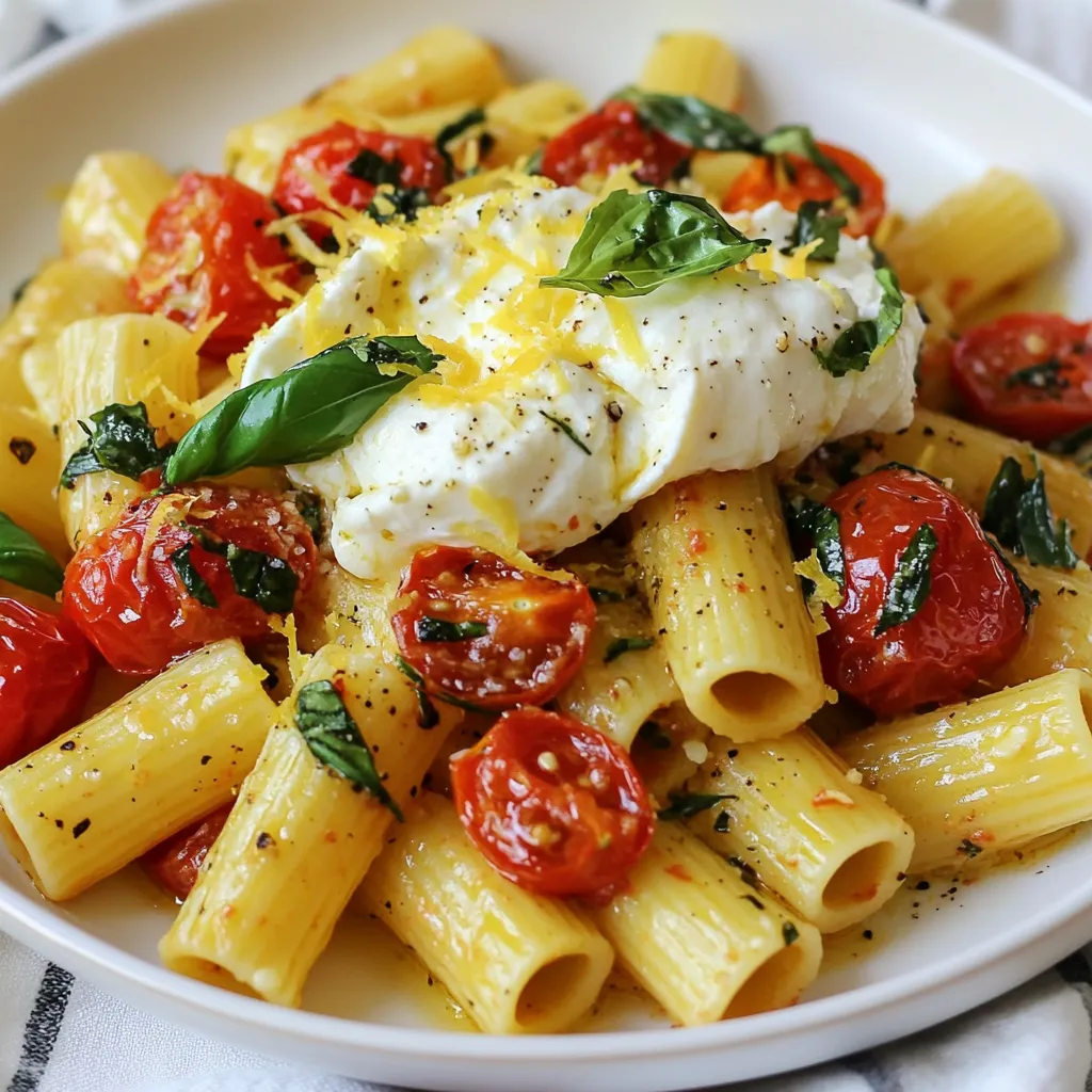 - 10 oz (280g) pasta of your choice (spaghetti, rigatoni, or penne) - 2 cups cherry tomatoes, halved - 1 bulb of garlic, unpeeled - 3 tablespoons olive oil - 1 teaspoon red pepper flakes - Salt and pepper to taste - 1 cup fresh basil leaves, torn - 8 oz burrata cheese - Zest of 1 lemon - 2 tablespoons lemon juice - Freshly grated Parmesan cheese (for serving, optional) For this dish, I love using pasta like spaghetti, rigatoni, or penne. They hold the sauce well. Cherry tomatoes are key for this recipe. Halve them for even cooking and bursting flavor. Don't forget the garlic! Use a whole bulb, unpeeled. It gets sweet when roasted, adding depth. Olive oil is crucial for roasting. It helps tomatoes caramelize and brings out their sweetness. Red pepper flakes give a nice kick. Adjust the amount to your taste. Use salt and pepper to highlight the flavors. Now, let's talk about burrata cheese. It's creamy and rich, making it a star in this dish. Choose fresh burrata for the best taste and texture. The lemon zest and juice brighten up the pasta, balancing the creaminess. - Additional cheeses: Parmesan for serving - Herbs and spices: fresh basil and red pepper flakes Adding freshly grated Parmesan cheese enhances flavor. It adds a salty, nutty touch. Sprinkle it over the dish just before serving. Fresh basil brightens the entire meal. Use torn leaves for a fragrant finish. You can also add more red pepper flakes if you love spice. These optional ingredients elevate your dish and let you customize it to your taste. Now, you're all set to make a delicious burst tomato burrata pasta! {{ingredient_image_1}} Preheat your oven to 400°F (200°C). This high heat will make your tomatoes burst with flavor. For the best results, use fresh cherry tomatoes. Cut them in half and place them on a baking sheet. Also, add an unpeeled bulb of garlic. Drizzle everything with olive oil. Sprinkle with salt, pepper, and red pepper flakes. Toss to coat all the tomatoes evenly. Roast in the oven for about 20-25 minutes. Watch them closely until the tomatoes burst and the garlic becomes soft. Remove them from the oven and let them cool slightly. While the tomatoes roast, it's time to cook the pasta. Bring a large pot of salted water to a boil. Add 10 oz (280g) of your favorite pasta, like spaghetti or rigatoni. Cook until it is al dente, which means it should have a slight bite to it. This usually takes about 8-10 minutes. Don't forget to reserve about 1 cup of the pasta cooking water before draining the rest. This water will help you later in creating the sauce. Next, let’s make the sauce. Take the roasted garlic and squeeze it out of its skins into a large bowl. Add the burst tomatoes to the bowl. Now, it's time to bring in some brightness. Squeeze in 2 tablespoons of lemon juice and add the zest of one lemon. Use a fork to gently mash the mixture. You want it to be chunky, not smooth. This will give your sauce a great texture. Add the cooked pasta directly into the bowl with the tomato-garlic sauce. Toss everything together gently. If the sauce looks too thick, add some of the reserved pasta water. This will help reach your desired sauce consistency. Make sure every piece of pasta is coated well in the sauce. Now comes the fun part: serving! Plate the pasta and top each serving with a generous piece of burrata cheese. The creamy cheese will melt slightly into the warm pasta. Finish off the dish with fresh basil leaves for color and flavor. If you like, sprinkle some freshly grated Parmesan cheese on top. Enjoy your delicious burst tomato burrata pasta! To get tasty roasted tomatoes, you need good olive oil and seasoning. Olive oil keeps the tomatoes moist. It also helps them brown nicely. Salt and pepper bring out the natural flavor of the tomatoes. Red pepper flakes add a nice kick, too. Look for certain signs to know when your tomatoes are done. They should burst and look soft. The garlic should feel tender when squeezed. A sweet aroma will fill your kitchen, making your mouth water. If you have leftover pasta, store it in an airtight container. Keep it in the fridge for up to three days. To keep the pasta fresh, separate it from the sauce. This way, it won’t get soggy. When you want to reheat, use a pan on low heat. Add a splash of water or olive oil to help it heat evenly. Stir gently to avoid breaking the burrata. You can also use the microwave. Just cover the dish to keep moisture in. Pair this dish with a light white wine, like Sauvignon Blanc. Its acidity balances the richness of the burrata. If you prefer a drink without alcohol, try sparkling water with lemon. Serve with a simple side salad. A fresh green salad with a light vinaigrette works well. You could also add garlic bread for a tasty crunch. These sides will round out your meal perfectly. Pro Tips Use Seasonal Tomatoes: Opt for ripe, in-season tomatoes for the best flavor and sweetness in your pasta dish. Don't Overcook the Pasta: Cook your pasta just until al dente, as it will continue to cook slightly when combined with the hot sauce. Experiment with Cheese: If you can’t find burrata, try using fresh mozzarella or ricotta for a different texture and flavor. Save the Pasta Water: Always reserve some pasta cooking water; it helps to emulsify and create a silky sauce when mixed with the pasta. {{image_2}} You can add proteins to make this dish heartier. Shrimp is a great choice. Sauté the shrimp in olive oil with garlic until cooked. Grilled chicken also works well. Cube it and toss it with the pasta. For vegetarian options, try chickpeas or lentils. Both add protein and texture without meat. If you want a vegan version, swap out the burrata cheese. Use cashew cream or a nut-based cheese. These alternatives give a creamy texture. For the sauce, consider using nutritional yeast for a cheesy flavor. You can also use a tomato-based sauce for a different twist. Change up this recipe with seasonal veggies. In spring, add asparagus or peas. In fall, try roasted butternut squash. Each season brings new flavors. You can also play with herbs. In summer, use fresh oregano; in winter, add thyme. These small changes can make the dish feel new every time. You can store leftovers in an airtight container. Keep them in the fridge for up to three days. To maintain freshness, store the burrata separately. If you want to freeze it, do so without the cheese. The pasta can last up to two months in the freezer. Yes, you can use various tomatoes. Grape tomatoes are sweet and burst nicely. Roma tomatoes provide a thicker sauce. If you prefer, use heirloom tomatoes for a unique taste. Each type will bring its own flavor and texture to the dish. Absolutely! You can use gluten-free pasta made from rice or corn. These options will work well with the sauce. Just be careful to follow the cooking instructions on the package. This way, you will get the right texture and taste. To add heat, increase the red pepper flakes. You can also add sliced fresh chili peppers. Another option is to drizzle chili oil on top before serving. Adjust the spice to your liking for a kick in every bite. When reheating, add a splash of olive oil or water. This helps keep the pasta moist. Warm it up gently on the stove or microwave. You can also top it with fresh basil or more burrata for extra flavor. This blog post covers a delicious burst tomato burrata pasta recipe. You learned about essential and optional ingredients, how to roast tomatoes, and create a creamy sauce. I shared tips for perfecting your dish and various ways to customize it. Feel free to experiment with proteins or seasonal veggies. Store any leftovers properly for another meal. Cooking is about creativity, so make this recipe your own! Enjoy each bite and share your tasty results with friends.