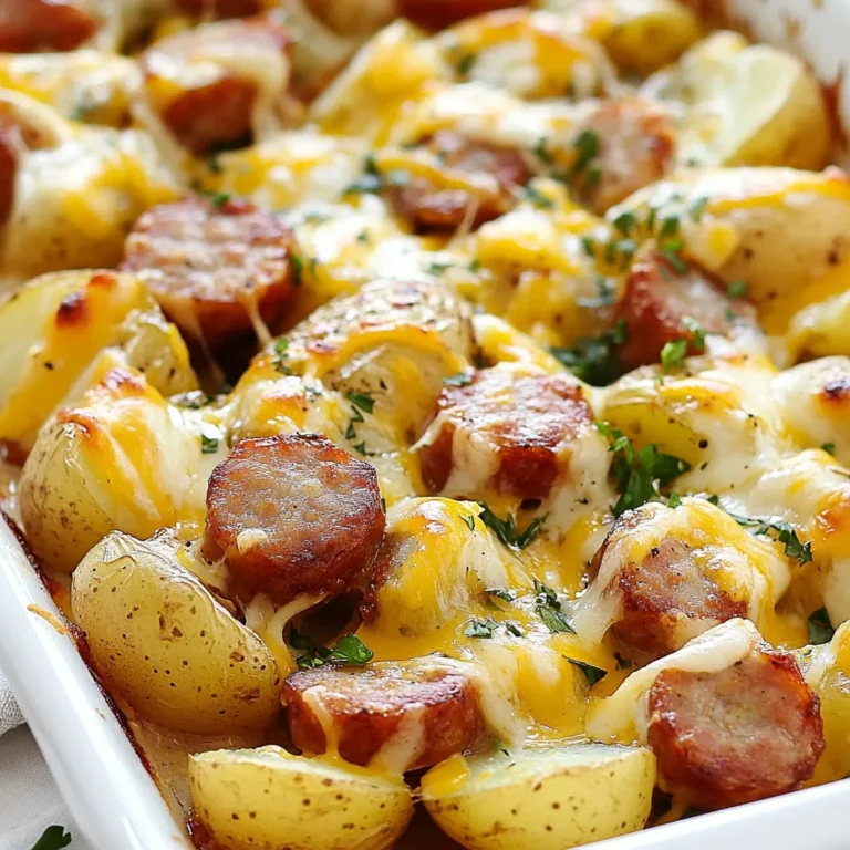 To make Cheesy Ranch Potatoes and Smoked Sausage, you will need: - 1.5 lbs baby potatoes, halved - 12 oz smoked sausage, sliced into rounds - 1 cup shredded cheddar cheese - 1/2 cup ranch dressing - 1 tablespoon olive oil - 1 teaspoon garlic powder - 1 teaspoon onion powder - 1/2 teaspoon paprika - Salt and pepper to taste - Fresh chopped parsley for garnish If you want to change things up, here are some great swaps: - Use sweet potatoes instead of baby potatoes for a sweeter taste. - Swap smoked sausage for turkey sausage or chicken sausage for a lighter dish. - Try different cheese like pepper jack or mozzarella for a new flavor. - Use Greek yogurt in place of ranch dressing for a tangy twist. - Fresh herbs like chives or cilantro can replace parsley for garnish. Each serving gives you a hearty meal with: - Calories: approximately 450 - Protein: 20g - Carbohydrates: 40g - Fat: 25g - Fiber: 4g - Sodium: 800mg This dish packs a punch of flavor while still being filling and satisfying. Enjoy every bite! {{ingredient_image_1}} Start by gathering all your ingredients. You need 1.5 lbs of baby potatoes, 12 oz of smoked sausage, and 1 cup of shredded cheddar cheese. Also, have 1/2 cup of ranch dressing, 1 tablespoon of olive oil, 1 teaspoon each of garlic powder and onion powder, and 1/2 teaspoon of paprika. Don’t forget salt and pepper for taste. Halve the baby potatoes and slice the smoked sausage into rounds. This setup makes cooking easy and fun. Preheat your oven to 400°F (200°C). In a large bowl, toss the halved potatoes with olive oil, garlic powder, onion powder, paprika, salt, and pepper. Ensure all the potatoes get coated well. Spread them out in a single layer on a baking sheet. Roast them in the oven for 25 minutes. When done, the potatoes should be tender and start to turn golden brown. This step sets a great flavor base. While the potatoes roast, heat a skillet over medium heat. Add the sliced smoked sausage to the skillet. Cook the sausage for about 5-7 minutes, until it turns brown and is heated through. The sausage adds a nice smoky flavor to the dish. Stir it occasionally so it cooks evenly. After roasting the potatoes, take them out of the oven. Add the cooked smoked sausage right onto the baking sheet with the potatoes. Drizzle the ranch dressing over everything, making sure it covers well. Next, sprinkle the shredded cheddar cheese on top. Return the baking sheet to the oven. Bake for another 10-15 minutes until the cheese is melted and bubbly. Once it's done, let it cool for a few minutes. Garnish with fresh chopped parsley before serving. Enjoy your flavorful Cheesy Ranch Potatoes and Smoked Sausage! To get the best roasted potatoes, always cut them evenly. I like to halve the baby potatoes. This way, they cook at the same rate. Toss them with olive oil and spices. Make sure they are well-coated. Spread them in a single layer on your baking sheet. This helps them crisp up nicely. If they are too crowded, they will steam instead of roast. For perfect melted cheese, use fresh shredded cheddar. Pre-shredded cheese has anti-caking agents. These can prevent it from melting smoothly. Sprinkle the cheese on top of the dish just before finishing in the oven. This way, it melts beautifully and gets bubbly. If you want extra flavor, mix in some grated Parmesan with the cheddar. Here are some tools I find helpful when making this dish: - Large mixing bowl - Baking sheet - Skillet for browning sausage - Spatula or spoon for mixing - Knife and cutting board for chopping These tools make your cooking easier and keep your kitchen organized. Having the right tools can make a big difference! Pro Tips Use Fresh Herbs: Fresh chopped parsley adds a burst of flavor and color. You can also try using chives or cilantro for a different twist. Adjust Spice Levels: If you like it spicy, consider adding a pinch of cayenne pepper or red pepper flakes to the seasoning mix. Cheese Variations: Experiment with different types of cheese such as Monterey Jack or pepper jack for a unique flavor profile. Perfectly Cooked Sausage: Make sure the smoked sausage is well-browned for added flavor. This step enhances the overall taste of the dish. {{image_2}} You can easily turn this dish into a vegetarian delight. Instead of smoked sausage, use your favorite plant-based protein. Options like seitan, tempeh, or even hearty mushrooms work well. For added flavor, season your protein with some smoked paprika. The key is to ensure the flavors balance well with the cheesy ranch sauce. Feel free to mix up the seasonings! Instead of garlic and onion powder, try using Italian herbs like oregano and basil. For a spicy kick, add a pinch of cayenne pepper. You can also top with different cheeses like pepper jack or mozzarella for a unique twist. Fresh herbs like chives or cilantro can brighten the dish. This dish is versatile for any season. In fall, serve it alongside a pumpkin soup for a cozy meal. In summer, pair it with a crisp salad and fresh tomatoes. For winter gatherings, add a warm bread basket for a comforting feast. You can also use holiday-themed serving dishes to make it festive! To store leftovers, let the dish cool down first. Then, transfer it to an airtight container. Keep it in the fridge for up to three days. Make sure to cover it well to keep the flavors fresh. You can also separate the potatoes and sausage if you prefer. For the best taste, reheat in the oven. Preheat the oven to 350°F (175°C). Place the leftovers in an oven-safe dish. Cover it with foil to keep it moist. Heat for about 15-20 minutes until warm. You can also use the microwave for quick reheating. Just heat in short bursts and stir in between. You can freeze this dish for later. First, let it cool completely. Then, place servings in freezer-safe bags or containers. Remove as much air as possible before sealing. Label the bags with the date. It can stay fresh in the freezer for up to three months. When ready to eat, thaw in the fridge overnight and reheat as described above. To make Cheesy Ranch Potatoes and Smoked Sausage in a slow cooker, start by preparing the ingredients. Cut the baby potatoes in half and slice the smoked sausage into rounds. In the slow cooker, combine the potatoes, sausage, ranch dressing, garlic powder, onion powder, paprika, salt, and pepper. Mix well to coat everything. Cook on low for 4-6 hours or on high for 2-3 hours. When done, sprinkle the cheese on top and cover until it melts. Yes, you can use any type of sausage you like. Chicken sausage, turkey sausage, or even veggie sausage work well. Each will give the dish a unique flavor. Just be sure to slice it into rounds for even cooking. Adjust cooking time if needed, based on the sausage type you choose. Cheesy Ranch Potatoes and Smoked Sausage pair well with many sides. Consider serving a fresh garden salad or steamed green beans for balance. Roasted vegetables like broccoli or carrots add color and nutrition. You can also serve cornbread or garlic bread for a hearty meal. To make this dish healthier, consider these tips: - Use less cheese or opt for a lower-fat cheese. - Substitute ranch dressing with a lighter version or Greek yogurt. - Add more vegetables like bell peppers or spinach for extra nutrients. - Use leaner sausage options to reduce fat content. This blog covered key parts to make Cheesy Ranch Potatoes and Smoked Sausage. We listed ingredients, cooking steps, and helpful tips. I shared ways to adapt the dish and store leftovers. Remember, cooking is fun, and there are many ways to enjoy your meal. Try new flavors or swap ingredients to fit your taste. Enjoy your cooking journey and be proud of your tasty creations!