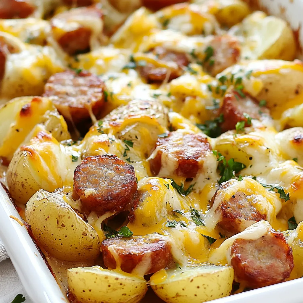 To make Cheesy Ranch Potatoes and Smoked Sausage, you will need: - 1.5 lbs baby potatoes, halved - 12 oz smoked sausage, sliced into rounds - 1 cup shredded cheddar cheese - 1/2 cup ranch dressing - 1 tablespoon olive oil - 1 teaspoon garlic powder - 1 teaspoon onion powder - 1/2 teaspoon paprika - Salt and pepper to taste - Fresh chopped parsley for garnish If you want to change things up, here are some great swaps: - Use sweet potatoes instead of baby potatoes for a sweeter taste. - Swap smoked sausage for turkey sausage or chicken sausage for a lighter dish. - Try different cheese like pepper jack or mozzarella for a new flavor. - Use Greek yogurt in place of ranch dressing for a tangy twist. - Fresh herbs like chives or cilantro can replace parsley for garnish. Each serving gives you a hearty meal with: - Calories: approximately 450 - Protein: 20g - Carbohydrates: 40g - Fat: 25g - Fiber: 4g - Sodium: 800mg This dish packs a punch of flavor while still being filling and satisfying. Enjoy every bite! {{ingredient_image_1}} Start by gathering all your ingredients. You need 1.5 lbs of baby potatoes, 12 oz of smoked sausage, and 1 cup of shredded cheddar cheese. Also, have 1/2 cup of ranch dressing, 1 tablespoon of olive oil, 1 teaspoon each of garlic powder and onion powder, and 1/2 teaspoon of paprika. Don’t forget salt and pepper for taste. Halve the baby potatoes and slice the smoked sausage into rounds. This setup makes cooking easy and fun. Preheat your oven to 400°F (200°C). In a large bowl, toss the halved potatoes with olive oil, garlic powder, onion powder, paprika, salt, and pepper. Ensure all the potatoes get coated well. Spread them out in a single layer on a baking sheet. Roast them in the oven for 25 minutes. When done, the potatoes should be tender and start to turn golden brown. This step sets a great flavor base. While the potatoes roast, heat a skillet over medium heat. Add the sliced smoked sausage to the skillet. Cook the sausage for about 5-7 minutes, until it turns brown and is heated through. The sausage adds a nice smoky flavor to the dish. Stir it occasionally so it cooks evenly. After roasting the potatoes, take them out of the oven. Add the cooked smoked sausage right onto the baking sheet with the potatoes. Drizzle the ranch dressing over everything, making sure it covers well. Next, sprinkle the shredded cheddar cheese on top. Return the baking sheet to the oven. Bake for another 10-15 minutes until the cheese is melted and bubbly. Once it's done, let it cool for a few minutes. Garnish with fresh chopped parsley before serving. Enjoy your flavorful Cheesy Ranch Potatoes and Smoked Sausage! To get the best roasted potatoes, always cut them evenly. I like to halve the baby potatoes. This way, they cook at the same rate. Toss them with olive oil and spices. Make sure they are well-coated. Spread them in a single layer on your baking sheet. This helps them crisp up nicely. If they are too crowded, they will steam instead of roast. For perfect melted cheese, use fresh shredded cheddar. Pre-shredded cheese has anti-caking agents. These can prevent it from melting smoothly. Sprinkle the cheese on top of the dish just before finishing in the oven. This way, it melts beautifully and gets bubbly. If you want extra flavor, mix in some grated Parmesan with the cheddar. Here are some tools I find helpful when making this dish: - Large mixing bowl - Baking sheet - Skillet for browning sausage - Spatula or spoon for mixing - Knife and cutting board for chopping These tools make your cooking easier and keep your kitchen organized. Having the right tools can make a big difference! Pro Tips Use Fresh Herbs: Fresh chopped parsley adds a burst of flavor and color. You can also try using chives or cilantro for a different twist. Adjust Spice Levels: If you like it spicy, consider adding a pinch of cayenne pepper or red pepper flakes to the seasoning mix. Cheese Variations: Experiment with different types of cheese such as Monterey Jack or pepper jack for a unique flavor profile. Perfectly Cooked Sausage: Make sure the smoked sausage is well-browned for added flavor. This step enhances the overall taste of the dish. {{image_2}} You can easily turn this dish into a vegetarian delight. Instead of smoked sausage, use your favorite plant-based protein. Options like seitan, tempeh, or even hearty mushrooms work well. For added flavor, season your protein with some smoked paprika. The key is to ensure the flavors balance well with the cheesy ranch sauce. Feel free to mix up the seasonings! Instead of garlic and onion powder, try using Italian herbs like oregano and basil. For a spicy kick, add a pinch of cayenne pepper. You can also top with different cheeses like pepper jack or mozzarella for a unique twist. Fresh herbs like chives or cilantro can brighten the dish. This dish is versatile for any season. In fall, serve it alongside a pumpkin soup for a cozy meal. In summer, pair it with a crisp salad and fresh tomatoes. For winter gatherings, add a warm bread basket for a comforting feast. You can also use holiday-themed serving dishes to make it festive! To store leftovers, let the dish cool down first. Then, transfer it to an airtight container. Keep it in the fridge for up to three days. Make sure to cover it well to keep the flavors fresh. You can also separate the potatoes and sausage if you prefer. For the best taste, reheat in the oven. Preheat the oven to 350°F (175°C). Place the leftovers in an oven-safe dish. Cover it with foil to keep it moist. Heat for about 15-20 minutes until warm. You can also use the microwave for quick reheating. Just heat in short bursts and stir in between. You can freeze this dish for later. First, let it cool completely. Then, place servings in freezer-safe bags or containers. Remove as much air as possible before sealing. Label the bags with the date. It can stay fresh in the freezer for up to three months. When ready to eat, thaw in the fridge overnight and reheat as described above. To make Cheesy Ranch Potatoes and Smoked Sausage in a slow cooker, start by preparing the ingredients. Cut the baby potatoes in half and slice the smoked sausage into rounds. In the slow cooker, combine the potatoes, sausage, ranch dressing, garlic powder, onion powder, paprika, salt, and pepper. Mix well to coat everything. Cook on low for 4-6 hours or on high for 2-3 hours. When done, sprinkle the cheese on top and cover until it melts. Yes, you can use any type of sausage you like. Chicken sausage, turkey sausage, or even veggie sausage work well. Each will give the dish a unique flavor. Just be sure to slice it into rounds for even cooking. Adjust cooking time if needed, based on the sausage type you choose. Cheesy Ranch Potatoes and Smoked Sausage pair well with many sides. Consider serving a fresh garden salad or steamed green beans for balance. Roasted vegetables like broccoli or carrots add color and nutrition. You can also serve cornbread or garlic bread for a hearty meal. To make this dish healthier, consider these tips: - Use less cheese or opt for a lower-fat cheese. - Substitute ranch dressing with a lighter version or Greek yogurt. - Add more vegetables like bell peppers or spinach for extra nutrients. - Use leaner sausage options to reduce fat content. This blog covered key parts to make Cheesy Ranch Potatoes and Smoked Sausage. We listed ingredients, cooking steps, and helpful tips. I shared ways to adapt the dish and store leftovers. Remember, cooking is fun, and there are many ways to enjoy your meal. Try new flavors or swap ingredients to fit your taste. Enjoy your cooking journey and be proud of your tasty creations!