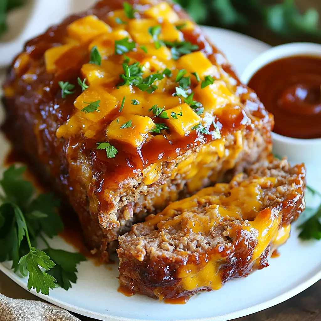 To make BBQ cheddar meatloaf, you need these key ingredients: - 1 lb ground beef - 1 cup breadcrumbs - 1/2 cup sharp cheddar cheese, shredded - 1/2 cup BBQ sauce (plus more for topping) - 1/2 cup onion, finely chopped - 1/4 cup milk - 1 large egg - 1 tablespoon Worcestershire sauce - 1 teaspoon garlic powder - 1 teaspoon smoked paprika - Salt and pepper to taste These ingredients blend well to create a moist and tasty meatloaf. The ground beef forms the base, while breadcrumbs add texture. Sharp cheddar cheese brings that cheesy flavor you crave. BBQ sauce, both in the mix and as a topping, gives the meatloaf a sweet and smoky kick. The onion adds a nice crunch. For a bit of color and freshness, you can use: - Fresh parsley for garnishing Garnishing with parsley looks nice and adds a fresh taste to your dish. Pair your BBQ cheddar meatloaf with sides that complement its flavors: - Coleslaw - Roasted vegetables - Extra BBQ sauce for dipping These sides balance the richness of the meatloaf. They add crunch and brightness to each bite. Enjoying it on a rustic wooden platter makes the meal feel special. {{ingredient_image_1}} 1. Preheat your oven to 350°F (175°C). This step is key for even cooking. 2. In a large bowl, mix the ground beef, breadcrumbs, and sharp cheddar cheese. 3. Add the finely chopped onion, milk, egg, and BBQ sauce. 4. Next, include Worcestershire sauce, garlic powder, smoked paprika, salt, and pepper. 5. Mix all the ingredients until they are well combined. Don’t overmix; it keeps the meatloaf tender. 6. Transfer the meat mixture into a loaf pan and shape it into a loaf. 7. Spread a thin layer of BBQ sauce on top for extra flavor. 1. Place the loaf pan in the preheated oven. 2. Bake for one hour. This allows the meatloaf to cook through. 3. Check the internal temperature. It should be 160°F (70°C) for safe eating. 4. After baking, remove the meatloaf from the oven. 5. Let it rest for ten minutes before slicing. This helps the juices redistribute. 6. For serving, drizzle extra BBQ sauce over each slice for a tasty touch. 7. You can garnish with freshly chopped parsley if you like. To check if your meatloaf is done, use a meat thermometer. Insert it into the center. If it reads 160°F (70°C), it’s safe to eat. If not, put it back in the oven for a few more minutes. Letting it rest is also important. It makes the meatloaf easier to slice and keeps it moist. To keep your meatloaf moist, use the right balance of ingredients. The ground beef should have some fat, ideally 80/20 or 85/15. This fat helps lock in moisture. Add milk and breadcrumbs to the mix; they soak up juice and keep your meatloaf tender. Be gentle when mixing. Overmixing can lead to a tough texture. Seasonings are key to great taste. Don't skip the garlic powder and smoked paprika; they add depth. Worcestershire sauce gives a savory kick. You can also play with flavors. Try adding herbs like thyme or oregano for a fresh twist. A touch of hot sauce can spice things up, too. Slice the meatloaf and serve it hot. Drizzle more BBQ sauce on top for added flavor. A sprinkle of fresh parsley brightens the dish. Pair it with coleslaw or roasted veggies for a complete meal. You can also serve it on a rustic platter for a fun presentation. Add a small bowl of BBQ sauce for dipping, and enjoy! Pro Tips Use Fresh Ingredients: Always opt for fresh ground beef and high-quality cheddar cheese for the best flavor and texture in your meatloaf. Don’t Overmix: When combining the ingredients, mix just until combined to keep the meatloaf tender and avoid a dense texture. Rest Before Slicing: Allow the meatloaf to rest for at least 10 minutes after baking. This helps the juices redistribute for a moister slice. Experiment with BBQ Sauces: Try different flavors of BBQ sauce for unique twists. A sweet or smoky sauce can dramatically change the flavor profile. {{image_2}} You can switch up the meat in your BBQ Cheddar Meatloaf. Ground turkey works well if you want a leaner dish. Ground pork adds a nice flavor too. You can even use a mix of meats for a unique taste. Just remember, cooking times may vary slightly based on the meat you choose. While sharp cheddar is a classic choice, feel free to explore other cheeses. Mild cheddar gives a creamier taste. Pepper jack adds a spicy kick. For a rich flavor, try gouda or mozzarella. Mix and match to find your perfect cheese blend. The BBQ sauce you use can change the whole dish. Sweet sauces add a nice glaze, while tangy ones give a bold flavor. Try a smoky BBQ sauce for a more robust taste. You can also make your own sauce with ketchup, vinegar, and spices for a personal touch. Experiment to discover your favorite BBQ flavor! To store leftover BBQ cheddar meatloaf, let it cool first. Wrap it tightly in plastic wrap or foil. You can also place it in an airtight container. Store it in the fridge for up to four days. This keeps the meatloaf fresh and tasty. For longer storage, freeze the meatloaf. Slice it into portions for easy use later. Wrap each slice separately in plastic wrap, then place them in a freezer bag. Remove as much air as possible. You can freeze it for up to three months. Always label the bag with the date. To reheat, use the oven for best results. Preheat your oven to 350°F (175°C). Place the meatloaf on a baking sheet. Cover it with foil to keep it moist. Heat for about 20 minutes or until warm throughout. You can also microwave individual slices. Heat them for 1-2 minutes, checking often. Enjoy your tasty meatloaf! The key to a juicy meatloaf lies in the ingredients and mix. Use ground beef with some fat. This helps keep it moist. Adding milk, eggs, and BBQ sauce also helps. Be sure not to overmix; this can make the meatloaf tough. Mixing gently keeps it tender and juicy. Also, let it rest after baking. This allows the juices to settle back into the meat. Yes, you can use ground turkey! It works well in this recipe. However, turkey is leaner than beef. To keep it moist, add extra milk or a bit more BBQ sauce. You can also mix in some chopped veggies for added moisture and flavor. Just remember that turkey may cook faster, so keep an eye on the time. To check if the meatloaf is done, use a meat thermometer. The internal temperature should reach 160°F (70°C). If you don’t have a thermometer, look for a firm texture and no pink in the center. Let the meatloaf rest for 10 minutes after baking. This helps with slicing and keeps it juicy. BBQ Cheddar Meatloaf goes well with many sides. Some great options are: - Coleslaw - Roasted vegetables - Mashed potatoes - Baked beans - Cornbread These sides complement the rich flavors of the meatloaf and add variety to your meal. Enjoy mixing and matching! In this blog post, we explored the best ingredients, steps, and tips for BBQ Cheddar Meatloaf. You learned about key ingredients and how to cook the meatloaf to perfection. I shared ideas for variations to suit your taste and how to store leftovers. Remember, a juicy meatloaf starts with the right mix of ingredients and careful cooking. Enjoy your BBQ Cheddar Meatloaf on its own or with tasty sides for a meal everyone will love. Happy cooking!