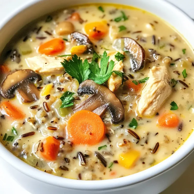 Wild rice is the star of this dish. It adds a nutty flavor and chewy texture. Use 1 cup of wild rice, rinsed well before cooking. Rinsing helps remove excess starch and keeps the texture just right. Fresh veggies add color and taste. For this soup, I use: - 1 medium onion, diced - 3 cloves garlic, minced - 2 cups mushrooms, sliced (cremini or button) - 2 medium carrots, diced - 2 celery stalks, diced These vegetables bring great flavor and nutrients. The onion and garlic create a strong base. The mushrooms add depth, while carrots and celery give a sweet touch. Chicken adds heartiness to the soup. You will need: - 1 pound chicken breast, diced - 6 cups chicken broth The chicken broth is key for a rich taste. It forms the base of your soup and blends well with all other flavors. Seasoning makes everything pop. Use: - 1 teaspoon dried thyme - 1 teaspoon dried parsley - Salt and pepper to taste - 1 cup heavy cream or coconut milk (for a dairy-free option) Thyme and parsley give a fresh taste. The cream or coconut milk adds creaminess and richness. Adjust salt and pepper to fit your taste. {{ingredient_image_1}} Start by gathering all your ingredients. You will need wild rice, olive oil, onion, garlic, mushrooms, carrots, celery, chicken, chicken broth, thyme, parsley, salt, pepper, and heavy cream or coconut milk. Rinse the wild rice under cold water. Dice the onion, carrots, and chicken into small pieces. Slice the mushrooms and mince the garlic. In a large pot, heat the olive oil over medium heat. Add the diced onion and sauté for 2-3 minutes until it softens. Next, stir in the minced garlic and cook for one minute until it smells good. Then, add the sliced mushrooms. Cook them for 5-6 minutes until they release their moisture. Now, add the diced carrots and celery. Stir well and cook for another 3-4 minutes. This softens the vegetables a bit. After that, add the diced chicken breast. Cook until the chicken is no longer pink, which takes about 5 minutes. Pour in the chicken broth and add the rinsed wild rice, dried thyme, and dried parsley. Season with salt and pepper to taste. Bring the soup to a boil, then reduce the heat. Let it simmer for 30-40 minutes. The wild rice will become tender and burst open. Once the rice is ready, stir in the heavy cream or coconut milk. This adds creaminess to the soup. Let it simmer for another 5 minutes. Taste the soup and adjust the seasoning if needed. For serving, ladle the soup into deep bowls and top with fresh parsley for color. You can also serve it with crusty bread for dipping. Enjoy the warmth of this cozy dish! To get the best texture, cook the wild rice until it opens. Wild rice adds a nutty bite. Make sure to stir the soup often. This keeps everything evenly cooked. If the soup is too thick, add more broth or water. If it’s too thin, let it simmer longer to thicken. For richer flavor, sauté the garlic longer. Adding herbs like thyme and parsley boosts taste. Try adding a splash of lemon juice for brightness. A pinch of red pepper flakes can add warmth if you like spice. You can also use smoked chicken for a smoky twist. Serve your soup in deep bowls. A sprinkle of fresh parsley adds a nice touch. Crusty bread is great for dipping. You can also pair it with a simple salad. This soup is perfect for chilly days, making it a cozy meal to enjoy. Pro Tips Use Fresh Ingredients: Fresh vegetables and herbs enhance the flavor of the soup significantly. Whenever possible, opt for fresh over dried. Customize Your Protein: Feel free to substitute chicken with turkey or even add cooked sausage for a different flavor profile. Thicken It Up: If you prefer a thicker soup, you can blend a portion of the soup and then stir it back in for a creamy texture without the cream. Flavor Boost: Adding a splash of white wine or lemon juice just before serving can brighten the flavors of the soup. {{image_2}} To make a dairy-free version of this soup, simply swap the heavy cream for coconut milk. Coconut milk gives a rich and creamy texture without any dairy. It adds a hint of sweetness that pairs well with the savory flavors of the soup. This change keeps the soup light while still being hearty and comforting. You can easily turn this soup into a vegetarian dish. Replace the chicken with extra mushrooms or diced firm tofu. Use vegetable broth instead of chicken broth. This keeps the flavors rich and satisfying. You can also add more vegetables like spinach or kale for added nutrients. Feel free to get creative and add more ingredients. You can toss in peas, corn, or even diced potatoes. Each addition will bring a new texture and flavor. If you like heat, add a pinch of red pepper flakes for a spicy kick. For a fresh burst, stir in some lemon juice just before serving. After making your Mushroom Chicken Wild Rice Soup, store it in an airtight container. Let it cool to room temperature first. This soup stays good in the fridge for about 3 to 4 days. Always check for signs of spoilage before eating. If you want to save some soup for later, freezing is a great option. Pour the cooled soup into freezer-safe bags or containers. Leave some space at the top, as soup expands when frozen. It can last about 3 months in the freezer. Thaw it in the fridge overnight when you are ready to eat. To reheat, pour the soup in a pot over medium heat. Stir it often to heat evenly. If it seems thick, add a bit of chicken broth or water. You can also use the microwave. Heat it in a microwave-safe bowl for 2-3 minutes. Stir halfway through to warm it well. Enjoy your cozy meal again! Mushroom Chicken Wild Rice Soup lasts about 3 to 4 days in the fridge. To keep it fresh, store it in an airtight container. The flavors can deepen over time, making it even tastier! Yes, you can use brown rice. However, it cooks faster than wild rice. Adjust the cooking time to about 20-25 minutes. This change may alter the soup's texture, but it will still be delicious. This soup pairs well with crusty bread or a fresh salad. You can also serve it with crackers for a crunchy side. These options make the meal more filling and enjoyable. Yes, this soup can be gluten-free. Use gluten-free chicken broth and ensure your seasonings are gluten-free. This way, you can enjoy the soup without any gluten concerns. To store leftovers, let the soup cool first. Then, transfer it to an airtight container. You can keep it in the fridge for a few days or freeze it for later. Just remember to label the container with the date! This article explored the rich flavors of Mushroom Chicken Wild Rice Soup. We covered key ingredients, step-by-step cooking, and helpful tips. Remember to consider variations like dairy-free and vegetarian options. Proper storage will keep your soup fresh longer. Overall, this dish is versatile and easy to make. Enjoy the comforting taste and share it with others. Your kitchen will smell amazing, and your taste buds will thank you! Keep experimenting to make it your own.