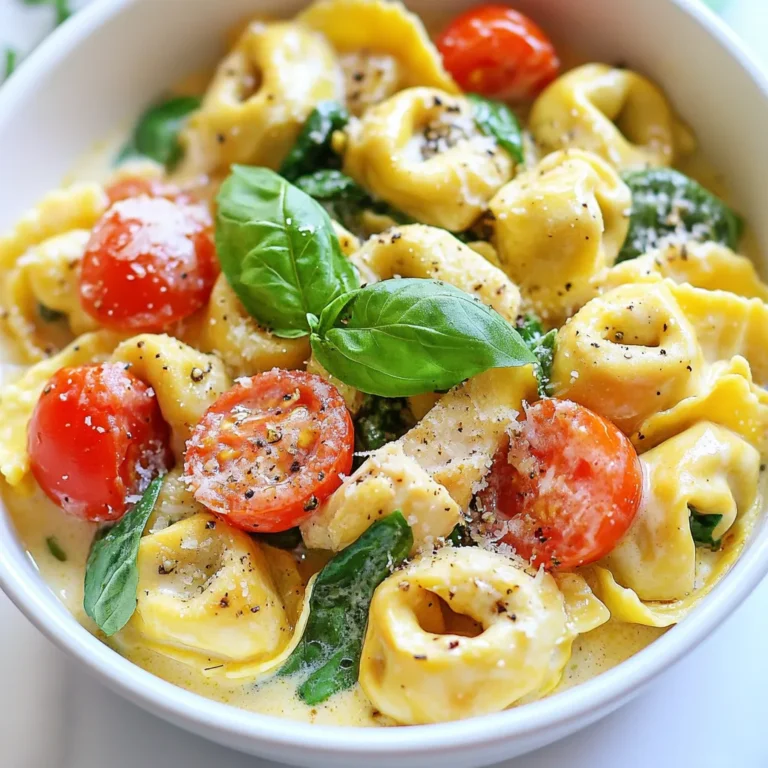 To make Marry Me Chicken Tortellini, gather these must-have items: - 2 chicken breasts, diced - 2 cups fresh tortellini (cheese or chicken filling) - 1 cup cherry tomatoes, halved - 2 cups spinach, roughly chopped - 3 cloves garlic, minced - 1 cup heavy cream - 1 cup chicken broth - 1 teaspoon Italian seasoning - Salt and pepper to taste - 1 tablespoon olive oil - Fresh basil leaves for garnish - Grated Parmesan cheese for serving These ingredients blend together to create a rich and creamy dish. The chicken adds protein, while the tortellini offers a tender bite. Spinach and tomatoes give freshness, making each bite feel light yet satisfying. If you want to take your dish to the next level, consider adding these optional items: - Red pepper flakes for heat - Mushrooms for earthiness - Sun-dried tomatoes for a tangy twist - Lemon zest for brightness These extras can make the dish even more unique. For example, red pepper flakes can add a nice kick. Lemon zest brightens the dish, making it taste fresh and vibrant. You can easily adjust this recipe for different diets by using these substitutions: - Use tofu or chickpeas instead of chicken for a vegetarian option. - Swap heavy cream with coconut milk for a dairy-free choice. - Choose gluten-free tortellini to make it gluten-free. These swaps allow everyone to enjoy this dish. You can keep the flavor strong while catering to specific needs. Feel free to experiment and make it your own! {{ingredient_image_1}} 1. Heat the Skillet: Start by heating the olive oil in a large skillet over medium heat. 2. Cook the Chicken: Add the diced chicken. Season it with salt, pepper, and Italian seasoning. Cook for 6-7 minutes, until the chicken is brown and cooked through. Remove the chicken and set it aside. 3. Sauté Garlic: In the same skillet, add the minced garlic. Sauté it for about 30 seconds. Make sure it does not burn. 4. Add Tomatoes: Next, toss in the halved cherry tomatoes. Cook them for 3-4 minutes until they soften. 5. Simmer the Broth: Pour in the chicken broth. Bring it to a simmer. Then, add the heavy cream and stir well. Let it simmer for 2-3 minutes until it thickens a bit. 6. Incorporate Spinach and Chicken: Add the roughly chopped spinach and the cooked chicken back into the skillet. Let the spinach wilt for 1-2 minutes. 7. Cook Tortellini: While the sauce cooks, prepare the tortellini according to the package instructions. Drain it and set aside. 8. Mix Everything Together: Add the cooked tortellini to the skillet. Stir gently to coat everything in the creamy sauce. Taste and adjust with more salt and pepper if needed. 9. Serve: Finally, serve hot! Garnish with fresh basil leaves and sprinkle grated Parmesan cheese on top. - Medium Heat: Always use medium heat for cooking chicken. This ensures even cooking without burning. - Simmer Gently: When simmering the sauce, avoid boiling. A gentle simmer keeps the flavors balanced. - Prep Ahead: Have all ingredients ready before starting. This helps you stay on track and speed up cooking. - Overcooking Chicken: Don't cook the chicken too long. It should be juicy, not dry. - Burning Garlic: Keep an eye on the garlic. It cooks fast and can burn easily. - Skipping Seasoning: Don’t forget to season as you go. This builds flavor in every layer. - Not Adjusting Sauce: Always taste the sauce before serving. You may need more salt or pepper for balance. To make a rich, creamy sauce, start with heavy cream. This gives the sauce a nice texture. Mix it with chicken broth for flavor. Heat the sauce gently, so it thickens without boiling. Stir often to keep it smooth. If it gets too thick, add more broth or cream. Always taste and adjust the salt and pepper. This small step makes a big difference. Garnishing makes your dish look great. Use fresh basil leaves for a pop of color. They add flavor too! Grated Parmesan cheese is another tasty touch. It adds a salty note that pairs well with the creamy sauce. A sprinkle of black pepper can also enhance the look. These simple garnishes make your dish restaurant-worthy. Marry Me Chicken Tortellini goes well with side dishes. A fresh green salad is a great choice. The crispness of the greens complements the creamy sauce. Garlic bread is another perfect pairing. It helps soak up any leftover sauce. For drinks, a light white wine works well. It balances the richness of the meal. These pairings enhance your dining experience. Pro Tips Use Fresh Ingredients: Fresh tortellini and seasonal vegetables enhance the flavor and texture of the dish, making it more vibrant and delicious. Adjust the Creaminess: If you prefer a lighter sauce, reduce the amount of heavy cream or substitute with half-and-half for a less rich flavor. Perfectly Cooked Spinach: Add the spinach just before serving to keep it vibrant and retain its nutrients, avoiding overcooking. Garnish for Flavor: Fresh basil and grated Parmesan not only add visual appeal but also enhance the dish's flavor profile significantly. {{image_2}} You can easily make Marry Me Chicken Tortellini vegetarian. Swap the chicken for mushrooms. Use a mix of cremini and shiitake for great flavor. You can also add extra veggies like zucchini or bell peppers. Replace chicken broth with vegetable broth for a rich taste. This keeps the dish both creamy and satisfying. To enhance the flavor, try adding spices. Red pepper flakes give a nice kick. Fresh herbs like thyme or oregano add depth. You can also sprinkle in some smoked paprika for a unique twist. If you like garlic, add more minced garlic for extra aroma. Each spice or herb brings a new layer to your dish. If you want variety, you can change the protein. Shrimp works well and cooks quickly. You can try diced sausage for a smoky flavor or tofu for a plant-based option. Each protein choice alters the dish's taste and texture. This makes it fun to experiment with what you have at home. After enjoying Marry Me Chicken Tortellini, store any leftovers in airtight containers. Let the dish cool to room temperature first. This helps keep the flavors fresh. Place it in the fridge for up to three days. For best taste, eat it within this time frame. When you're ready to enjoy leftovers, reheat them gently. Use a skillet over low heat. Add a splash of chicken broth or cream to keep it creamy. Stir often to heat evenly. You can also use a microwave. Heat in short bursts, stirring in between. This keeps the dish from drying out. If you want to freeze Marry Me Chicken Tortellini, do so before adding cream. Cool the dish and place it in freezer-safe bags. Squeeze out excess air to prevent freezer burn. You can freeze it for up to three months. When ready, thaw in the fridge overnight. Then, reheat on the stove with cream added back in. This keeps the texture rich and flavorful. You can use coconut milk or cashew cream. Both options work well. They give a nice creaminess without dairy. For a lighter choice, try half-and-half. This will still keep your dish rich and tasty. Yes, frozen tortellini is a great option. Just cook it according to the package directions. It saves time and still tastes good. Add it directly to the creamy sauce once cooked. Cook the chicken and sauce first. Then, cool them down and store in the fridge. You can cook the tortellini just before serving. This keeps everything fresh and warm. Absolutely! Use coconut milk or almond milk instead of heavy cream. You can also skip the cheese or use dairy-free cheese. This way, you can enjoy the dish without dairy. Yes, you can! Zucchini, bell peppers, or mushrooms are great choices. Just sauté them with the garlic. This adds flavor and nutrition to your dish. Feel free to get creative! Marry Me Chicken Tortellini is a simple dish with great flavor. We explored key ingredients, cooking steps, and helpful tips to perfect this meal. You also learned how to make it fit various diets and preferences. In closing, try different spices or vegetables to make it your own. This dish can be a crowd-pleaser and sparks joy around the table. Enjoy cooking and sharing it with others!