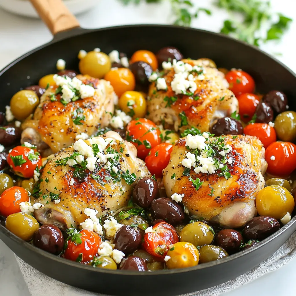 - 4 boneless, skinless chicken thighs - 1 cup Kalamata olives, pitted and halved - 1 cup cherry tomatoes, halved - 1/2 cup crumbled feta cheese - 2 cloves garlic, minced - 1 teaspoon dried oregano - 1 teaspoon dried thyme - 1/4 teaspoon red pepper flakes (optional) - 2 tablespoons olive oil - Salt and pepper to taste - Fresh parsley, chopped for garnish When I make this Keto Chicken Skillet, I gather fresh ingredients. The chicken thighs are juicy and tender. Kalamata olives add a briny flavor that pairs well with the chicken. Cherry tomatoes bring a burst of sweetness. Feta cheese gives a creamy and tangy touch. I love using minced garlic. It adds warmth to the dish. Dried oregano and thyme bring a Mediterranean feel. If you like heat, add red pepper flakes for a kick. Olive oil is my go-to for cooking. It adds richness and helps to brown the chicken. Don’t forget salt and pepper. They are key to enhancing the flavors. Fresh parsley is a bright finish. It makes the dish look and taste fresh. - Skillet - Knife and cutting board - Measuring spoons Using the right tools makes cooking easier. A good skillet is essential for even cooking. A sharp knife helps chop ingredients quickly. Measuring spoons ensure accurate amounts of spices. Nutritional info is vital for a keto diet. Each serving has about: - Calories: 400 - Fats: 30g - Proteins: 30g - Carbs: 8g This dish fits perfectly in a keto meal plan. Each bite is both satisfying and healthy. {{ingredient_image_1}} First, gather your chicken thighs. Season them well with salt, pepper, oregano, and thyme. This mix adds great flavor. Heat the olive oil in a large skillet over medium heat. Once the oil is hot, place the seasoned chicken in the skillet. Cook each thigh for about 5-7 minutes on each side. You want them golden brown and fully cooked. After cooking the chicken, take it out and set it aside on a plate. In the same skillet, add minced garlic. Sauté the garlic for about 30 seconds. You will know it’s ready when it smells fragrant. This step builds a great base for your dish. Next, add the halved cherry tomatoes and Kalamata olives to the skillet. Stir them well and sauté for another 3-4 minutes. The tomatoes should soften but stay firm. After that, nestle the cooked chicken back into the skillet. Sprinkle the crumbled feta cheese all over the top. The cheese will melt slightly and blend beautifully with the other flavors. Cover the skillet with a lid. Let it cook on low heat for 2-3 minutes. This allows the flavors to meld together nicely. Once done, take off the lid and remove the skillet from the heat. Finally, garnish with fresh chopped parsley before serving. Enjoy your Keto Chicken Skillet with Olives and Feta! To cook chicken thighs perfectly, timing is key. You want to cook them about 5-7 minutes on each side. This will help them get golden brown and stay juicy. Seasoning is just as important. Use salt, pepper, oregano, and thyme. This mix adds great flavor to your dish. To make sure your chicken is not overcooked, check the internal temperature. It should reach 165°F. This helps keep the chicken moist and safe to eat. A meat thermometer is a great tool for this. For the best sides, think fresh and light. A salad with greens pairs well. Cauliflower rice is another good choice. It is low in carbs and fits the keto diet. You can also serve it with steamed veggies for added crunch and color. Pro Tips Use Fresh Herbs: Fresh oregano or thyme can elevate the flavor profile of this dish, providing a more vibrant taste compared to dried herbs. Let the Chicken Rest: After cooking, allow the chicken to rest for a few minutes before serving. This helps retain its juices, making it more tender. Choose Quality Olives: Opt for high-quality Kalamata olives as they contribute significantly to the dish's overall flavor. A good brand can make a noticeable difference. Customize Your Vegetables: Feel free to add other vegetables like bell peppers or zucchini for more color and nutrition, while maintaining the Mediterranean theme. {{image_2}} You can change the flavor by using different olives or cheese. Try green olives for a milder taste. For cheese, goat cheese can work as well. If you want to switch proteins, turkey thighs or pork chops fit well. Both options can give you a new taste while keeping it keto-friendly. Adding more spices can bring new life to this dish. Consider using smoked paprika or cumin for a warm flavor. Fresh herbs like basil or dill can also enhance the taste. You can mix in other veggies too. Bell peppers or zucchini sauté nicely with the chicken and olives. This keeps your dish fresh and exciting. If you're avoiding dairy, there are good swaps for feta cheese. Use a nut-based cheese, like almond feta. This keeps the creamy texture without dairy. Another option is to use nutritional yeast. It adds a cheesy flavor while staying plant-based. To store leftovers, let the dish cool first. Place the Keto Chicken Skillet in an airtight container. This keeps moisture in and prevents it from drying out. Store it in the fridge for up to three days. Make sure to reheat only what you will eat. For the best flavor when reheating, use a skillet over low heat. Add a splash of water or olive oil to keep it moist. Stir gently to warm evenly. You can also microwave it for about one to two minutes. Stir halfway through for even heating. Avoid high heat to keep the chicken tender. Yes, you can freeze Keto Chicken Skillet! Let it cool completely before freezing. Place it in a freezer-safe container. It will keep well for up to three months. To reheat, thaw overnight in the fridge. Then, follow the reheating tips to enjoy it again. Yes, this dish fits well in a ketogenic diet. It has low carbs and high fats. - Carb Count: Each serving has about 5 grams of net carbs. - Protein: The chicken thighs provide a good source of protein. - Fats: Feta cheese and olive oil add healthy fats. This balance keeps you in ketosis while being tasty. You can prepare this dish ahead of time. It tastes great even after some time. - Storage: Keep it in an airtight container in the fridge for up to 3 days. - Reheating: Warm it in a skillet over low heat. This keeps the flavors intact. You can also use the microwave, but watch it closely. Pair this skillet with easy keto-friendly side dishes. They can enhance your meal. - Salad: A fresh green salad with olive oil dressing is perfect. - Cauliflower Rice: This is a great low-carb option. - Zucchini Noodles: Light and flavorful, they make a nice pair. These sides will complement your Keto Chicken Skillet nicely! This blog post covered a tasty Keto Chicken Skillet recipe. You learned about the key ingredients, cooking steps, and helpful tips. Variations and storage ideas make this dish flexible and convenient. Using this recipe, you can enjoy a quick, healthy meal. Don't hesitate to try new ingredients or flavor combinations. Happy cooking!