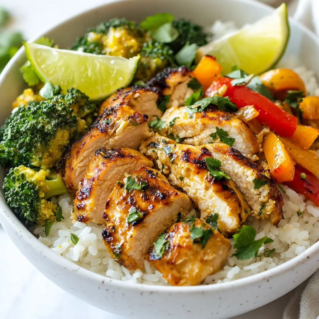 To make a tasty Coconut Chicken Rice Bowl, gather these main ingredients: - 1 cup jasmine rice - 1 can (14 oz) coconut milk - 1 cup chicken broth - 2 large chicken breasts, sliced - 2 tablespoons soy sauce - 1 tablespoon honey - 1 teaspoon garlic powder - 1 teaspoon ginger, grated - 1 tablespoon olive oil - 1 cup broccoli florets - 1 red bell pepper, sliced - Salt and pepper to taste These ingredients come together to create a rich, creamy base with tender chicken and fresh veggies. For a fun twist, consider these optional garnishes and sides: - Fresh cilantro for garnish - Lime wedges for serving These add bright flavors and a pop of color to your dish. If you have dietary needs or preferences, try these substitutions: - Use brown rice for more fiber. - Swap chicken for firm tofu for a vegan option. - Use vegetable broth instead of chicken broth for a vegetarian dish. - Select gluten-free soy sauce if you need a gluten-free version. These swaps help you enjoy the dish while meeting your dietary goals. {{ingredient_image_1}} Start by rinsing 1 cup of jasmine rice. Use cold water and rinse until the water runs clear. This step removes extra starch and helps the rice stay fluffy. After rinsing, drain the rice well. Next, grab a saucepan and add the rinsed rice, 1 can of coconut milk, and 1 cup of chicken broth. Bring this mixture to a boil over medium-high heat. Once it boils, reduce the heat to low, cover it, and let it simmer for 15 to 18 minutes. The rice is ready when it’s tender and the liquid is absorbed. While the rice cooks, heat 1 tablespoon of olive oil in a large skillet over medium heat. Add 2 sliced chicken breasts to the skillet. Season the chicken with salt, pepper, 1 teaspoon of garlic powder, and 1 teaspoon of grated ginger. Cook the chicken for 5 to 7 minutes, stirring often. It should be cooked through and no longer pink in the center. Next, stir in 2 tablespoons of soy sauce and 1 tablespoon of honey. Make sure the chicken is coated well. Then, add 1 cup of broccoli florets and 1 sliced red bell pepper to the skillet. Sauté these veggies for 3 to 4 minutes until they are tender but still crisp. Once the rice is ready, fluff it with a fork. Now, divide the coconut rice among serving bowls. Top each bowl with the chicken and vegetable mixture. For a tasty finish, garnish with fresh cilantro. Serve lime wedges on the side for an added zing. Enjoy your Coconut Chicken Rice Bowl! To make your Coconut Chicken Rice Bowl even better, add spices. Try adding a pinch of turmeric for a warm color and taste. A little cumin gives a nice earthiness. If you like heat, add some red pepper flakes or a dash of chili powder. These spices blend well with coconut. They make each bite more exciting. Cooking rice can be tricky. Rinse the jasmine rice until the water is clear. This removes extra starch. Use a mix of coconut milk and chicken broth. This gives the rice flavor and creaminess. When cooking, bring it to a boil first. Then, lower the heat and cover it. Let it simmer gently. This helps the rice cook evenly and stay fluffy. Presentation matters! Use vibrant bowls to serve your dish. Layer the rice, chicken, and veggies neatly. Add fresh cilantro on top for color and taste. A lime wedge on the side makes it look fresh. You can also sprinkle sesame seeds for a little crunch. All these small touches make your dish pop and look appealing. Pro Tips Rinse the Rice: Rinsing the jasmine rice removes excess starch, preventing it from becoming gummy and ensuring a fluffy texture. Cook Chicken Evenly: Make sure to cut the chicken breasts into uniform slices to ensure they cook evenly and achieve a perfect texture. Use Fresh Ingredients: For the best flavor, opt for fresh ginger and garlic instead of dried; they will elevate the dish with a vibrant taste. Garnish for Flavor: Fresh cilantro adds a burst of freshness, while lime juice brightens the dish; don't skip these final touches! {{image_2}} You can change the vegetables in this dish easily. Try snap peas, carrots, or zucchini. Each adds its own taste and color. Broccoli and red bell pepper offer crunch, but others can shine too. For a fresh twist, add spinach or bok choy. Just toss them in the skillet like you do with broccoli. This keeps the meal interesting. If you need a gluten-free option, use tamari sauce. It tastes just like soy sauce but is safe for gluten-free diets. You can also use coconut aminos. This gives a slightly sweeter flavor. Both options work well in this recipe. Simply swap them in for soy sauce, and you won’t miss a beat. You can swap chicken for other proteins to make it your own. Tofu is a great choice for a plant-based meal. Press it to remove extra water, then cube it. Sauté it just like the chicken. Shrimp is another tasty option. Cook it for just a few minutes until pink. Both alternatives work well with the coconut rice and vegetables. To keep your Coconut Chicken Rice Bowl fresh, follow these steps. First, let the bowl cool to room temperature. Then, transfer the leftovers to an airtight container. Make sure to separate the rice from the chicken and veggies if possible. This helps keep everything fresh and tasty. Store the container in the fridge for up to three days. If you notice any odd smells or changes in color, it’s best to throw it out. When you’re ready to enjoy your leftovers, reheating is easy. You can use a microwave or stovetop. For the microwave, place the rice and chicken in a bowl. Add a splash of water to keep it moist. Cover the bowl with a microwave-safe lid or wrap. Heat it for about 1-2 minutes, stirring halfway through. If using the stovetop, add a little water to a skillet. Heat over medium-low until warm, stirring gently. This method helps keep the flavors intact. If you want to save some for later, freezing is a great option. First, let the dish cool completely. Then, divide it into portions and place them in freezer-safe bags or containers. Remove as much air as possible to prevent freezer burn. This meal can last up to three months in the freezer. When you’re ready to eat, thaw it in the fridge overnight. Reheat as mentioned above for a quick and tasty meal. Yes, you can use brown rice. Brown rice has a nuttier flavor and chewier texture. It will take longer to cook, about 40-45 minutes. Just remember to adjust the liquid. You will need more chicken broth or coconut milk. Use a 2:1 ratio of liquid to rice for best results. To spice up your Coconut Chicken Rice Bowl, add fresh chili peppers. Sliced jalapeños or Thai bird chilies work great. You can also use chili flakes. Mix these in with the chicken and veggies. If you want a more complex heat, add sriracha or sambal oelek to the sauce. You can add many vegetables to your bowl. Carrots, snap peas, or zucchini are excellent choices. Try adding spinach for a healthy boost. You can even toss in mushrooms for extra flavor. Feel free to mix and match based on what you love! In this post, we explored how to create a Coconut Chicken Rice Bowl. We covered key ingredients, step-by-step instructions, and helpful tips for flavor and texture. I shared ways to adapt the recipe for different diets and preferences. Remember, you can switch up veggies or proteins for new tastes. Proper storage keeps your leftovers fresh. Enjoy making this dish your own, and don't be afraid to experiment. Happy cooking!