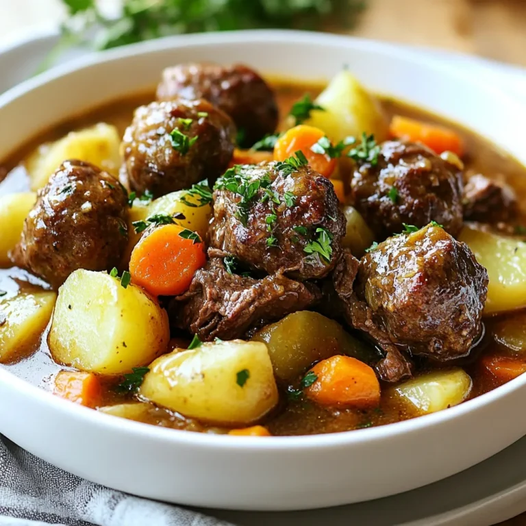 To make a Slow Cooker Meatball Pot Roast, you will need a few simple ingredients. Here’s the list: - 2 pounds beef chuck roast - 1 pound frozen meatballs - 4 medium potatoes, peeled and cubed - 3 carrots, sliced - 1 onion, diced - 4 cloves garlic, minced - 3 cups beef broth - 1 tablespoon Worcestershire sauce - 1 tablespoon soy sauce - 2 teaspoons dried rosemary - 2 teaspoons dried thyme - Salt and pepper to taste - Fresh parsley, chopped (for garnish) Each ingredient plays a key role in the dish's flavor and texture. The beef chuck roast adds richness, while the meatballs bring a fun twist. Potatoes and carrots add heartiness, making this meal filling. Onions and garlic add depth, creating a tasty base. The broth and sauces tie it all together, giving the pot roast that savory flavor we love. Don't forget the fresh parsley for a pop of color on your plate! {{ingredient_image_1}} Start by peeling the potatoes. Cut them into bite-sized cubes, making them easy to eat. Next, take the carrots and slice them into rounds. This adds a nice pop of color. For the onion, dice it into small pieces. Finally, mince the garlic cloves. Set all the vegetables aside for now. In a large skillet, heat some olive oil over medium-high heat. While the oil warms, season the beef chuck roast with salt and pepper. Once the oil is hot, place the roast in the skillet. Brown it on all sides for about 4-5 minutes. This step adds a rich flavor that makes the dish special. In your slow cooker, layer the cubed potatoes first. Next, add the sliced carrots. Sprinkle the diced onion and minced garlic on top of the vegetables. Once the veggies are in, place the seared roast right on top. In a bowl, mix together the beef broth, Worcestershire sauce, soy sauce, rosemary, and thyme. Pour this mixture over the roast and veggies. Finally, scatter the frozen meatballs on top. Cover the slow cooker with its lid. Set the temperature to low heat and cook for 6-8 hours. The meat should become tender and easy to shred with a fork. This slow cooking lets all the flavors blend together perfectly. When the cooking time is up, carefully remove the roast and meatballs from the slow cooker. Let the roast rest for a few minutes before slicing it. If you want to thicken the broth, take out a cup of it. Stir in a tablespoon of cornstarch and return it to the slow cooker. Turn it to high for about 15 minutes until it thickens. To serve, place slices of roast and meatballs on a plate with vegetables. Ladle the savory broth over the top and garnish with fresh parsley for a lovely touch. Seasoning is key to tasty food. Start with salt and pepper. This simple step makes a big difference. You can also add garlic powder or onion powder for extra flavor. Try adding a splash of red wine for depth. Fresh herbs like thyme and rosemary work wonders too. They add a bright note to your dish. Don't be afraid to experiment with spices. A pinch of smoked paprika can add a nice kick. Cooking time matters. For a tender pot roast, cook it on low for 6-8 hours. This allows the beef to break down and get soft. If you're short on time, you can use the high setting for about 4 hours. Always check the meat with a meat thermometer. It should read 195°F for perfect tenderness. This helps to ensure your roast is juicy and easy to shred. Pair your meatball pot roast with simple sides. Mashed potatoes or rice go well with the savory broth. Steamed green beans or a fresh salad add color to the plate. You can also serve crusty bread to soak up the delicious sauce. A sprinkle of fresh parsley on top adds a nice touch and brightens the dish. Enjoy the comfort of this hearty meal! Pro Tips Choose the Right Cut: Beef chuck roast is ideal for slow cooking as it becomes tender and flavorful. Avoid lean cuts, as they may dry out during the long cooking process. Layer for Flavor: Always layer your vegetables at the bottom of the slow cooker. This allows them to absorb all the delicious juices from the meat as it cooks. Do Not Overcrowd: Be mindful of the amount of meat you add. If you overcrowd the cooker, it can affect cooking time and the texture of the meatballs. Rest Before Slicing: Let the roast rest for about 10 minutes after cooking. This helps the juices redistribute, making for a juicier, more flavorful slice. {{image_2}} You can change the beef chuck roast to other cuts. A brisket or round roast works well. They both provide nice flavor and tenderness. If you want to swap out vegetables, think about what you like. Sweet potatoes or parsnips can replace regular potatoes. Zucchini or bell peppers can add great taste too. To change the flavor, add spices or sauces. A dash of paprika can add warmth. If you love heat, try some chili flakes. You can also create an Italian version. Add marinara sauce and sprinkle with fresh basil. For a BBQ twist, use BBQ sauce and a bit of smoked paprika. Both cooking methods work well but differ in time. The slow cooker takes about 6-8 hours on low. This gives flavors time to blend. In contrast, the Instant Pot cooks the meal in under two hours. This method uses pressure to speed up cooking. It’s great if you’re short on time but still want a hearty meal. When storing your Slow Cooker Meatball Pot Roast, first let it cool down. This keeps the steam from building up and helps prevent sogginess. Use airtight containers to keep it fresh. Glass or plastic containers with tight seals work well. Label them with the date for easy tracking. To freeze leftovers, let the pot roast cool completely. Then, divide it into portion sizes. Use freezer bags or containers to save space. Squeeze out as much air as possible before sealing. For thawing, move it to the fridge overnight. Reheat gently on the stove or in the microwave until hot. In the fridge, your meatball pot roast lasts about three to four days. For best taste, eat it within that time. Always check for signs of spoilage, like off smells or changes in texture. Proper storage helps maintain its flavor and freshness. Yes, you can use fresh meatballs. They add a nice texture and taste. If you use fresh meatballs, reduce the cooking time. Cook on low for about 4 to 6 hours. This keeps them from getting too soft. If you cook on high, the pot roast needs about 4 to 5 hours. Make sure it reaches an internal temp of 190°F for best shredding. Check it early to avoid overcooking. Great sides include: - Mashed potatoes - Steamed green beans - Garlic bread - A fresh garden salad These pair well with the rich flavors. Yes, you can make it gluten-free. Use gluten-free Worcestershire sauce and soy sauce. Check labels to ensure no hidden gluten. This keeps the dish safe for those with gluten allergies. For a vegetarian option, use plant-based meatballs. Replace the beef broth with vegetable broth. You can also add more veggies for extra flavor. This gives you a hearty meal without meat. This pot roast recipe is full of hearty ingredients and great flavors. You’ve learned how to prepare, cook, and serve a delicious meal. Tips for tender meat and clever variations can elevate your dish. Remember, using the right techniques makes your pot roast shine. Enjoy your slow cooker creation, and feel free to experiment with ingredients. Cooking should be fun and rewarding. This recipe is a versatile base for many family meals. Happy cooking!