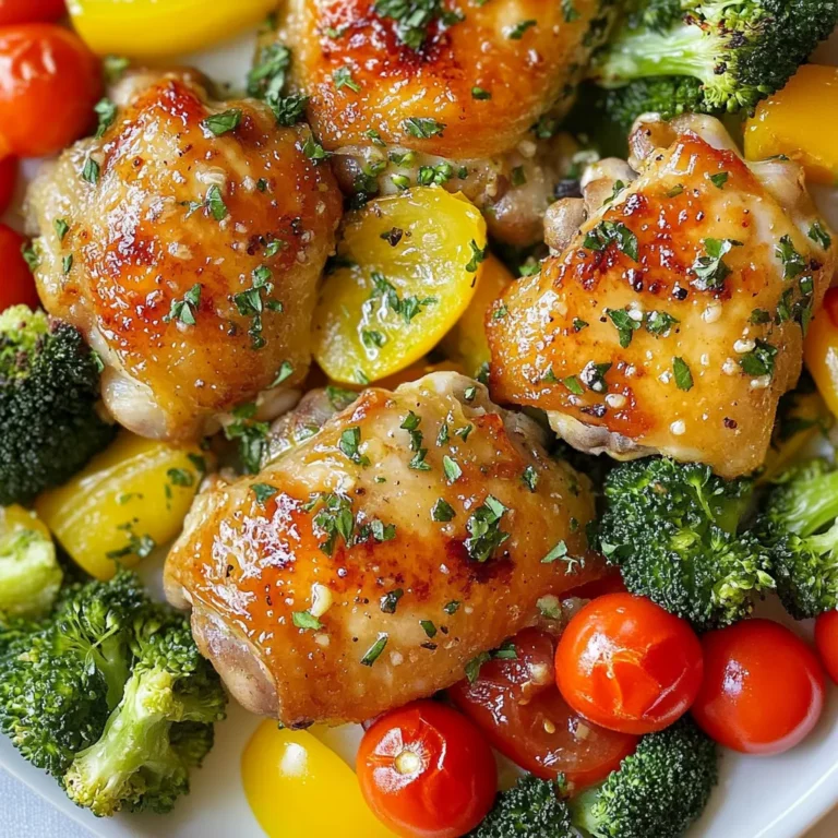 - 4 boneless, skinless chicken thighs - 2 cups broccoli florets - 1 cup cherry tomatoes, halved - 1 bell pepper (any color), sliced - 1 medium red onion, sliced - 4 cloves garlic, minced - 1/2 cup unsalted butter, melted - 1 tablespoon fresh rosemary, minced - 1 tablespoon fresh parsley, chopped - Salt and pepper to taste - 1 teaspoon paprika - 1 teaspoon lemon zest - Prep time: 10 minutes - Total time: 40 minutes - Servings: 4 Using fresh and simple ingredients makes this dish shine. The chicken thighs give great taste and stay juicy. Broccoli, cherry tomatoes, bell peppers, and onions add color and nutrition. You have a mix of flavors and textures that create a tasty meal. The garlic butter adds a rich touch. It combines garlic, creamy butter, and fresh herbs. The lemon zest gives a bright kick that enhances the dish. You will love how this mix brings out the best in the chicken and veggies. This recipe is quick to prepare. In just 10 minutes, you can get everything ready. With a total time of 40 minutes, you will have a warm meal for four. You can enjoy it fresh out of the oven or save it for later. {{ingredient_image_1}} - Preheat your oven to 400°F (200°C). - Line a large sheet pan with parchment paper. - In a bowl, combine melted butter, minced garlic, rosemary, parsley, paprika, lemon zest, salt, and pepper. - Mix well until smooth and creamy. - Place chicken in the center of the sheet pan. - Toss the broccoli florets, cherry tomatoes, bell pepper slices, and red onion in half of the garlic butter mixture. - Arrange the seasoned vegetables around the chicken evenly. - Drizzle the remaining garlic butter over the chicken and veggies. - Bake for 25-30 minutes until chicken reaches 165°F (75°C) and veggies are tender. Using fresh herbs makes a big difference. Fresh rosemary and parsley add great taste. You can also adjust the salt and pepper to fit your taste. If you like it spicy, add more paprika. Make sure you do not overcrowd the sheet pan. This way, the vegetables cook evenly. If you want a crispier texture, you can broil the dish for a few minutes after baking. This step gives a nice crunch to the veggies and chicken. Serving the dish on a large platter is a great idea. It looks nice and makes it feel special. You can garnish the meal with extra parsley and a sprinkle of lemon zest. This adds color and makes it more inviting. Pro Tips Use Fresh Ingredients: Fresh vegetables and herbs will enhance the flavor of your dish significantly. Always choose the freshest produce for the best results. Don’t Overcrowd the Pan: Make sure to space the chicken and vegetables out on the sheet pan. This allows for even cooking and helps to achieve a nice caramelization. Rest the Chicken: Let the chicken rest for a few minutes after baking. This helps the juices redistribute, resulting in a more tender and flavorful bite. Customize Your Veggies: Feel free to swap out the vegetables based on your preference or what you have on hand. Zucchini, asparagus, or green beans all work well! {{image_2}} You can easily change the protein in this dish. Swap chicken thighs for chicken breasts or drumsticks. Both options work well and keep the meal tasty. If you want a lighter choice, use shrimp or tofu. Shrimp cooks fast and adds a nice touch. Tofu works great for a vegetarian option. Just make sure to press it first to remove excess water. Feel free to switch up the veggies based on what you like. Incorporate seasonal vegetables like zucchini or asparagus for fresh flavors. These add color and nutrients. You can also consider frozen vegetable mixes. They save time and still taste good. Just toss them in with the chicken and garlic butter. Want to spice things up? Add red pepper flakes for heat. This small change can make a big difference in flavor. You can also substitute lemon zest with lime zest. The lime will give the dish a fun twist. Experimenting with these flavors can lead to new favorites! You can store leftovers in an airtight container. Keep them in the fridge for up to 3 days. When you want to eat them, reheat in the oven or microwave. This keeps the chicken and veggies tasty. Let the dish cool down before freezing. You can freeze it for up to 2 months. When ready to eat, thaw it in the fridge overnight. This makes reheating easier and ensures good flavor. Serve this meal with rice or quinoa for a filling option. Crusty bread also pairs well and soaks up the garlic butter. For a fresh touch, add a salad. This makes your meal balanced and colorful. Bake for 25-30 minutes or until the internal temperature reaches 165°F (75°C). This ensures the chicken is safe to eat and juicy. Use a meat thermometer for best results. Check the thickest part of the thigh to confirm it's done. It’s recommended to use thawed chicken for even cooking. Frozen chicken can cook unevenly. This may lead to parts being undercooked while others overcook. Thaw your chicken in the fridge overnight or use the defrost setting on your microwave. Pair with sides like mashed potatoes, rice, or steamed vegetables for a full meal. These sides balance the rich flavors. You can also try a fresh salad or crusty bread. They add freshness and texture, making the meal more enjoyable. In this post, we covered how to make a tasty sheet pan garlic butter chicken. We looked at simple ingredients like chicken, vegetables, and a rich garlic butter mix. I shared step-by-step cooking tips, variations, and storage info to make it easy for you. Remember, fresh herbs can boost flavors, and serving options can enhance your meal. This dish is not just easy; it’s also fun to customize. Enjoy making this recipe your own!