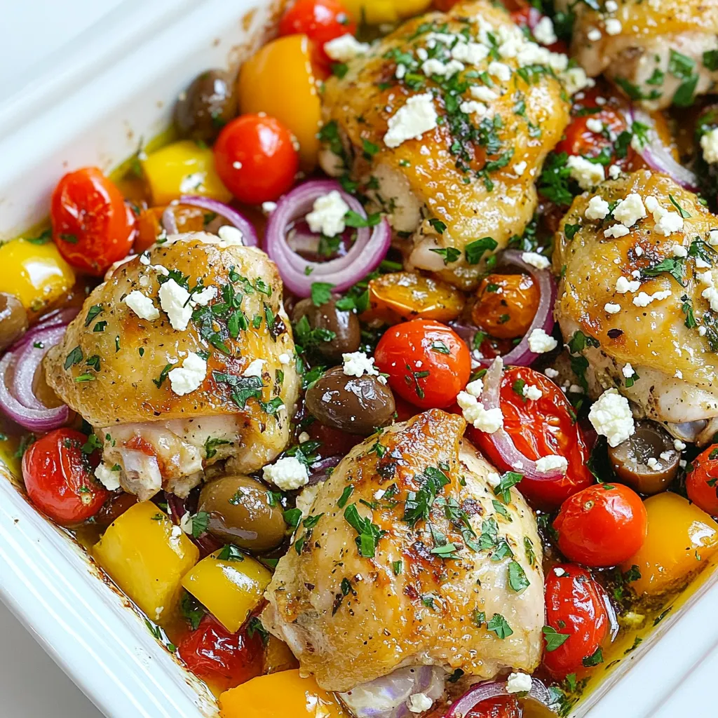 - 4 bone-in chicken thighs, skin-on - 1 cup cherry tomatoes, halved - 1 medium red onion, sliced - 1 cup kalamata olives, pitted and halved - 2 bell peppers (1 red, 1 yellow), sliced The main ingredients in this dish create a colorful and tasty meal. The bone-in chicken thighs give you juicy meat and crispy skin. Cherry tomatoes add sweetness and a burst of flavor. The red onion brings a slight sharpness, while the bell peppers and olives add crunch and saltiness. - 2 tablespoons olive oil - Zest and juice of 1 lemon - 1 tablespoon dried oregano - 1 teaspoon paprika - ½ teaspoon salt - ½ teaspoon black pepper - ¼ cup feta cheese, crumbled For seasoning, olive oil and lemon juice keep things fresh and zesty. Dried oregano and paprika add depth to the dish. Salt and black pepper enhance all the flavors. Finally, the feta cheese on top provides a creamy, tangy finish. - Fresh parsley, chopped for garnish When serving, sprinkle fresh parsley on top. It adds a nice pop of color and freshness. You can pair this dish with crusty bread or a simple salad for a full meal. This dish shines on its own, but those sides can elevate your dining experience. {{ingredient_image_1}} 1. Preheating the oven First, set your oven to 400°F (200°C). This helps the chicken cook evenly and become crispy. 2. Preparing the vegetable mixture Grab a large mixing bowl. Add 1 cup of halved cherry tomatoes, 1 medium sliced red onion, and 1 cup of halved kalamata olives. Next, slice 2 bell peppers, one red and one yellow, and add them to the bowl. Finally, mince 4 cloves of garlic and toss them in. Drizzle 2 tablespoons of olive oil and the juice of 1 lemon over the veggies. Then, sprinkle in 1 tablespoon of dried oregano, 1 teaspoon of paprika, ½ teaspoon of salt, and ½ teaspoon of black pepper. Mix everything well, so all the flavors blend together. 1. Arranging chicken in the baking dish Take 4 bone-in chicken thighs and place them skin side up in a large baking dish. Pour the colorful vegetable mixture around the chicken. This way, the chicken absorbs all the tasty juices while cooking. 2. Baking and achieving crispiness Sprinkle lemon zest over the chicken and the veggies. Bake everything in the preheated oven for about 40-45 minutes. Check that the chicken reaches an internal temperature of 165°F (75°C). The skin should be golden and crispy, adding a nice crunch to each bite. 1. Adding feta cheese Once your dish is done baking, take it out of the oven. Sprinkle ¼ cup of crumbled feta cheese over the top. The cheese adds a creamy, tangy flavor that pairs perfectly with the chicken and veggies. 2. Resting before serving Let the dish rest for 5 minutes. This allows the juices to settle, making the chicken juicier. Before serving, garnish with fresh chopped parsley for a burst of color and taste. Serve warm and enjoy this delightful meal! - Achieving crispy chicken skin: Start with bone-in chicken thighs. The skin helps keep the meat moist while it cooks. Pat the skin dry with a paper towel. This helps it crisp up. When you bake, place the chicken skin side up. Bake it at 400°F for about 40-45 minutes. This high heat makes the skin nice and crispy. - Perfect seasoning balances: Use a mix of salt, pepper, and spices. I like dried oregano and paprika. These add great flavor. Don’t forget the lemon juice! It brightens up the dish. Be sure to coat the chicken and veggies well. A good mix makes every bite tasty. - Best sides to pair: Serve this dish with rice or crusty bread. Both soak up the tasty juices. A fresh salad adds a nice crunch. Try a simple cucumber and tomato salad. The freshness complements the bake well. - Garnishing tips for presentation: After baking, sprinkle crumbled feta cheese over the top. It adds a creamy texture. Fresh parsley makes it look vibrant. Chop it finely and scatter it over the dish. This makes it inviting and bright. - Prepping ahead of time: You can prepare the veggies and chicken earlier. Mix the veggies in the bowl and cover them. Marinate the chicken with spices overnight. This makes the flavors stronger. When you are ready, just bake it. - Quick reheat tips: If you have leftovers, reheat them in the oven. Set it to 350°F and cover the dish. This keeps the chicken moist. You can also microwave it, but it may not be as crispy. If you use the microwave, heat it in short bursts. Check often to avoid overcooking. Pro Tips Use Fresh Ingredients: Whenever possible, opt for fresh vegetables and herbs to enhance the flavor of your dish. Fresh ingredients can make a significant difference in taste. Chicken Skin Crispiness: For extra crispy skin, broil the chicken for the last 5 minutes of cooking. Keep an eye on it to prevent burning. Flavor Pairing: Experiment with different types of olives or add capers for additional flavor dimensions. Each variation can provide a unique twist to the dish. Resting Time: Allowing the dish to rest for a few minutes before serving helps the juices redistribute in the chicken, making it more tender and flavorful. {{image_2}} You can swap out the vegetables in this dish. Try zucchini, asparagus, or even eggplant. Each change adds a unique taste. For a twist on cheese, use goat cheese or mozzarella. Each option melts nicely and gives a different flavor. Want a bit of heat? Add red pepper flakes or cayenne pepper. These spices can wake up the dish. Marinating the chicken is another great idea. Use yogurt or lemon juice with herbs for added flavor. This step makes the chicken juicy and tasty. If you need gluten-free options, this dish is easy to adapt. The main ingredients are naturally gluten-free. For a dairy-free version, skip the feta cheese. Use nutritional yeast for a cheesy taste without dairy. If you are low-carb, focus on more veggies. Cut back on the olives and keep the chicken and peppers. This change still keeps it flavorful. To keep your Mediterranean chicken bake fresh, store leftovers in an airtight container. This will prevent moisture loss and keep flavors intact. Place the dish in the fridge within two hours of cooking. For freezing, wrap the chicken tightly in plastic wrap, then in aluminum foil. This method helps prevent freezer burn. You can also use freezer-safe bags, but remove as much air as you can. When reheating, keep the chicken moist by using the oven. Preheat your oven to 350°F (175°C). Place the chicken in a baking dish and cover it with foil. Heat for about 20-25 minutes. If using a microwave, use a microwave-safe plate. Cover the chicken with a damp paper towel to trap moisture. Heat in short bursts, checking often to avoid dry chicken. In the fridge, your Mediterranean chicken bake lasts about 3-4 days. Check for signs of spoilage, like off smells or a slimy texture. If you see any, it’s best to toss it out. When frozen, it can last up to 3 months. Always label containers with the date, so you know when to use them. Can I use boneless chicken thighs? Yes, you can use boneless chicken thighs. They will cook faster. Adjust the baking time to about 30-35 minutes. Check for an internal temperature of 165°F (75°C) to ensure they are safe to eat. What can I substitute for kalamata olives? If you don’t have kalamata olives, use green olives instead. They add a nice briny flavor. You can also try artichoke hearts for a unique twist. Why is my chicken not crispy? If your chicken is not crispy, it might be due to moisture. Ensure the skin is dry before baking. Bake on a wire rack for better airflow. You can also broil for a few minutes at the end for extra crispiness. What to do if it’s overcooked? If your chicken is overcooked, it may become dry. Serve it with a sauce or broth to add moisture. You can shred it and mix it into salads or wraps for a tasty solution. Approximate calories per serving This dish has about 400 calories per serving. It offers a hearty meal without too many calories. Breakdown of macronutrients Each serving contains roughly: - Protein: 30g - Carbohydrates: 15g - Fat: 25g This meal is balanced and provides good nutrition while being delicious. This recipe gives you a simple way to create a tasty dish. You learned about the main ingredients, step-by-step cooking, and helpful tips. Remember, crispy chicken and fresh flavors make every meal better. Don't forget the variations to switch things up based on what you have. Store leftovers right to keep them fresh longer. With these pointers, you can cook with ease and confidence. Enjoy your delicious meal and share it with friends!