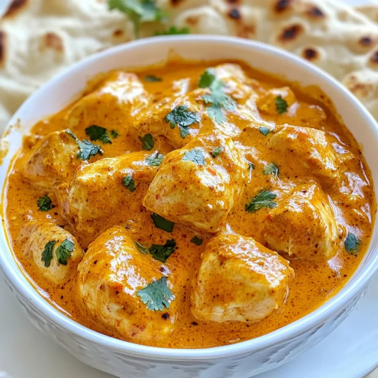- 500g boneless chicken thighs, cut into bite-sized pieces - 200g plain yogurt - 2 tablespoons garam masala - 1 tablespoon ground cumin - 1 tablespoon ground coriander - 2 teaspoons turmeric powder - 1 teaspoon chili powder - Salt and pepper to taste - 3 tablespoons vegetable oil - 1 large onion, finely chopped - 3 garlic cloves, minced - 1 inch ginger, grated - 400g canned tomatoes, pureed - 200ml coconut milk The main ingredients create a rich flavor. Chicken thighs give a juicy bite. Yogurt helps tenderize the meat and adds creaminess. The spices bring warmth and depth. Each spice plays a role in the dish's taste. - Fresh cilantro - Naan bread or basmati rice Garnishes add freshness and color. Fresh cilantro brightens the dish. Pairing with naan or rice offers a complete meal. These options soak up the sauce well. - Yogurt alternatives: Use dairy-free yogurt or sour cream. - Spice variations: Swap spices based on preference. Use curry powder or add more chili for heat. Substitutions keep the dish flexible. Experimenting with ingredients can lead to new flavors. Adjusting spices lets you customize the heat. {{ingredient_image_1}} To start, you need to prepare the marinade. In a bowl, mix the chicken pieces with yogurt, garam masala, cumin, coriander, turmeric, chili powder, salt, and pepper. This blend gives the chicken a great flavor. Cover the bowl and place it in the fridge. Let it marinate for at least 1 hour. If you can, marinate overnight. This longer time helps the chicken soak up all those spices. Next, you will cook the chicken. Heat vegetable oil in a large skillet over medium-high heat. Add the marinated chicken to the pan, but shake off any extra yogurt first. Cook the chicken for about 5 to 7 minutes. You want it lightly browned and fully cooked. Remove the chicken from the skillet and set it aside. The pan should be hot enough to give the chicken a nice color. Now, it’s time to prepare the sauce. In the same skillet, add the chopped onion. Sauté it for about 5 minutes until it becomes soft and golden. Then, stir in the minced garlic and grated ginger. Cook for 1 to 2 minutes more until you smell those great aromas. After that, add the pureed tomatoes to the skillet. Let it simmer for 5 minutes while stirring occasionally. This step builds a good base for your sauce. Next, pour in the coconut milk. Return the cooked chicken to the skillet, stirring well to combine everything. Reduce the heat to low and let it simmer for another 10 to 15 minutes. This helps the sauce thicken and blend the flavors together. For the final touch, taste the dish. Adjust the seasoning with salt and pepper if needed. You want a balanced flavor. Serve your Chicken Tikka Masala hot. I like to garnish it with fresh cilantro for a pop of color and flavor. Enjoy it with naan bread or basmati rice for a complete meal! - Tips for browning chicken: Use a hot skillet to get a nice sear. Don’t crowd the pan; this helps the chicken brown evenly. Cook in batches if needed. The chicken should sizzle when it hits the pan. This creates a delicious crust. - How to achieve thick sauce consistency: Let the sauce simmer low and slow. Coconut milk thickens as it cooks. If your sauce is too thin, let it simmer longer. Stir often to prevent sticking. - Using fresh spices: Always use fresh spices when possible. They give a better flavor. Toasting whole spices before grinding can boost aroma and taste. Keep spices stored in a cool, dark place for best results. - Importance of marinating time: Marinate the chicken for at least one hour. Longer marination, like overnight, makes the chicken tender. The spices seep into the meat, enhancing its flavor. - Best sides for Chicken Tikka Masala: Serve with warm naan bread or fluffy basmati rice. Both soak up the sauce well. You can also add a fresh cucumber salad for crunch. - Presentation ideas for an inviting dish: Use a deep bowl for serving. Sprinkle fresh cilantro on top for color. You can also place a lemon wedge on the side. This adds brightness to the dish. Pro Tips Marinate Overnight: For the best flavor, marinate the chicken overnight. This allows the spices to penetrate the meat thoroughly, resulting in a more flavorful dish. Use Full-Fat Coconut Milk: Using full-fat coconut milk will give your Chicken Tikka Masala a creamier texture and richer flavor. Avoid low-fat versions for this recipe. Adjust Spice Levels: If you prefer a milder dish, reduce the amount of chili powder used in the marinade. You can always add more spice later if desired. Garnish Generously: Fresh cilantro not only adds a pop of color but also enhances the flavor. Don’t skimp on the garnish for a restaurant-style presentation. {{image_2}} To make a delicious vegetarian version of Chicken Tikka Masala, you can substitute the chicken with tofu or chickpeas. Tofu absorbs flavors well and adds protein. Chickpeas offer a hearty texture. When using these substitutes, adjust the spices slightly. You may want more cumin and coriander to bring out the flavors in the vegetables. Adding a mix of bell peppers and spinach can enhance both taste and nutrition. If you love heat, you can add more chili or spicy ingredients. Use fresh green chilies for a sharper kick. You might also try adding cayenne pepper for extra warmth. Other spice blends, like curry powder or smoked paprika, can enhance the dish's depth. Don’t be shy to experiment! Just remember to taste as you go, so the spice level suits your preference. Different regions have their own styles of Chicken Tikka Masala. For example, the British version is creamier, while Indian styles often use yogurt. You can also explore alternative cooking methods. Grilling the chicken before adding it to the sauce adds a smoky flavor. This can give your dish a unique twist. Embrace these variations to find your favorite style! Chicken Tikka Masala lasts in the fridge for up to four days. To keep it fresh, place it in an airtight container. This helps prevent spills and keeps the flavors locked in. For freezing Chicken Tikka Masala, let it cool completely. Then, transfer it to freezer-safe bags or containers. Remove as much air as possible to prevent freezer burn. When ready to eat, thaw it overnight in the fridge. Reheat it gently on the stove or in the microwave. Stir it well to ensure even heating. For meal prep, divide the Chicken Tikka Masala into individual portions. This makes it easy to grab for lunches or dinners. Pair it with sides like naan bread or basmati rice for a complete meal. Having these ready makes weeknight dinners a breeze. To make Chicken Tikka Masala spicier, you can add more chili powder or fresh chilies. Consider using green chilies for a fresh kick. You can also try adding crushed red pepper flakes or a dash of hot sauce. These options will help you adjust the heat to your liking. Remember, start with small amounts. You can always add more spice, but it's hard to take heat out. Yes, you can use chicken breast. However, the texture and flavor will differ. Chicken thighs are juicier and more tender than breasts. This makes them perfect for absorbing flavors. Chicken breast can dry out if overcooked. If you choose breast, marinate it well and watch the cooking time closely. This way, you’ll still enjoy a tasty dish. There are many great sides for Chicken Tikka Masala. Naan bread is a classic choice. It’s perfect for scooping up the sauce. Basmati rice is another popular option. It helps balance the rich flavors of the dish. You can also serve a simple salad or raita to cool the palate. Consider adding some roasted vegetables for extra color and nutrition. This blog post covered how to make Chicken Tikka Masala using key ingredients like chicken thighs, yogurt, and spices. I provided step-by-step marinating and cooking instructions for rich flavors. You learned tips to enhance taste and how to adjust the dish for dietary needs. Remember, any meal can be personalized. Enjoy experimenting with new flavors and variations! Your cooking skills will grow, and your meals will impress everyone. Dive in and make your own Chicken Tikka Masala!