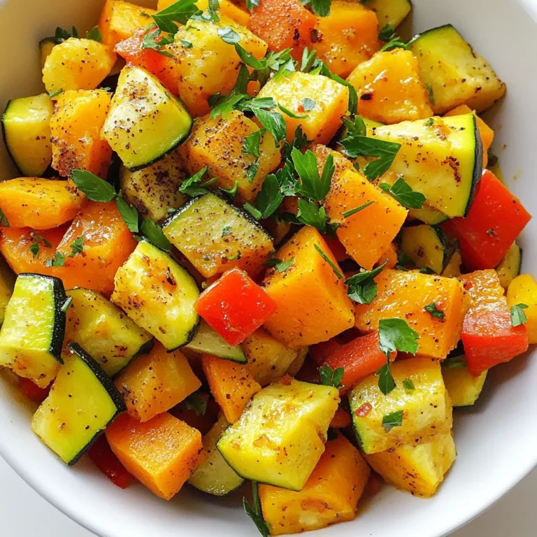 - 2 medium zucchini, diced - 1 large sweet potato, peeled and cubed - 1 red bell pepper, chopped - 1 small onion, diced - 2 cloves garlic, minced - 1 teaspoon cumin - 1 teaspoon smoked paprika - 1 tablespoon olive oil - Salt and pepper to taste - Fresh parsley for garnish These ingredients form the base of your Zucchini Sweet Potato Skillet. Each item plays a key role in creating a tasty and colorful dish. Zucchini adds a light crunch, while sweet potatoes provide sweetness and heartiness. The red bell pepper brings a pop of color and flavor, and onion and garlic add depth. - Other veggies to include: carrots, spinach, or broccoli - Protein additions: beans, chicken, or tofu - Spices and seasonings for extra flavor: chili powder, oregano, or thyme Feel free to mix in other veggies or proteins to suit your taste. Each choice can change the dish's flavor and texture. Adding spices can turn this skillet into a flavor explosion. It’s all about what you like! {{ingredient_image_1}} - Preheat your skillet over medium heat. - Gather and chop your ingredients: dice the zucchini, cube the sweet potato, chop the bell pepper, and dice the onion. - Mince the garlic cloves, so they're ready to go. - Add olive oil to the hot skillet. - Sauté the diced onion for about 3 to 4 minutes until it turns translucent. - Stir in the minced garlic and let it cook for 1 minute. You want it fragrant! - Next, add the cubed sweet potato. Sprinkle in cumin, smoked paprika, salt, and pepper. - Stir often for about 10 minutes, until the sweet potato starts to soften. - Once it’s partly cooked, toss in the diced zucchini and chopped red bell pepper. - Continue cooking everything for 6 to 8 minutes. You want the veggies tender and slightly caramelized. - Check the tenderness of your vegetables. They should be just right! - Adjust the seasoning if needed. Taste it to be sure! - Remove the skillet from heat and garnish with fresh parsley before serving. To cook sweet potatoes evenly, start by cutting them into small, uniform cubes. This helps them cook at the same rate. You can also boil them for a few minutes before adding them to the skillet. This method speeds up cooking time. When sautéing vegetables, always heat your oil first. This ensures a good sear and prevents sticking. Use a large skillet for more surface area. Stir the veggies often but not too much. Let them sit for a minute to develop color. To boost flavors, add fresh herbs like basil or thyme. You can also use dried herbs if fresh ones are not available. A splash of lemon juice brightens the dish. Don't shy away from spices! Try adding chili flakes for some heat. For sauces, consider a drizzle of balsamic glaze or a dollop of yogurt. These additions can elevate your dish and make it even tastier. Experiment with different condiments to find what you like best. For an attractive serving, use a colorful dish. White plates make the colors pop. Layer the veggies in a way that shows off their shapes. Garnish with freshly chopped parsley for a fresh look. You can also add some crumbled feta or avocado slices for extra flair. A sprinkle of toasted seeds can add a nice crunch, too. Pro Tips Choose Fresh Vegetables: Opt for firm, vibrant zucchini and sweet potatoes for the best flavor and texture. Customize Your Spices: Feel free to add your favorite spices or herbs to enhance the flavor profile further. Use a Lid: Covering the skillet while cooking can help speed up the cooking time of the sweet potatoes. Make It a Meal: Add some protein like cooked chickpeas or grilled chicken for a heartier dish. {{image_2}} You can easily adapt this dish for different diets. For vegan and vegetarian options, simply keep all the ingredients plant-based. All the veggies and spices are already vegan-friendly. If you want it gluten-free, this dish is perfect! Every ingredient is naturally gluten-free, so you can enjoy it without worry. If you can't find sweet potatoes, try using butternut squash. It has a similar texture and sweet flavor. You can also mix in other vegetables like carrots, broccoli, or bell peppers. This adds even more color and nutrition. Don't be afraid to get creative with what you have! The spices in this dish bring it to life. Cumin and smoked paprika add warmth and depth. You can experiment with other spices too. Try adding chili powder for heat, or oregano for a fresh taste. For an international twist, make it Mediterranean! Add olives, feta cheese, and fresh herbs like basil or thyme for a whole new flavor experience. To store leftovers, let the dish cool first. Then, transfer it to an airtight container. This keeps the flavors fresh and prevents spills. The recommended shelf life is about 3 to 4 days in the fridge. Make sure to check for any signs of spoilage before eating. Freezing is a great option if you want to save some for later. First, let the dish cool down completely. Then, pack it into freezer-safe containers or bags. Remove as much air as possible to avoid freezer burn. When you're ready to eat, thaw it overnight in the fridge. Reheat in a skillet over medium heat until hot, stirring occasionally. Preparing this dish in advance saves time during the week. You can chop the veggies and store them in separate containers. This way, when it's time to cook, everything is ready to go. Use glass or BPA-free plastic containers for storage. They keep the food fresh and make reheating easy. How long does it take to make a Zucchini Sweet Potato Skillet? It takes about 25 minutes to make this dish. You will spend 10 minutes prepping and 15 minutes cooking. Can I use frozen vegetables instead of fresh? Yes, you can use frozen veggies. They will cook faster, so keep an eye on them. What goes well with Zucchini Sweet Potato Skillet as a side dish? This dish pairs well with grilled chicken or a fresh salad. You can also serve it with quinoa or rice. What if my sweet potatoes are not softening? If your sweet potatoes are tough, try cutting them into smaller cubes. You may need to cook them longer, about 5 more minutes. How to prevent zucchini from becoming mushy? To keep zucchini firm, add it later in the cooking process. Cook it just until tender. What are the calorie counts? Each serving has about 150 calories. This can vary based on added ingredients. Are there any significant health benefits? Yes, this skillet is rich in vitamins A and C. Both sweet potatoes and zucchini offer fiber, which is great for digestion. This blog post gave you a clear guide to making a delicious Zucchini Sweet Potato Skillet. You learned about the key ingredients, easy steps, and helpful tips for cooking. Don't forget the optional ingredients that can add flavor and protein. You can also explore variations and storage methods to optimize your meals. Cooking doesn't have to be hard. With practice, you can create tasty dishes that fit your needs. Enjoy experimenting and making this dish your own!