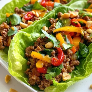 To make these tasty wraps, gather these key ingredients: - 1 lb ground beef - 1 tablespoon sesame oil - 2 cloves garlic, minced - 1 inch ginger, grated - 1 cup bell peppers, finely chopped (mixed colors) - 1 cup water chestnuts, finely chopped - 3 green onions, chopped - 3 tablespoons soy sauce (low sodium) - 1 tablespoon hoisin sauce - 1 teaspoon rice vinegar - Salt and pepper to taste - 1 head of butter lettuce or romaine lettuce, leaves separated These ingredients create a delicious base. The beef gives protein, while veggies add crunch. For an extra kick, consider these toppings: - Chopped cilantro - Chopped peanuts - Sliced red chili These toppings enhance taste. They also add texture and color to your wraps. Each serving of these wraps offers: - Calories: 300 - Protein: 20g - Carbohydrates: 10g - Fat: 20g These wraps are filling and balanced. They fit well into a healthy meal plan. {{ingredient_image_1}} First, you need to prep the lettuce. Choose butter or romaine lettuce. Gently separate the leaves. Rinse them under cold water. This removes dirt and helps keep them fresh. After washing, pat the leaves dry with a paper towel. Set them aside to use later. Next, it’s time to cook the ground beef. In a large skillet, pour in one tablespoon of sesame oil. Heat it over medium-high heat. Once hot, add one pound of ground beef. Cook it for about five to seven minutes. Use a spatula to break the beef apart as it cooks. When it’s browned, drain any excess fat from the skillet. Now, let’s add some flavor. Stir in two cloves of minced garlic and one inch of grated ginger. Cook these for one to two minutes. You want them to smell great! Then, add one cup of finely chopped bell peppers and one cup of finely chopped water chestnuts. Sauté this mixture for about three minutes. The peppers should be tender but still crisp. It’s time to really bring the dish to life. Pour in three tablespoons of low-sodium soy sauce, one tablespoon of hoisin sauce, and one teaspoon of rice vinegar. Stir everything well to combine. Let it simmer for two to three minutes. This helps the flavors blend. Taste it and add salt and pepper as needed. Now, let’s put it all together. Take a lettuce leaf and place a generous spoonful of the beef mixture in the center. Feel free to add any optional toppings you like. You can use chopped cilantro, peanuts, or sliced red chili for extra flavor. To eat, simply roll or fold the lettuce around the filling. This makes a tasty and fun meal. You can serve these wraps with a side of extra soy sauce for dipping. Enjoy your delicious Asian ground beef lettuce wraps! When cooking ground beef, use a large skillet. Heat sesame oil over medium-high heat. This helps the meat brown well. Break the beef apart with a spatula as it cooks. Aim for a nice brown color, which adds flavor. Drain any fat after cooking. This keeps your wraps light and tasty. To keep your lettuce crisp, start with fresh leaves. Rinse them gently under cold water. Make sure to dry them well with paper towels. Wet leaves can make your wraps soggy. Store the leaves in the fridge until you're ready to use them. This helps maintain their crunch. For great flavor, add garlic and ginger to the beef. These aromatics enhance the taste. Mixing bell peppers and water chestnuts adds texture. The soy sauce and hoisin sauce create a savory balance. Don’t forget salt and pepper to taste. Try adding chopped cilantro or peanuts for extra zing. Pro Tips Use Fresh Ingredients: The flavors in this dish come from fresh veggies and herbs, so opt for the freshest bell peppers and green onions you can find for maximum flavor. Customize Your Fillings: Feel free to add other vegetables like carrots or mushrooms to the beef mixture for extra texture and nutrition. Control the Spice: If you like it spicy, add sliced jalapeños or a dash of sriracha to the beef mixture for a kick of heat. Make Ahead: You can prepare the beef mixture ahead of time, store it in the fridge, and assemble the wraps just before serving for a quick meal. {{image_2}} You can swap ground beef for ground turkey or chicken. These meats are leaner and lower in fat. They still bring great flavor. Cook them the same way as ground beef. Just remember, they may take less time to brown. Check for doneness to keep the meat juicy. You can enjoy a lighter meal without losing taste. Want a meat-free option? Try using tofu! Start with firm tofu for the best texture. Drain and press it to remove excess water. Crumble the tofu into small pieces. Cook it in the skillet just like the beef. Stir in flavors with garlic, ginger, and sauces. Tofu will soak up all the tasty juices. Add your favorite veggies to boost nutrition. This version is filling and packed with goodness. You can easily boost your wraps with more veggies. Consider adding mushrooms, carrots, or zucchini. Chop them finely so they mix well. Sauté the veggies along with the beef or tofu. This step adds color and texture. You’ll get a mix of flavors that elevate every bite. Plus, more veggies mean more nutrients. Enjoy your wraps while feeling good about your meal choices. To store your leftover beef wraps, place them in an airtight container. Make sure to cool them down first. This helps keep the flavors fresh. You can store them in the fridge for up to three days. If you keep the beef separate from the lettuce, it will stay crisp longer. When ready to eat, heat the beef mixture on the stove. Use medium heat and stir until warm. You can also microwave it in short bursts. If using a microwave, cover the bowl to keep moisture in. Avoid reheating the lettuce; it tastes best fresh. If you want to save some for later, freezing is a great option. Allow the beef mixture to cool completely. Then, place it in a freezer-safe bag. Squeeze out as much air as you can. It can stay good in the freezer for up to three months. When you’re ready to eat, thaw it overnight in the fridge before reheating. Yes, you can use different types of lettuce. Boston lettuce, iceberg, or romaine works well. Just choose sturdy leaves that can hold the filling. Each type adds a unique crunch and flavor. Experiment with what you like best! You can use ground turkey, chicken, or pork. If you prefer plant-based options, try crumbled tofu or tempeh. Each option gives a different taste and texture. Adjust the cooking time as needed for these alternatives. To make it gluten-free, use gluten-free soy sauce. Many brands offer this option. Avoid hoisin sauce unless it's labeled gluten-free. Ensure all other ingredients, like sauces and toppings, fit your diet. Yes, you can prep the mixture ahead of time. Cook the beef and veggies, then store in an airtight container. It stays fresh in the fridge for up to three days. Just reheat before serving in your lettuce wraps. To control the spice, add fewer chili peppers or omit them. You can also use milder toppings or sauces. If you want more heat, add crushed red pepper or hot sauce. Adjust to your taste for a balanced flavor! In this blog post, we explored making delicious Asian ground beef lettuce wraps. We covered essential ingredients and optional toppings that add flavor. You learned how to prepare, cook, and assemble the wraps step by step. Tips for cooking and storage helped you make the dish even better. Lastly, we discussed variations like healthier options and vegetarian choices. Enjoy making these wraps; they are tasty and fun to eat!