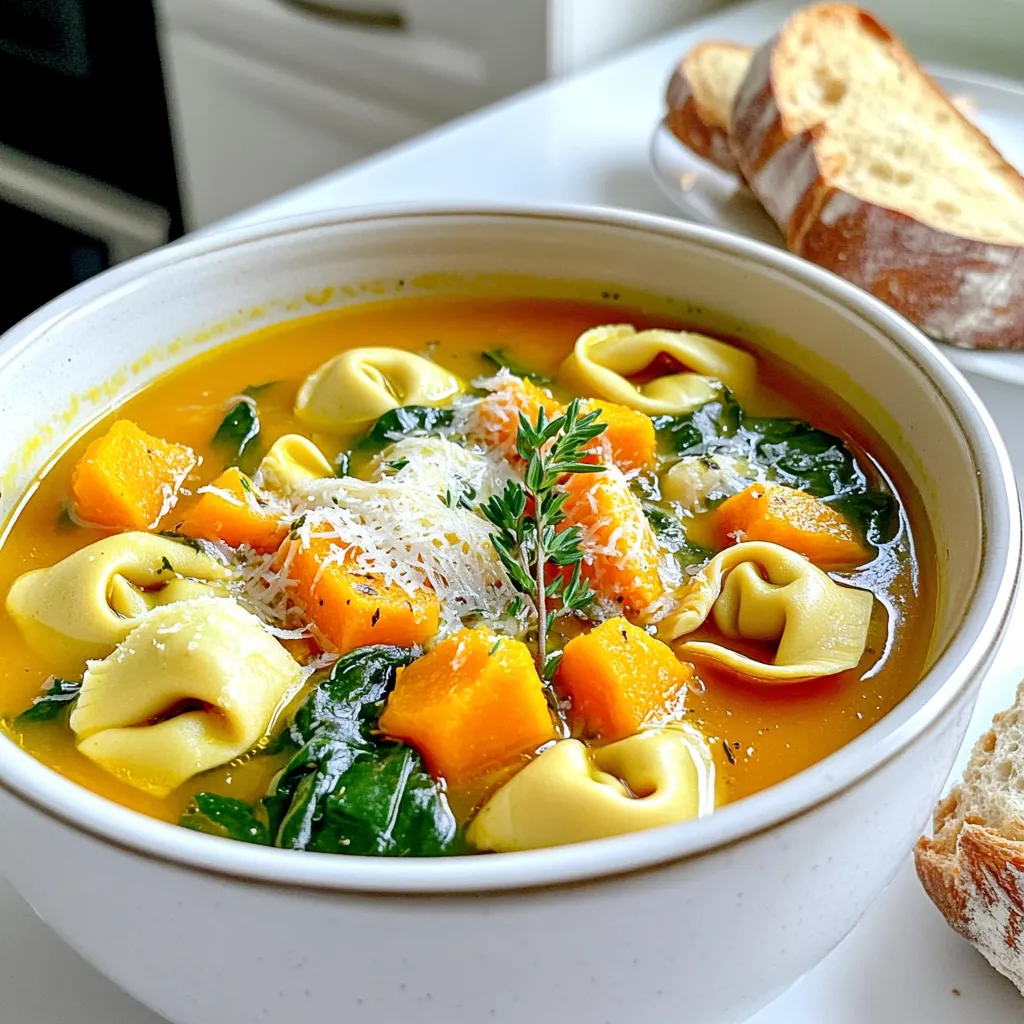 When making Autumn Tortellini Soup, you need fresh and flavorful ingredients. Here’s what you will need: - 2 tablespoons olive oil - 1 medium onion, diced - 2 cloves garlic, minced - 3 medium carrots, diced - 2 celery stalks, diced - 1 teaspoon fresh thyme, chopped - 1 teaspoon fresh sage, chopped - 4 cups vegetable broth - 1 can (14 oz) diced tomatoes, with juice - 1 cup butternut squash, cubed (fresh or frozen) - 2 cups fresh baby spinach - 1 package (9 oz) cheese tortellini - Salt and pepper to taste - 1/4 cup grated Parmesan cheese for topping Each ingredient adds a unique touch. The olive oil is a great base that enhances flavor. Onions and garlic create a warm, inviting aroma. Carrots and celery add sweetness and crunch. Fresh herbs like thyme and sage give depth to the soup. The vegetable broth and tomatoes provide a rich liquid for the soup. Butternut squash adds creaminess, while spinach brings freshness. Finally, the cheese tortellini makes the soup filling and hearty. This combination creates comfort. It’s perfect for autumn days. Enjoy the warmth and flavors of this seasonal delight! 1. Sautéing onion and garlic: Start by heating 2 tablespoons of olive oil in a large pot over medium heat. Once hot, add the diced onion. Sauté it for about 3 to 4 minutes. You want the onion to turn translucent. This step builds the base flavor of the soup. After the onion is ready, stir in 2 minced cloves of garlic. Cook for another minute until the garlic smells amazing. 2. Adding carrots and celery: Next, toss in 3 diced carrots and 2 diced celery stalks. Cook these for about 5 minutes. Stir occasionally. The veggies should soften but not lose their crunch. This mix gives the soup a nice texture. 1. Incorporating broth and tomatoes: After the vegetables are soft, add 1 teaspoon of fresh thyme and 1 teaspoon of fresh sage. Stir to release their flavors. Then, pour in 4 cups of vegetable broth and a can of diced tomatoes (14 oz) with their juice. Bring this mixture to a gentle boil. 2. Adding butternut squash and tortellini: Once boiling, add 1 cup of cubed butternut squash. Reduce heat to simmer. Cook for 10 to 15 minutes until the squash is tender. After that, stir in a package (9 oz) of cheese tortellini. Cook according to the package directions, usually around 3 to 5 minutes. 1. Incorporating spinach and seasoning: Just before serving, fold in 2 cups of fresh baby spinach. Cook for 1 to 2 minutes until the spinach wilts. Then season the soup with salt and pepper to taste. 2. Serving suggestion with Parmesan: Ladle the soup into deep bowls. Top each bowl with 1/4 cup of grated Parmesan cheese. For a lovely touch, add a sprig of fresh thyme or sage on top. Serve with a slice of crusty bread for a cozy meal. To ensure perfect tortellini texture, follow these steps: - Cook tortellini in boiling water. This helps them stay firm. - Avoid overcooking. Follow the package's cooking time carefully. - Add tortellini to the soup during the last few minutes of cooking. This keeps them from getting mushy. For best practices when sautéing vegetables, here’s what to do: - Use medium heat to avoid burning. This helps the flavors develop well. - Stir vegetables often. This ensures even cooking and prevents sticking. - Start with onions and garlic, as they add a strong base flavor. Once they are soft, add carrots and celery. To make your soup look great, try these serving alternatives: - Use deep bowls for a warm, cozy feel. This makes the soup look inviting. - Add extra Parmesan cheese on top for a nice finish. It also adds flavor. - Include a sprig of fresh thyme or sage for a pop of color. For added flavor, consider these garnishes: - Fresh herbs like basil or parsley can brighten the dish. - A drizzle of olive oil gives a rich taste. - A slice of crusty bread on the side is a great complement. It adds texture and makes the meal satisfying. {{image_2}} You can change the vegetables based on what's fresh. Try zucchini, green beans, or even kale. Each choice brings new tastes and textures to the soup. Adding seasonal veggies keeps the dish fun and exciting. For tortellini, you have options too. You can use other types of pasta, like farfalle or penne. You can even try dumplings if you want a twist. Just remember to cook them according to package directions. If you need a gluten-free version, use gluten-free pasta. Many brands offer tasty options that work well in this soup. Check labels to be sure they fit your needs. For a vegan soup, skip the cheese tortellini and Parmesan. Use vegetable broth and add more beans or lentils for protein. This way, you keep the soup hearty and filling. To lower sodium, choose low-sodium broth. You can also use fresh herbs to enhance flavor without added salt. This makes your soup tasty and healthy at the same time. To keep your Autumn Tortellini Soup fresh, store leftovers in the fridge. Use an airtight container to prevent moisture loss. This soup stays good for about three to four days. If you want to keep it longer, freeze the soup. Pour it into freezer-safe bags or containers. Leave some space at the top for expansion. It can last up to three months in the freezer. Reheating your soup is simple. To keep the flavor, use the stove or microwave. If using the stove, pour the soup into a pot. Heat it over medium heat, stirring often. This will help it heat evenly. If the soup is too thick, add a splash of broth or water. For the microwave, place the soup in a microwave-safe bowl. Cover it loosely with a lid or a plate. Heat in short bursts, stirring after each. This way, you avoid hot spots. Enjoy your warm, flavorful soup just as you made it! Can I use frozen tortellini? Yes, you can use frozen tortellini. It cooks just as well as fresh. Follow the package instructions for cooking time. This will ensure it is tender and ready to enjoy. How can I make this soup heartier? To make this soup heartier, add more vegetables or beans. You can include potatoes, zucchini, or even chickpeas. These ingredients add texture and nutrients. Another idea is to increase the amount of tortellini you use. This soup is a wholesome meal. Each serving contains about 320 calories. It also offers good amounts of fiber, protein, and vitamins A and C. Here’s a quick breakdown: - Calories: 320 - Protein: 12g - Fat: 10g - Carbohydrates: 50g - Fiber: 7g Cooking time can change based on your ingredients. If you use fresh vegetables, they may need longer to cook. For frozen vegetables, reduce the cooking time slightly. Always check for tenderness before serving. Adjusting the cook time helps you achieve the best flavor and texture. This blog post covered a delicious soup recipe with fresh ingredients and simple steps. You learned how to sauté, cook, and serve with care. I shared tips for perfect tortellini and presentation ideas for your soup bowls. We also explored variations for dietary needs and how to store and reheat leftovers. In closing, this soup is not just tasty; it’s flexible for any meal or season. Enjoy making it your own!