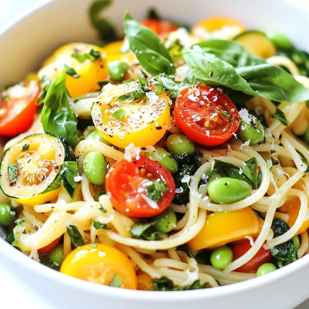 To make Summer Garden Pasta, gather these key ingredients: - 12 oz spaghetti or your favorite pasta - 1 cup cherry tomatoes, halved - 1 medium zucchini, sliced into half-moons - 1 medium yellow bell pepper, diced - 1 cup fresh spinach leaves - 1 cup edamame, shelled (frozen is fine, thawed) - 3 cloves garlic, minced - 1/4 cup olive oil - 1 tablespoon balsamic vinegar - 1 teaspoon dried oregano - 1 teaspoon fresh basil, chopped (plus more for garnish) - Salt and pepper to taste - Grated Parmesan cheese (optional for serving) Fresh vegetables and herbs make this dish special. Each adds flavor, color, and nutrition. - Cherry tomatoes bring sweetness. They burst in your mouth while you eat. - Zucchini adds a soft texture. Its mild taste blends well with other veggies. - Yellow bell pepper offers a sweet crunch. It brightens the dish visually and taste-wise. - Fresh spinach gives a pop of green. It wilts quickly, adding volume and nutrients. - Edamame gives protein and a nutty flavor. It also adds a lovely green color. - Garlic adds depth. It brings a warm, savory note to every bite. - Basil adds a hint of sweetness. It complements the other flavors perfectly. Choosing the right pasta is key to a great dish. Here are some tips: - Spaghetti is classic and works well. It holds the sauce nicely. - Fusilli or penne can also be great. They catch bits of veggies in their grooves. - Use whole wheat or gluten-free pasta if needed. They work just as well. - Always cook pasta al dente. This keeps it firm and gives a nice bite. - Reserve some pasta water before draining. It helps bind the sauce and pasta together. {{ingredient_image_1}} Start by boiling a large pot of salted water. Add 12 ounces of spaghetti or your favorite pasta. Cook it according to the package instructions until it is al dente. This usually takes about 8 to 10 minutes. Before draining, reserve one cup of pasta water. This water will help later on. Drain the pasta and set it aside. In a large skillet, heat 1/4 cup of olive oil over medium heat. Once the oil is hot, add 3 minced garlic cloves. Sauté them for about one minute. You want to smell that garlic! Next, toss in 1 cup of halved cherry tomatoes, 1 sliced zucchini, and 1 diced yellow bell pepper. Sauté these vegetables for 5 to 7 minutes. Cook them until they soften. Now, stir in 1 cup of fresh spinach and 1 cup of shelled edamame. Cook these for another 2 to 3 minutes. You want the spinach to wilt and the edamame to heat up. Next, add your cooked pasta to the skillet. Drizzle 1 tablespoon of balsamic vinegar over it. Sprinkle in 1 teaspoon of dried oregano and some fresh basil. If the pasta seems dry, pour in a bit of the reserved pasta water. Toss everything together until it mixes well. Season with salt and pepper to your taste. Enjoy! To cook pasta, start with a big pot of water. Use enough salt to make it taste like the sea. Bring the water to a rolling boil before adding the pasta. Check the package for cooking times. Cook until the pasta is al dente. That means it has a slight bite. Save one cup of the pasta water before draining. This water helps to mix everything later. Flavor is key in Summer Garden Pasta. I love using fresh herbs like basil. Fresh herbs brighten the dish. Dried oregano adds depth. A splash of balsamic vinegar gives a sweet tang. Always taste as you go. Add salt and pepper to balance the flavors. If you want more garlic, add an extra clove. Remember, the right seasonings can change everything. Serve your pasta warm and fresh. A sprinkle of grated Parmesan adds creaminess. Pair the dish with a simple green salad. A crisp white wine goes well too. If you like, add grilled chicken or shrimp for protein. This dish is great for sharing. Enjoy it with family or friends on a warm evening. The vibrant colors make it a feast for the eyes! Pro Tips Perfect Pasta Texture: Always cook your pasta until al dente for the best texture. This means it should be firm to the bite, which helps it hold up better when mixed with the sauce and vegetables. Season Your Water: When boiling pasta, add a generous amount of salt to the water. This enhances the flavor of the pasta itself, making every bite delicious. Fresh Herbs Boost Flavor: Use fresh herbs like basil at the end of cooking for a burst of flavor. Dried herbs can lose potency, so fresh ones should be added last. Save Pasta Water: Reserve some pasta cooking water before draining. This starchy water can be added to your sauce to help it adhere better to the pasta and enhance creaminess. {{image_2}} You can easily make this dish gluten-free. Just swap the regular pasta for gluten-free pasta. Many brands offer great options that taste good. Look for brown rice or chickpea pasta. They hold up well and keep the dish tasty. Feel free to change the veggies based on what you have. If you don’t like zucchini, use bell peppers or mushrooms. Broccoli or asparagus can also add great flavor. Try adding corn for a sweet crunch. Just remember to keep the colors bright for a beautiful dish. Want to add protein to your Summer Garden Pasta? You can mix in cooked chicken, shrimp, or even tofu. For a plant-based option, add beans or lentils. These will add texture and make the dish more filling. Store any leftover Summer Garden Pasta in an airtight container. Make sure it cools down first. Place it in the fridge for up to three days. This keeps the flavors fresh and safe to eat. If you want to enjoy it later, you can freeze it. To freeze your pasta, let it cool completely. Divide it into portions. Use freezer-safe containers or bags. Remove as much air as possible to prevent freezer burn. It can stay frozen for up to three months. When you're ready, just thaw it in the fridge overnight. Reheat your pasta either on the stove or in the microwave. For the stove, add a splash of water to a pan. Heat it gently over medium heat, stirring often. For the microwave, place it in a bowl and cover it. Heat in 30-second bursts until warm. Add a touch of olive oil for extra flavor if needed. Yes, you can use many types of pasta. I often choose penne or fusilli. These shapes hold sauce well. You can also try whole wheat or gluten-free pasta. Just cook it according to the package directions. This dish is flexible and tasty with any pasta. You can add many veggies to this dish. Bell peppers, carrots, and peas work great. You could also use asparagus or broccoli for more crunch. Fresh herbs like parsley or cilantro can add flavor. Feel free to mix and match based on what you have. The goal is to enjoy fresh, seasonal produce. To make this dish vegan, skip the Parmesan cheese. You can add nutritional yeast for a cheesy flavor. Be sure all pasta is egg-free if needed. You can also add more protein with chickpeas or lentils. This way, you keep it hearty and satisfying without dairy. Enjoy your vegan Summer Garden Pasta! This blog covered the key ingredients, step-by-step cooking, and useful tips for Summer Garden Pasta. You learned how to select fresh veggies and herbs, cook pasta perfectly, and enhance flavors. We explored variations for gluten-free and vegan options and discussed storage tips for leftovers. Remember, with simple steps and fresh ingredients, you can enjoy a delicious meal. Keep experimenting to find your favorite mixes and enjoy your cooking journey!