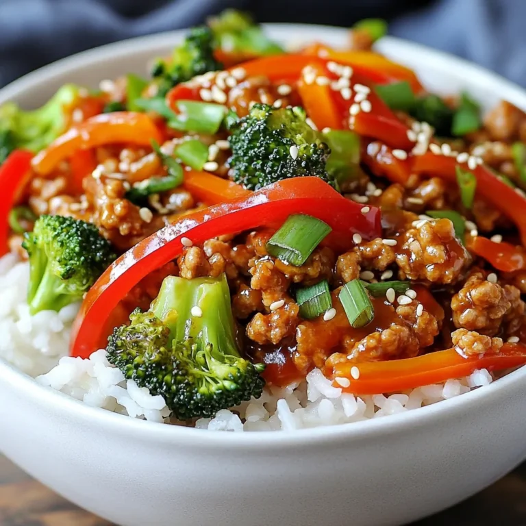 You need 1 pound of ground turkey. This lean meat cooks fast and takes on flavors well. It gives you a protein boost while keeping the dish light. Ground turkey is easy to find in stores. For the veggies, gather: - 1 red bell pepper, sliced - 1 cup broccoli florets - 1 carrot, peeled and sliced into thin rounds - 3 green onions, chopped - 3 cloves garlic, minced - 1 inch piece of ginger, grated These vegetables add color and crunch. The bell pepper brings sweetness, while broccoli adds a nice texture. Carrots give a slight earthiness. Green onions and garlic pack a punch of flavor, and ginger adds warmth. For the sauce, you will need: - 1/4 cup low-sodium soy sauce - 2 tablespoons honey - 1 tablespoon rice vinegar - 1 teaspoon sesame oil - Salt and pepper to taste This combination makes a tasty teriyaki sauce. Low-sodium soy sauce keeps it healthier. Honey adds sweetness, while rice vinegar gives a tangy kick. Sesame oil adds depth and rounds out the taste. Adjust salt and pepper to fit your taste. Serve your stir fry hot over cooked rice or quinoa. Garnish with sesame seeds and more green onions for a finishing touch. This meal is quick, tasty, and good for you! {{ingredient_image_1}} First, grab a small bowl. In this bowl, mix together these ingredients: - 1/4 cup low-sodium soy sauce - 2 tablespoons honey - 1 tablespoon rice vinegar - 1 teaspoon sesame oil Stir them well until they blend nicely. Set the sauce aside for later. Now, take a large skillet or wok and heat 2 tablespoons of vegetable oil over medium-high heat. Once the oil is hot, add 1 pound of ground turkey. Use a spatula to break it apart. Cook for about 5 to 7 minutes. You want it to turn brown and cook through. Season it with a pinch of salt and pepper. Next, add 3 cloves of minced garlic and 1 inch of grated ginger. Stir these in for about a minute until you can smell the great aroma. Time to add some crunch! Toss in the sliced red bell pepper, 1 cup of broccoli florets, and the sliced carrot. Stir-fry these for about 3 to 4 minutes. You want them to be tender but still crisp. Now, pour in the teriyaki sauce you made earlier. Toss everything to coat the turkey and vegetables. Cook for an extra 2 minutes. This step helps the sauce become thicker. Just before serving, stir in the chopped green onions. Reserve some for garnish. Serve your stir fry hot over cooked rice or quinoa. Top it with sesame seeds and extra green onions for a nice touch. Enjoy! Cooking ground turkey takes just a few simple steps. First, use a large skillet or wok. Heat it over medium-high heat with vegetable oil. Once hot, add the ground turkey. Break it apart with a spatula for even cooking. Brown it for about 5-7 minutes. This method gives you a nice texture. Stir constantly to prevent burning. To boost flavor, add minced garlic and grated ginger right after the turkey. Cook these for about one minute. This step releases their aroma and makes the dish pop. For extra richness, drizzle sesame oil at the end. It adds a nutty taste that pairs well with teriyaki sauce. Feel free to swap the ground turkey for other meats. Chicken or beef work great too. For a vegan option, use tofu or tempeh. If you want different veggies, try snap peas or bell peppers. You can also adjust the sauce. Use maple syrup instead of honey for a vegan twist. Always taste and tweak for your preference. Pro Tips Use Fresh Ingredients: Fresh vegetables and high-quality ground turkey enhance the flavor and texture of your stir fry. Customize Your Veggies: Feel free to substitute or add other vegetables like snap peas, zucchini, or baby corn based on your preference. Adjust Sweetness: Modify the amount of honey in the sauce to suit your taste; you can add more for a sweeter teriyaki flavor. Meal Prep Friendly: This stir fry can be cooked in advance and stored in the refrigerator for up to three days, making it perfect for meal prep. {{image_2}} You can switch the ground turkey for other meats. Chicken or pork works well. If you prefer a plant-based dish, try using tofu or tempeh. These options provide different flavors and textures while keeping the dish healthy. Feel free to mix and match your veggies. Snap peas, zucchini, or mushrooms add variety. You can also use frozen mixed vegetables if you're short on time. Just remember to adjust cooking time for each type of vegetable. While teriyaki sauce is delicious, you can explore other flavors. Try sweet and sour sauce for a tangy twist. If you like spice, add some sriracha or chili garlic sauce. You can even make a peanut sauce for a creamy, nutty flavor. After cooking your ground turkey teriyaki stir fry, let it cool. Store it in an airtight container. It will stay fresh in the fridge for up to three days. Make sure it cools to room temperature before sealing it. This helps prevent moisture buildup. You can freeze leftovers for future meals. Place the stir fry in a freezer-safe container. It will keep well in the freezer for up to three months. To avoid freezer burn, wrap it tightly in plastic wrap before sealing it. Label the container with the date to track freshness. When you're ready to eat, thaw the stir fry in the fridge overnight. Reheat it in a skillet over medium heat. Stir it often to warm evenly. You can also use the microwave. Heat in short bursts, stirring in between, until hot. Always check the internal temperature reaches 165°F for safety. Enjoy your meal! It takes about 5 to 7 minutes to cook ground turkey. Start by heating your skillet over medium-high heat. Once hot, add the ground turkey. Break it apart with a spatula as it cooks. You want it to be browned and fully cooked. Make sure to check for any pink color. This ensures it is safe to eat. Yes, you can use frozen vegetables in this dish. Frozen veggies are quick and easy. They save time and still taste great. Just add them directly to the skillet when you add the fresh vegetables. Cook them a bit longer, about 5 to 7 minutes. This helps them warm through and blend well with the turkey. I recommend serving this stir fry over cooked rice or quinoa. Both options soak up the sauce well. You can also serve it with noodles for a fun twist. Add a side of steamed veggies or a fresh salad. This will balance the meal and add more color to your plate. This blog post covered how to create a tasty ground turkey stir fry. We explored essential ingredients like vegetables and sauce. I gave you step-by-step instructions for each cooking stage. Plus, I shared tips to boost flavor and suggested variations for customization. In summary, you can make this dish your own while enjoying how easy it is. Grab the ingredients, follow the steps, and create a wonderful meal. Enjoy your cooking adventure!