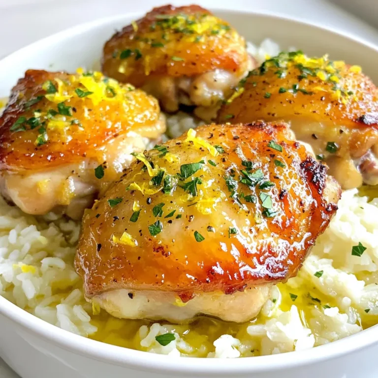To make a tasty Lemon Garlic Chicken and Rice, gather these simple ingredients: - 4 bone-in, skin-on chicken thighs - 1 cup long-grain white rice - 2 cups chicken broth - 3 tablespoons olive oil - 4 cloves garlic, minced - Zest of 1 lemon - 1/4 cup freshly squeezed lemon juice - 1 teaspoon dried oregano - 1 teaspoon paprika - Salt and pepper to taste - Fresh parsley, chopped, for garnish These ingredients come together to create a dish full of flavor. The chicken thighs give a nice, juicy bite. The rice soaks up all the tasty broth and lemon juice, making it fluffy and zesty. Garlic adds a warm, savory note that ties everything together. Don't forget the parsley; it adds a fresh, colorful touch. Each ingredient plays a key role in making this dish special. {{ingredient_image_1}} - In a bowl, combine minced garlic, lemon zest, lemon juice, olive oil, oregano, paprika, salt, and pepper. - Add the chicken thighs, ensuring they are fully coated in the marinade. - Let marinate in the refrigerator for at least 30 minutes or up to 2 hours for best flavor. Marinating the chicken helps the flavors sink in. The lemon and garlic work together to give the chicken a bright taste. This step is key to making your dish pop with flavor! - Heat a tablespoon of olive oil in a large skillet or Dutch oven over medium-high heat. - Remove the chicken from the marinade (save the marinade) and sear the chicken thighs skin-side down for about 5-7 minutes. - Flip and cook for an additional 4-5 minutes until golden brown. - Remove the chicken from the pan and set it aside. Searing adds a nice crust to the chicken. The crispy skin makes each bite satisfying. It also helps lock in the juices for a moist finish. - In the same skillet, add the rice and toast it for 2 minutes, stirring often. - Pour in the chicken broth and add the reserved marinade. - Bring to a boil, then reduce heat to low and cover the skillet. - Simmer for about 15 minutes, or until the rice is cooked and has absorbed most of the liquid. Toasting the rice brings out its natural nutty flavor. The broth and marinade add depth and richness to each grain. - Nestle the seared chicken thighs on top of the rice. - Cover the skillet again and cook for an additional 10-15 minutes on low heat. This step allows the chicken to finish cooking while the flavors meld together. The rice absorbs the juices from the chicken, creating a delicious blend. - Once everything is cooked, remove the skillet from heat. - Let it sit for a few minutes. - Garnish with freshly chopped parsley before serving. Resting the dish allows the flavors to settle. The parsley adds a nice touch and brightens the plate. Enjoy your savory lemon garlic chicken and rice! To boost the taste of your Lemon Garlic Chicken and Rice, marinate the chicken longer. A good rule is to let it sit for at least two hours. This gives the flavors time to soak in. Also, always use fresh herbs for garnish. They add color and a burst of flavor that makes the dish pop. For perfect searing, make sure your skillet is hot before adding the chicken. This helps create a nice, crispy skin. Sear the chicken thighs skin-side down first. After a few minutes, flip them to cook the other side. To ensure fluffy rice, toast it briefly in the skillet before adding broth. This step brings out the nutty flavor and prevents it from getting mushy. Use a large skillet or a Dutch oven for this recipe. These are great for even heat. They also allow enough space for the chicken and rice. For preparation, you will need a good chef's knife, a cutting board, and measuring cups. These tools help make your cooking smooth and easy. Pro Tips Marinate for Maximum Flavor: The longer you marinate the chicken, the more flavorful it will be. Aim for at least 2 hours or overnight if possible. Perfectly Crispy Skin: Ensure your skillet is hot enough before adding the chicken. This helps achieve that beautiful crispy skin. Rice Texture Matters: Toasting the rice before adding the liquid enhances its nutty flavor and helps achieve a fluffier texture. Garnish for Freshness: Always add fresh herbs like parsley just before serving. They add a pop of color and a burst of freshness to the dish. {{image_2}} You can switch chicken thighs for chicken breasts. Breasts cook faster and are leaner. This change makes the dish lighter but may dry out quicker. Use a meat thermometer to check doneness and avoid overcooking. Using brown rice instead of white rice adds more fiber. Brown rice takes longer to cook, so adjust the cooking time. Replace the 1 cup of white rice with 1 cup of brown rice. You'll need 2 ½ cups of chicken broth instead of 2 cups. Add vegetables for extra taste and nutrition. Bell peppers and spinach work well. Chop them and add them to the rice when simmering. This makes the dish colorful and healthy. Incorporate spices for different flavor profiles. Try adding cumin for a warm, earthy taste. You can also use curry powder for a unique twist. This gives your dish a whole new character without much effort. You can adapt this recipe for an Instant Pot or slow cooker. For the Instant Pot, sauté the chicken first, then cook on high for 10 minutes. If using a slow cooker, sear the chicken first. Then place it in the slow cooker with the rice and broth. Cook on low for about 6 hours. Grilling chicken instead of searing adds a smoky flavor. Marinate the chicken as usual, then grill it for 6-8 minutes on each side. This method gives a nice char and pairs beautifully with the rice. To keep your Lemon Garlic Chicken and Rice fresh, follow these tips: - Refrigerating leftovers: Place the cooled dish in an airtight container. It can last in the fridge for about 3 to 4 days. Make sure to let it cool down before sealing. This helps prevent condensation and soggy rice. - Freezing guidelines: If you want to store it longer, freezing is a great option. Use a freezer-safe container or heavy-duty freezer bags. Remove as much air as possible to avoid freezer burn. You can keep it in the freezer for up to 3 months. To enjoy your dish again, reheating it properly is key. Here are the best methods: - Methods for best results: The oven is great for reheating. Preheat it to 350°F (175°C). Place your chicken and rice in an oven-safe dish, cover it with foil, and heat for about 20 minutes. You can also use the microwave. Just heat it in short bursts, stirring in between, until warm. - How to avoid dry rice: To keep the rice fluffy, add a splash of water or broth before reheating. This helps create steam and keeps the rice moist. Cover the dish while reheating to trap the steam. You can store Lemon Garlic Chicken and Rice in the fridge for up to four days. Make sure to place it in an airtight container. This helps keep it fresh and tasty. If you want to keep it longer, freeze it. It can last for up to three months in the freezer. Yes, you can make this dish ahead of time. Cook it fully and let it cool. Once cool, store it in the fridge. This dish reheats well, so enjoy it later without losing flavor. Lemon Garlic Chicken and Rice pairs well with many sides. Try a simple green salad or steamed veggies. You can also serve it with garlic bread or roasted potatoes for a heartier meal. Yes, you can use other types of rice. Brown rice is a great option, but it will need more cooking time. Quinoa is another choice, which adds a nice texture. Just adjust the liquid and cooking time as needed. Yes, marinating chicken overnight is safe. It can deepen the flavors and make the chicken more tender. Just make sure to keep it in the fridge while it marinates. This article shared a simple, tasty recipe for Lemon Garlic Chicken and Rice. I covered all the steps, from marinating to serving. You can enhance the dish with tips and variations. Remember, cooking is fun and allows for creativity. With a few changes, you can make this dish your own. Enjoy the flavors and share it with others! You'll impress your family with this easy meal. Now, gather your ingredients and start cooking!