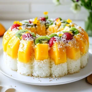 - 2 cups sushi rice - 2 ½ cups water - 1 cup coconut milk - 1 cup granulated sugar - 1 teaspoon vanilla extract - 1 tablespoon rice vinegar - 1 tablespoon gelatin powder - 1 cup diced mango - 1 cup diced kiwi - 1 cup diced strawberries - 1 cup shredded coconut (unsweetened) - ½ cup toasted sesame seeds - Edible flowers (for garnish, optional) Sushi Rice: This rice is sticky and helps hold the cake together. Rinsing it removes extra starch. This step keeps the rice from getting gummy. Coconut Milk: This milk adds creaminess and a tropical flavor. It makes the cake moist and rich. Granulated Sugar: Sugar sweetens the cake. It balances the flavors from the fruit and coconut milk. Gelatin Powder: This helps the cake set firmly. It gives the cake a nice shape when you flip it out of the pan. Rice Vinegar: This adds a hint of tang. It brightens the overall flavor of the cake. Diced Fruits: Mango, kiwi, and strawberries give the cake color and freshness. They provide a burst of flavor with each bite. Shredded Coconut: This adds texture and a fun look. You can choose unsweetened for a more natural taste. Toasted Sesame Seeds: These seeds add a nutty crunch. They also make a great garnish on top of the cake. Edible Flowers: These are optional but can make your cake beautiful. They add color and a touch of elegance. This unique dessert is full of flavor and fun. Each bite brings a taste of sushi in cake form! {{ingredient_image_1}} Start by rinsing the sushi rice. Use cold water until it runs clear. This step removes excess starch. It helps the rice stay fluffy. In a medium pot, mix the rinsed rice with water. Heat until it boils, then cover and reduce the heat. Let it simmer for 20 minutes. After that, remove it from heat and let it sit for 10 minutes. Do not lift the lid during this time. This resting helps the rice firm up nicely. While the rice rests, prepare the coconut mixture. In a bowl, combine coconut milk, sugar, vanilla, rice vinegar, and gelatin. Mix well until the gelatin dissolves completely. This mixture will add sweetness and creaminess to your cake. Once the rice has cooled, fluff it with a fork. Gently fold the rice into the coconut mixture. Make sure each grain of rice gets coated well. This is what makes the cake moist and flavorful. Grease a Bundt pan with non-stick spray or coconut oil. Press one-third of the rice mixture into the bottom. This forms the base layer. Next, add a layer of diced mango on top. Then, add another third of the rice mixture. Press it down firmly for a good shape. Repeat this process with diced kiwi, followed by the last third of the rice mixture on top. Ensure all the fruit is covered completely. This layering gives the cake its beautiful look. Once assembled, chill the cake in the fridge. Let it set for at least 4 hours, but overnight is best. When ready, carefully invert the Bundt pan onto a serving plate. Tap or shake the pan gently to release the cake. It should come out easily. To garnish, sprinkle shredded coconut and toasted sesame seeds on top. For a colorful touch, add edible flowers if you like. Slice the cake and serve it chilled. Enjoy this fun and unique treat! To cook sushi rice well, rinse it first. Wash the rice under cold water. Keep rinsing until the water runs clear. This step takes away extra starch. It helps the rice stay fluffy. Use a medium saucepan for cooking. Combine 2 cups of rice with 2 ½ cups of water. Bring this mix to a boil. Once boiling, turn the heat low. Cover and let it simmer for 20 minutes. After cooking, let it rest for 10 minutes without lifting the lid. This step lets the rice finish cooking and become tender. To get the perfect coconut mixture, mix 1 cup of coconut milk with 1 cup of sugar. Add 1 teaspoon of vanilla extract and 1 tablespoon of rice vinegar. Finally, add 1 tablespoon of gelatin powder. Whisk until everything blends well. Make sure the gelatin dissolves fully. This mixture should feel smooth and pourable. It will coat the rice nicely and add flavor. When layering in a Bundt pan, start by greasing it. Use non-stick spray or coconut oil. Press one-third of the rice mixture into the bottom. This forms a solid base. Next, add a layer of diced mango. Then, spread another third of the rice on top. Press down firmly to pack it. Follow with diced kiwi and finish with the last of the rice. This order helps to keep the layers even. Make sure to cover all fruit well. After layering, chill the cake in the fridge for at least 4 hours. Letting it set overnight works best. Pro Tips Rinse the Rice: Always rinse sushi rice under cold water until the water runs clear to remove excess starch for a non-gummy texture. Chill Time Matters: For the best texture and flavor, allow the Bundt cake to chill overnight. This helps the gelatin set perfectly. Layering Fruits: Press down firmly while layering the rice and fruits to ensure the cake holds its shape when inverted. Garnish Creatively: Enhance the visual appeal by using a mix of shredded coconut, toasted sesame seeds, and edible flowers on top. {{image_2}} You can change the fruits in the sushi Bundt cake. Try using berries like blueberries or raspberries. These fruits add a burst of flavor. You can also swap mango, kiwi, or strawberries for peaches or pineapples. Each fruit brings a new taste. Mix and match to find your favorite combo. The key is to choose ripe fruits for the best flavor. Want a vegan sushi Bundt cake? Simply replace the gelatin with agar-agar. This plant-based thickener works well. Use a dairy-free milk, like almond or oat milk, instead of coconut milk. For a gluten-free cake, ensure your rice vinegar is gluten-free as well. These changes keep the cake tasty while meeting dietary needs. Garnishing your sushi Bundt cake can make it pop! Sprinkle toasted sesame seeds on top for a nice crunch. Add bright edible flowers for a beautiful look. You can also drizzle a little coconut sauce over each slice. This adds flavor and makes each piece special. Get creative and have fun with the presentation! To keep your sushi Bundt cake fresh, store it in the fridge. Wrap it tightly with plastic wrap. This helps keep moisture in and prevents drying out. You can also use an airtight container. If you do this, the cake stays fresh for up to three days. Always slice the cake before serving to make it easier to store. If you want to save some cake for later, freezing works well. First, slice the cake into pieces. Then wrap each piece in plastic wrap. After that, put them into a freezer-safe bag or container. You can freeze the cake for up to a month. When you are ready to eat it, take it out and let it thaw in the fridge overnight. The sushi Bundt cake stays good in the fridge for about three days. If frozen, it stays fresh for one month. You don’t need to reheat the cake; it tastes best chilled. If you want it warmer, let it sit at room temperature for about 15 minutes before serving. This brings out the flavors nicely. No, you should not use regular rice. Sushi rice has a specific sticky texture. This helps the cake hold its shape and layers well. Regular rice will not give you the same results. It may break apart and not set properly. The cake needs at least 4 hours to chill and set. For the best flavor and texture, let it chill overnight. This time allows all the flavors to meld together and makes slicing easier. Yes, you can make it in advance. The Sushi Bundt Cake stays fresh for about three days in the fridge. Just cover it well to keep it moist. Making it ahead of time saves you stress on the day of your event. You can serve this cake with a side of coconut sauce. A scoop of vanilla ice cream pairs well too. Fresh fruit or whipped cream are great options. These add flavor and make your dessert even more enjoyable! Sushi Bundt Cake offers a fun twist on traditional desserts. We covered key ingredients, step-by-step instructions, and practical tips. You learned about variations and how to store leftovers properly. Remember, this cake is versatile and easy to adapt. With creativity, you can impress friends and family. Enjoy your baking adventure and share your unique creations! This cake will surely be a hit at any gathering.