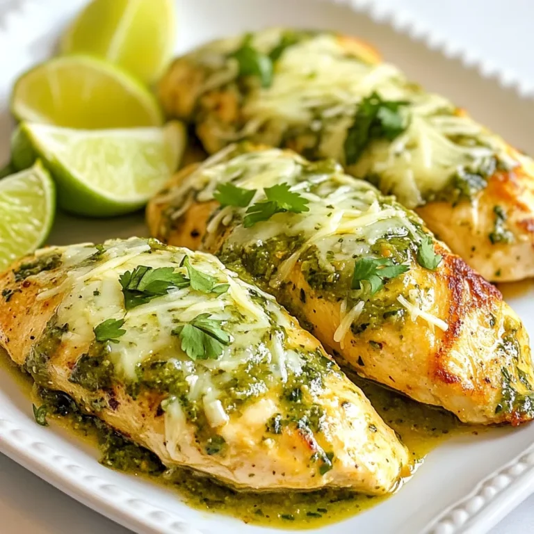 For this tasty weeknight meal, we start with the main star: chicken. Use four boneless, skinless chicken breasts. They are easy to cook and soak up flavors well. To season the chicken, we need some spices to give it a kick. You will need: - 1 teaspoon garlic powder - 1 teaspoon cumin - ½ teaspoon smoked paprika - Salt and pepper to taste These spices add depth and warmth to the dish. The garlic powder brings out a savory taste, while cumin adds earthiness. Smoked paprika gives a subtle smokiness that pairs well with the chicken. Next, we’ll use salsa verde to create a fresh and zesty flavor. You’ll need one cup of salsa verde. It is bright and tangy, making the chicken shine. To top it off, we’ll add cheese for creaminess. Grab one cup of shredded Pepper Jack cheese. This cheese melts nicely and adds a bit of spice. It brings everything together in a delightful way. Garnishes elevate your dish and make it look stunning. For this recipe, fresh cilantro is a great choice. Chop some and sprinkle it on top for a burst of color and flavor. You can also serve lime wedges on the side. A squeeze of lime juice adds a refreshing zing to each bite. These simple touches make your Salsa Verde Pepper Jack Chicken even more enjoyable. {{ingredient_image_1}} Start by preheating your oven to 375°F (190°C). This step warms up the oven for even cooking. While it heats, grab four boneless, skinless chicken breasts. Season them with garlic powder, cumin, smoked paprika, salt, and pepper. Use your hands to rub the spices into the chicken for full flavor. Next, heat one tablespoon of olive oil in a large skillet over medium heat. Once hot, place the seasoned chicken in the skillet. Sear each side for about 4-5 minutes. Look for a golden brown color but don't cook it through yet. This step adds flavor and keeps the chicken juicy. After searing, remove the chicken from the skillet and place it in a baking dish. Pour one cup of salsa verde evenly over the chicken breasts. Make sure each piece is well coated. Then, sprinkle one cup of shredded Pepper Jack cheese over the top. Cover the baking dish with aluminum foil and place it in the preheated oven. Bake for 20-25 minutes, or until the chicken reaches an internal temperature of 165°F (75°C). After that, remove the foil and bake for another 5 minutes. This helps the cheese melt and brown slightly. Once done, take the dish out of the oven and let the chicken rest for a few minutes. Finish by garnishing with chopped cilantro and serve with lime wedges. Enjoy your flavorful and cheesy meal! To get the best chicken, start by seasoning it well. I like to use garlic powder, cumin, and smoked paprika. These spices add great flavor. Searing the chicken is key. Cook each side for 4-5 minutes until golden brown. This locks in juices and taste. After searing, bake the chicken in the oven. Bake it at 375°F (190°C) until it reaches 165°F (75°C). This ensures the chicken cooks evenly and stays tender. For a perfect cheese melt, use shredded Pepper Jack cheese. Shredded cheese melts faster and more evenly. After baking the chicken, remove the foil for the last 5 minutes. This helps the cheese brown nicely. Keep an eye on it. You want the cheese to be bubbly and slightly golden, not burnt. If it melts too fast, lower the oven temperature. Presentation matters! I suggest garnishing with fresh cilantro. It adds color and a fresh taste. Serve the chicken on a large platter for a family meal or on individual plates for guests. Drizzle extra salsa verde over the top for a pop of color. Lime wedges are great on the side; they add a zing when squeezed over the chicken. This simple step makes your dish look and taste amazing! Pro Tips Use Fresh Ingredients: Fresh chicken and high-quality salsa verde will enhance the flavor of your dish significantly. Let it Rest: Allowing the chicken to rest after baking helps retain its juices, making it more tender and flavorful. Experiment with Toppings: Feel free to add sliced jalapeños or olives on top before baking for an extra kick. Serve with Sides: Pairing this dish with a side of black beans or corn salad can create a well-rounded meal. {{image_2}} You can easily adapt this recipe to fit various diets. For a low-carb option, use cauliflower rice instead of regular rice. If you're dairy-free, try using a plant-based cheese that melts well. You can also swap chicken for tofu or tempeh for a vegetarian twist. This keeps the dish tasty while meeting different dietary needs. Boost the flavor with fresh ingredients. Add chopped jalapeños for extra heat. You can also mix in some lime juice for a fresh zing. For a smoky touch, consider adding chipotle peppers in adobo sauce. If you like it sweet, try a dash of honey or agave syrup to balance the heat from the salsa verde. Serving sides can enhance your meal. A fresh salad with avocado and lime pairs well with the chicken. You might also enjoy black beans and corn for a hearty option. If you're looking for something warm, serve it with fluffy rice or quinoa. These sides add flavor and texture, making your meal complete. After you enjoy your Salsa Verde Pepper Jack Chicken, you can store leftovers easily. Place the chicken in an airtight container. Make sure to cover it well. It stays fresh in the fridge for up to three days. If you want to keep it longer, freezing is a great option. When you’re ready to eat your leftovers, reheat them well. You can use the oven or a microwave. For the oven, preheat it to 350°F (175°C). Place the chicken in a baking dish and cover it with foil. Heat for about 15-20 minutes. If using a microwave, heat for 1-2 minutes, checking often. Make sure the chicken is hot throughout before serving. To freeze your Salsa Verde Pepper Jack Chicken, wrap it tightly in plastic wrap. Then, place it in a freezer-safe bag. This keeps out air and prevents freezer burn. It can last in the freezer for up to three months. When you want to eat it, thaw it in the fridge overnight. Then, follow the reheating instructions for a tasty meal. You can serve this chicken with many tasty sides. Rice is a great choice. It soaks up the salsa verde well. A fresh salad adds a nice crunch. You could also add some black beans for extra protein. Tortillas make a fun option, too. Just wrap the chicken in a tortilla for a delicious taco. For a zesty touch, squeeze some lime over the dish. Yes, you can use other cheeses if you like. Monterey Jack works great if you want a milder flavor. Cheddar cheese adds a sharper taste. If you want something bold, try using a spicy cheese like habanero jack. Just remember to keep the cheese meltable. It should melt well over the chicken. Check the chicken's internal temperature. It should reach 165°F (75°C) to be safe. You can use a meat thermometer for this. If you cut into the chicken, the juices should run clear, not pink. This means it is done. Let it rest for a few minutes after cooking. This helps keep it juicy. This blog post covered all you need for Salsa Verde Pepper Jack Chicken. We explored vital ingredients like chicken, spices, and garnishes. You learned step-by-step instructions on preparing and baking the dish. I shared tips for perfect chicken texture and melting cheese. You saw variations for diets and flavors, plus storage info for leftovers. Now, it’s time to enjoy your tasty creation. Take the recipes and make them your own. Happy cooking!