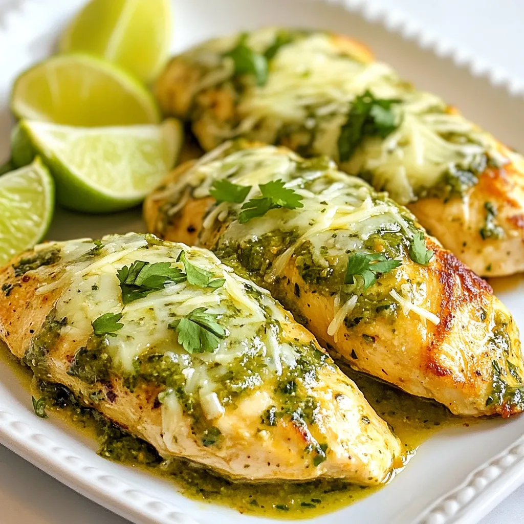 For this tasty weeknight meal, we start with the main star: chicken. Use four boneless, skinless chicken breasts. They are easy to cook and soak up flavors well. To season the chicken, we need some spices to give it a kick. You will need: - 1 teaspoon garlic powder - 1 teaspoon cumin - ½ teaspoon smoked paprika - Salt and pepper to taste These spices add depth and warmth to the dish. The garlic powder brings out a savory taste, while cumin adds earthiness. Smoked paprika gives a subtle smokiness that pairs well with the chicken. Next, we’ll use salsa verde to create a fresh and zesty flavor. You’ll need one cup of salsa verde. It is bright and tangy, making the chicken shine. To top it off, we’ll add cheese for creaminess. Grab one cup of shredded Pepper Jack cheese. This cheese melts nicely and adds a bit of spice. It brings everything together in a delightful way. Garnishes elevate your dish and make it look stunning. For this recipe, fresh cilantro is a great choice. Chop some and sprinkle it on top for a burst of color and flavor. You can also serve lime wedges on the side. A squeeze of lime juice adds a refreshing zing to each bite. These simple touches make your Salsa Verde Pepper Jack Chicken even more enjoyable. {{ingredient_image_1}} Start by preheating your oven to 375°F (190°C). This step warms up the oven for even cooking. While it heats, grab four boneless, skinless chicken breasts. Season them with garlic powder, cumin, smoked paprika, salt, and pepper. Use your hands to rub the spices into the chicken for full flavor. Next, heat one tablespoon of olive oil in a large skillet over medium heat. Once hot, place the seasoned chicken in the skillet. Sear each side for about 4-5 minutes. Look for a golden brown color but don't cook it through yet. This step adds flavor and keeps the chicken juicy. After searing, remove the chicken from the skillet and place it in a baking dish. Pour one cup of salsa verde evenly over the chicken breasts. Make sure each piece is well coated. Then, sprinkle one cup of shredded Pepper Jack cheese over the top. Cover the baking dish with aluminum foil and place it in the preheated oven. Bake for 20-25 minutes, or until the chicken reaches an internal temperature of 165°F (75°C). After that, remove the foil and bake for another 5 minutes. This helps the cheese melt and brown slightly. Once done, take the dish out of the oven and let the chicken rest for a few minutes. Finish by garnishing with chopped cilantro and serve with lime wedges. Enjoy your flavorful and cheesy meal! To get the best chicken, start by seasoning it well. I like to use garlic powder, cumin, and smoked paprika. These spices add great flavor. Searing the chicken is key. Cook each side for 4-5 minutes until golden brown. This locks in juices and taste. After searing, bake the chicken in the oven. Bake it at 375°F (190°C) until it reaches 165°F (75°C). This ensures the chicken cooks evenly and stays tender. For a perfect cheese melt, use shredded Pepper Jack cheese. Shredded cheese melts faster and more evenly. After baking the chicken, remove the foil for the last 5 minutes. This helps the cheese brown nicely. Keep an eye on it. You want the cheese to be bubbly and slightly golden, not burnt. If it melts too fast, lower the oven temperature. Presentation matters! I suggest garnishing with fresh cilantro. It adds color and a fresh taste. Serve the chicken on a large platter for a family meal or on individual plates for guests. Drizzle extra salsa verde over the top for a pop of color. Lime wedges are great on the side; they add a zing when squeezed over the chicken. This simple step makes your dish look and taste amazing! Pro Tips Use Fresh Ingredients: Fresh chicken and high-quality salsa verde will enhance the flavor of your dish significantly. Let it Rest: Allowing the chicken to rest after baking helps retain its juices, making it more tender and flavorful. Experiment with Toppings: Feel free to add sliced jalapeños or olives on top before baking for an extra kick. Serve with Sides: Pairing this dish with a side of black beans or corn salad can create a well-rounded meal. {{image_2}} You can easily adapt this recipe to fit various diets. For a low-carb option, use cauliflower rice instead of regular rice. If you're dairy-free, try using a plant-based cheese that melts well. You can also swap chicken for tofu or tempeh for a vegetarian twist. This keeps the dish tasty while meeting different dietary needs. Boost the flavor with fresh ingredients. Add chopped jalapeños for extra heat. You can also mix in some lime juice for a fresh zing. For a smoky touch, consider adding chipotle peppers in adobo sauce. If you like it sweet, try a dash of honey or agave syrup to balance the heat from the salsa verde. Serving sides can enhance your meal. A fresh salad with avocado and lime pairs well with the chicken. You might also enjoy black beans and corn for a hearty option. If you're looking for something warm, serve it with fluffy rice or quinoa. These sides add flavor and texture, making your meal complete. After you enjoy your Salsa Verde Pepper Jack Chicken, you can store leftovers easily. Place the chicken in an airtight container. Make sure to cover it well. It stays fresh in the fridge for up to three days. If you want to keep it longer, freezing is a great option. When you’re ready to eat your leftovers, reheat them well. You can use the oven or a microwave. For the oven, preheat it to 350°F (175°C). Place the chicken in a baking dish and cover it with foil. Heat for about 15-20 minutes. If using a microwave, heat for 1-2 minutes, checking often. Make sure the chicken is hot throughout before serving. To freeze your Salsa Verde Pepper Jack Chicken, wrap it tightly in plastic wrap. Then, place it in a freezer-safe bag. This keeps out air and prevents freezer burn. It can last in the freezer for up to three months. When you want to eat it, thaw it in the fridge overnight. Then, follow the reheating instructions for a tasty meal. You can serve this chicken with many tasty sides. Rice is a great choice. It soaks up the salsa verde well. A fresh salad adds a nice crunch. You could also add some black beans for extra protein. Tortillas make a fun option, too. Just wrap the chicken in a tortilla for a delicious taco. For a zesty touch, squeeze some lime over the dish. Yes, you can use other cheeses if you like. Monterey Jack works great if you want a milder flavor. Cheddar cheese adds a sharper taste. If you want something bold, try using a spicy cheese like habanero jack. Just remember to keep the cheese meltable. It should melt well over the chicken. Check the chicken's internal temperature. It should reach 165°F (75°C) to be safe. You can use a meat thermometer for this. If you cut into the chicken, the juices should run clear, not pink. This means it is done. Let it rest for a few minutes after cooking. This helps keep it juicy. This blog post covered all you need for Salsa Verde Pepper Jack Chicken. We explored vital ingredients like chicken, spices, and garnishes. You learned step-by-step instructions on preparing and baking the dish. I shared tips for perfect chicken texture and melting cheese. You saw variations for diets and flavors, plus storage info for leftovers. Now, it’s time to enjoy your tasty creation. Take the recipes and make them your own. Happy cooking!