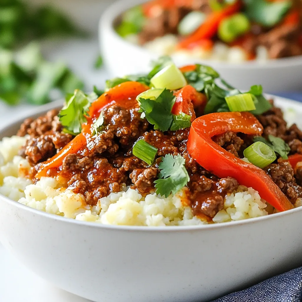 - 1 lb ground beef - 1 medium head of cauliflower, riced - 1 red bell pepper, diced - 1 small onion, finely chopped - 3 cloves garlic, minced - 2 tablespoons soy sauce - 1 tablespoon chili powder - 1 teaspoon cumin - ½ teaspoon smoked paprika - Salt and pepper to taste - 2 green onions, sliced - Fresh cilantro leaves {{ingredient_image_1}} Start by ricing the cauliflower. You can use a food processor or a box grater. Both methods work well, but I prefer the food processor for speed. Once riced, set it aside for later. Next, grab a large skillet. Heat the olive oil over medium-high heat. Then, add the chopped onion and minced garlic. Sauté them for about two minutes until they smell great. Now it’s time to add flavor. Stir in the ground beef, breaking it up with a wooden spoon. Cook it until it turns brown, which takes about 5 to 7 minutes. Drain any extra fat if needed. After that, add the chili powder, cumin, smoked paprika, soy sauce, salt, and pepper. Mix everything well and let it cook for another 2 to 3 minutes. This helps the spices blend into the beef. In another pan, pour a little olive oil. Sauté the riced cauliflower over medium heat for about 4 to 5 minutes. You want it tender but not mushy. Check the texture by tasting a small bit and season with salt and pepper. Now, taste the beef mixture. Adjust the seasoning if it needs more flavor. To serve, layer the riced cauliflower in bowls. Top it with the crispy chili ground beef for a hearty meal. Finally, add some color and flavor. Sprinkle diced red bell pepper, sliced green onions, and fresh cilantro leaves on top. This not only looks good but also adds extra taste to your dish. To get crispy ground beef, you need high heat. Start with a hot skillet. Add the olive oil first, then the onion and garlic. Cook them for two minutes until fragrant. Next, add the ground beef. Break it apart with a wooden spoon. Cook it until brown, which takes about five to seven minutes. If there's too much fat, drain it off. This keeps the beef crispy. For riced cauliflower, the key is to avoid overcooking. Sauté it in the skillet over medium heat. Add a splash of olive oil. Cook for four to five minutes until it’s tender. Season it with salt and pepper. This will help keep the texture light and fluffy. You can make this meal ahead of time. Cook the ground beef and riced cauliflower separately. Store them in airtight containers. They will stay fresh in the fridge for three to four days. You can also prep the veggies ahead. Dice the red bell pepper and chop the green onions. Keep them in the fridge for quick assembly later. When you're ready to eat, just reheat the beef and cauliflower in a skillet. This makes meal prep easy and saves time during busy days. To make your bowls even better, pair them with simple sides. A fresh salad or steamed broccoli works well. You can also serve it with avocado slices for creaminess. For presentation, layer the riced cauliflower in bowls first. Top it with the crispy chili ground beef. Finish with the diced red bell pepper, sliced green onions, and fresh cilantro. This not only looks great but adds more flavor. Enjoy each colorful bite! Pro Tips Use Fresh Ingredients: Fresh vegetables and herbs enhance the flavors of your dish, making it vibrant and delicious. Monitor Cooking Time: Overcooking the cauliflower can lead to a mushy texture. Keep an eye on it while sautéing to achieve the perfect tenderness. Customize the Heat: Adjust the amount of chili powder based on your spice tolerance. You can also add fresh chili peppers for extra heat! Garnish for Flavor: Don't skip the garnishes! They add freshness and visual appeal, enhancing the overall enjoyment of the dish. {{image_2}} You can switch ground beef for other meats. Ground turkey works well and is leaner. Ground chicken is another great choice. Both have similar cooking times and flavors. If you want a vegetarian option, try lentils or mushrooms. Cooked lentils add protein and texture. Mushrooms give a nice umami flavor. Both will absorb the spices well. You can make this dish hotter or milder. To increase heat, add more chili powder. You can also add red pepper flakes for extra kick. If you prefer less heat, cut back on the chili powder. You can replace it with smoked paprika for a smoky flavor without heat. Try adding herbs like oregano or thyme for a different taste. You have options for cooking cauliflower. Roasting gives a nice crispy texture. Toss riced cauliflower with olive oil and roast it at 400°F (204°C). Sautéing is quick and easy. Just heat a pan with olive oil and cook for 4-5 minutes. This method keeps it tender and flavorful. You can also use other low-carb veggies. Zucchini noodles or spaghetti squash are great substitutes. They offer different flavors and textures in your bowl. To keep your leftovers fresh, use airtight containers. Make sure to let the dish cool first. Store in the fridge for up to three days. If you want to freeze, use freezer-safe bags or containers. Separate the beef and cauliflower for best results. Label the bags with the date. You can freeze them for up to three months. When you’re ready to eat, let them thaw in the fridge overnight. For reheating, the stovetop works best. Heat a skillet on medium and add a splash of oil. This helps bring back the crispiness. Stir gently until heated through. You can use the microwave too, but it may make the dish soggy. If using a microwave, cover the bowl loosely. This keeps some moisture in without making it too wet. Yes, this dish is keto-friendly. The main ingredient, cauliflower, is low in carbs. Ground beef adds protein without extra carbs. The spices and sauces are also low in sugar. This makes it a great meal for a keto diet. Yes, you can use frozen cauliflower rice. Just heat it in the pan until warm. You might want to drain excess water. This keeps your dish from getting soggy. Frozen cauliflower rice saves prep time and works well. To make this dish dairy-free, skip any cheese toppings. You can also use coconut aminos instead of soy sauce. This gives a similar flavor without dairy. Fresh herbs like cilantro add a nice touch without any dairy. Yes, you can double the recipe easily. Just use two pounds of ground beef. Double all the spices and veggies too. Make sure you have a large enough skillet. This way, everything cooks evenly and tastes great. Serve with a side salad for a fresh crunch. You could also add avocado slices for creaminess. A light dipping sauce pairs well too. Rice or quinoa can be nice, but keep them low-carb if needed. This blog post covered how to make Crispy Chili Ground Beef Cauliflower Bowls. You learned about the main ingredients, seasonings, and how to prepare and cook them. I shared tips for texture, meal prep, and serving suggestions to enhance your dish. Remember to experiment with variations to suit your taste. The recipe is flexible, making it great for any meal plan. Enjoy creating a delicious and healthy bowl that fits your needs and preferences!