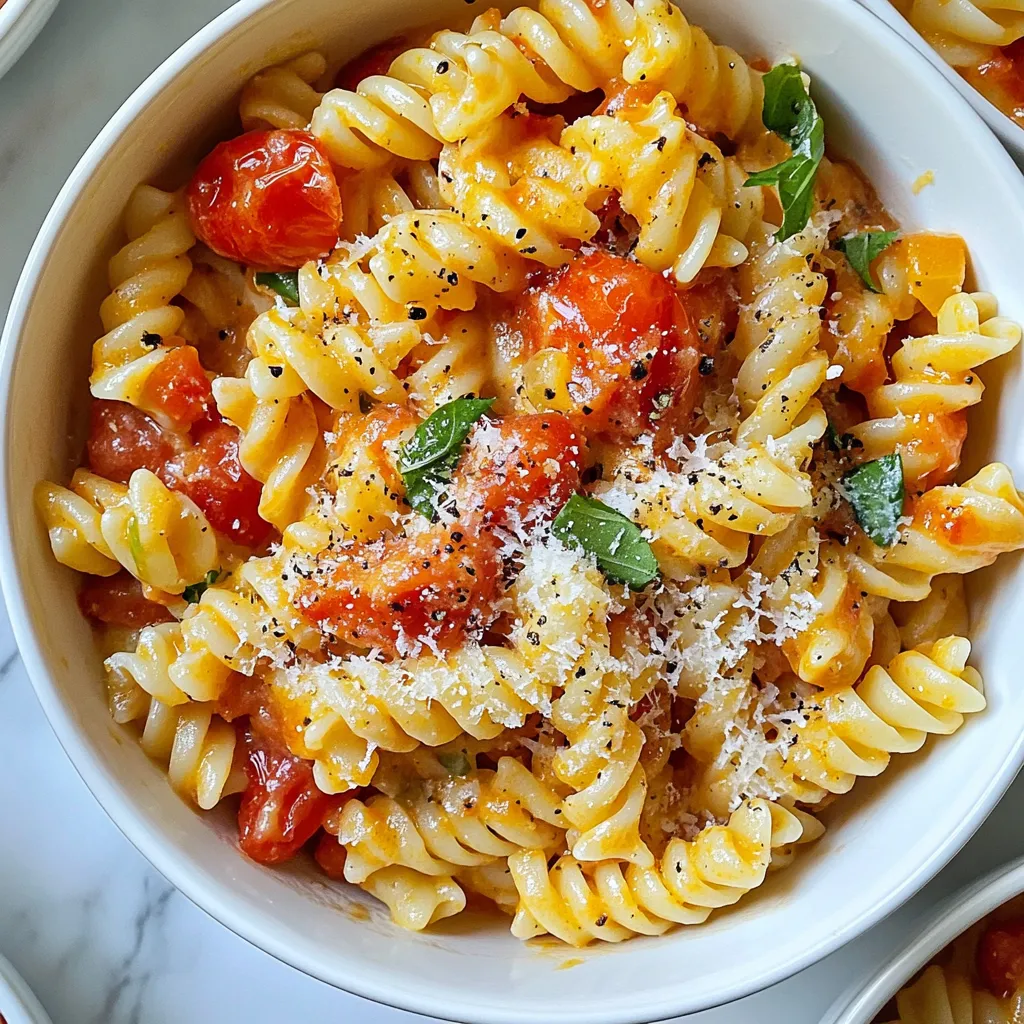 - 8 ounces pasta (fusilli or penne work great) - 1 tablespoon olive oil - 3 cloves garlic, minced - 1 can (14 ounces) crushed tomatoes - 1 teaspoon dried oregano - 1 teaspoon sugar (optional) - 1/2 cup heavy cream or coconut cream - 1 teaspoon salt - 1/2 teaspoon black pepper - 1 cup fresh basil leaves, chopped - 1/4 teaspoon red pepper flakes for heat - 1 teaspoon balsamic vinegar for depth - 1/2 cup spinach for added greens - A splash of white wine for flavor - Extra fresh basil leaves - Grated Parmesan cheese - A drizzle of olive oil - Cracked black pepper for a finishing touch {{ingredient_image_1}} To cook the pasta just right, start with a large pot. Fill it with water and add a good amount of salt. Bring the water to a boil. Once boiling, add 8 ounces of your favorite pasta. I like fusilli or penne. Cook the pasta as the package says until it is al dente. This means it should be firm but not hard. Drain the pasta in a colander, but keep 1/2 cup of the pasta water. This water will help later. Now, let’s make the sauce. In a large skillet, pour in 1 tablespoon of olive oil. Heat it over medium heat. Add 3 cloves of minced garlic. Sauté the garlic for about 1-2 minutes. You want it to smell good but not brown. Then, add a 14-ounce can of crushed tomatoes to the skillet. Stir and mix in 1 teaspoon of dried oregano, 1 teaspoon of sugar (if you want), 1 teaspoon of salt, and 1/2 teaspoon of black pepper. Let this simmer for 5-7 minutes. This helps the sauce thicken and develop its flavor. After your sauce thickens, it’s time to add the cream. Lower the heat and pour in 1/2 cup of heavy cream or coconut cream. Stir well until it is all mixed together. Let it simmer for 3-4 minutes. The sauce should be creamy and warm. Now, add the cooked pasta to your skillet with the sauce. Toss everything together, adding some of the reserved pasta water if needed. This helps make the sauce cling to the pasta. Finally, stir in 1 cup of chopped fresh basil. Make sure everything is well-coated. Taste your dish and adjust the seasoning as needed. Enjoy your creamy tomato pasta! To get a smooth and creamy sauce, use heavy cream. You can also use coconut cream for a dairy-free version. Stir the cream in slowly. This helps the sauce blend well. If your sauce is too thick, add a little pasta water. This will thin it out without losing flavor. To boost flavor, add more spices. Try a pinch of red pepper flakes for heat. You can also mix in some fresh herbs like thyme or parsley. A splash of balsamic vinegar adds depth. If your sauce tastes too acidic, add a teaspoon of sugar. This balances the flavors nicely. One common mistake is overcooking the pasta. Always cook it al dente. This keeps the pasta firm and helps it hold the sauce better. Another mistake is adding cream too early. Wait until the sauce simmers before mixing it in. Lastly, don’t forget to taste! Adjust seasoning as needed. This is key for a great dish. Pro Tips Use Fresh Ingredients: Fresh basil and garlic significantly enhance the flavor of your dish. Opt for fresh tomatoes if possible for a more vibrant sauce. Adjust Creaminess: Depending on your preference, you can add more cream for a richer sauce or substitute with vegetable broth for a lighter option. Perfect Pasta Cooking: Make sure to cook the pasta al dente, as it will continue to cook slightly when mixed with the sauce, ensuring it retains a perfect bite. Save Pasta Water: Always reserve some pasta water before draining. This starchy water can help adjust the sauce's consistency and helps it cling better to the pasta. {{image_2}} You can make this creamy tomato pasta dairy-free by using coconut cream. Coconut cream adds a rich texture and a hint of sweetness. It blends well with the tomatoes and basil. To use it, simply replace the heavy cream with an equal amount of coconut cream. This will keep your dish creamy without the dairy. If you want a lighter taste, use light coconut milk instead. It still works great! Adding protein to your creamy tomato pasta makes it heartier. You can use cooked chicken, shrimp, or even plant-based proteins like tofu. For chicken, grill or sauté pieces until cooked through. For shrimp, sauté them in olive oil until pink and tender. Stir your chosen protein into the sauce just before adding the pasta. This way, the flavors meld nicely. You can also add cooked sausage for a spicy kick! Boost the nutrition of your pasta by adding vegetables. Spinach, zucchini, or bell peppers are great choices. Start by sautéing your veggies in the olive oil before adding the garlic. This way, they get tender and soak up the flavors. You can also stir in some peas or broccoli at the end for a pop of color and health. These additions not only enhance the taste but also make your meal more balanced. To store your creamy tomato pasta, let it cool down first. Transfer it to an airtight container. Refrigerate it within two hours of cooking. This keeps it fresh for up to three days. When you’re ready to eat, check for any off smells or changes in texture. Freezing is a great way to save leftover creamy tomato pasta. Place it in a freezer-safe container. Leave some space at the top for expansion. Seal it tightly and label it with the date. It can last up to three months in the freezer. When you’re ready to eat it, thaw it overnight in the fridge. To reheat, use a microwave-safe dish or a skillet. For the microwave, heat in short bursts, stirring in between. This helps it heat evenly. If using a skillet, add a splash of water or broth to keep it moist. Heat over low to medium heat until warmed through. Add fresh basil or cheese for a flavor boost! Yes, you can use any pasta you love. Fusilli and penne work well, but spaghetti, farfalle, or even gluten-free pasta are great choices. Just remember to cook the pasta until al dente. The shape can change the look and feel of your creamy tomato pasta, but the taste stays delicious. This recipe is already vegetarian since it does not contain meat. To keep it that way, use vegetable broth instead of chicken broth if you are thinking of adding any broth. You can also add more veggies, like spinach or mushrooms, to boost flavors and nutrition. Creamy tomato pasta pairs well with many sides. A fresh side salad adds crunch and balance. Garlic bread is another favorite that complements the sauce nicely. You can also serve it with roasted vegetables or a light soup for a hearty meal. Enjoy! In this blog post, we covered the key ingredients for creamy tomato pasta, both required and optional. I shared step-by-step instructions to cook the pasta and make a rich sauce. We also discussed tips to enhance flavor and avoid mistakes. Variations included dairy-free and protein options, plus ways to add veggies. Finally, we highlighted storage tips for leftovers and answered common questions. You now have the tools to create your own creamy tomato pasta. Enjoy making it your own!