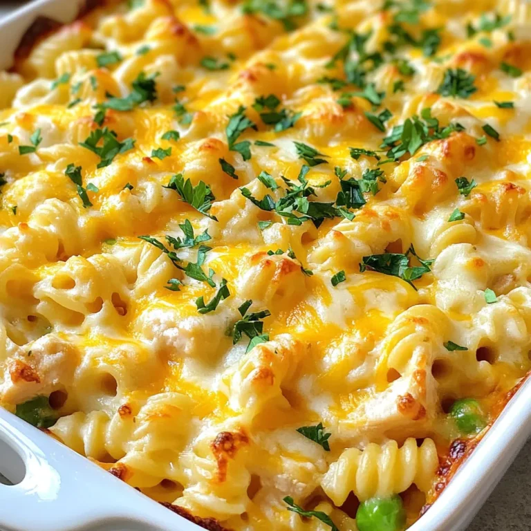 To make a tasty Cheesy Ranch Rotini Bake, you will need: - 3 cups rotini pasta - 1 cup cooked chicken, shredded - 1 cup ranch dressing - 1 cup shredded mozzarella cheese - 1 cup shredded cheddar cheese - 1/2 cup cream cheese, softened - 1/2 cup frozen peas (optional) - 1/2 teaspoon garlic powder - 1/4 teaspoon onion powder - Salt and pepper to taste - Fresh parsley, chopped (for garnish) These main ingredients work together to create a creamy, cheesy, and flavorful dish. The rotini pasta holds the sauce well, while the chicken adds protein. Cream cheese makes it rich and smooth. You can customize your Cheesy Ranch Rotini Bake with some optional add-ins. Consider these: - Cooked bacon for extra flavor - Spinach for a healthy boost - Bell peppers for crunch and color - Mushrooms for an earthy taste Adding these can change the flavor profile. Feel free to mix and match based on what you have at home. For added flavor, consider these toppings before serving: - Extra mozzarella and cheddar cheese - Crushed crackers for a crunchy texture - Fresh chives or green onions for a pop of color - Additional ranch dressing for those who love it These toppings can elevate your dish and make it more appealing. Personalize it to your taste! {{ingredient_image_1}} Start by preheating your oven to 350°F (175°C). Next, cook 3 cups of rotini pasta. Follow the package instructions to get it just right. Aim for al dente, which means the pasta should be firm yet cooked. Drain the pasta and set it aside. Now, take 1 cup of cooked chicken and shred it into small pieces. This adds great flavor and texture to our dish. In a large mixing bowl, combine the shredded chicken and 1 cup of ranch dressing. Add 1 cup of shredded mozzarella cheese and 1 cup of shredded cheddar cheese. For creaminess, mix in 1/2 cup of softened cream cheese. Sprinkle in 1/2 teaspoon of garlic powder and 1/4 teaspoon of onion powder. Season with salt and pepper to taste. Stir everything together until it blends well. This cheesy ranch base is the heart of our bake. Now it's time to bring it all together. Add the cooked rotini pasta into the cheesy ranch mixture. If you want, toss in 1/2 cup of frozen peas for a pop of color and nutrition. Gently fold the pasta into the mixture to coat every piece. Next, transfer everything into a greased 9x13 inch baking dish. Spread the mixture evenly across the dish. If you like extra cheese, sprinkle more mozzarella and cheddar cheese on top. Bake in the preheated oven for 25-30 minutes. You want the cheese to bubble and turn golden. Once done, take it out and let it cool for a few minutes. Finally, garnish with freshly chopped parsley before serving. Enjoy your cheesy ranch rotini bake! To get that creamy texture, you need to mix well. Start with softened cream cheese. It blends easier into the ranch dressing. This step helps avoid lumps. Also, use warm chicken, as it adds to the creaminess. When you bake, the cheese melts beautifully. Keep an eye on it in the oven. You want a bubbly top without overcooking. For this dish, I love using mozzarella and cheddar. They melt perfectly and give a great flavor. Mozzarella makes it stretchy, while cheddar adds sharpness. You can also try pepper jack for a little heat. If you want something different, gouda or fontina are tasty too. Mix and match to find your favorite combo! Don’t be shy with your seasonings! Garlic powder and onion powder add depth. A pinch of salt and pepper brings all the flavors together. You can add some fresh herbs too. Chopped parsley on top looks good and tastes fresh. If you like more zing, try adding a splash of hot sauce or a squeeze of lemon juice. These little touches can take your dish to the next level! Pro Tips Cook Pasta Al Dente: This ensures the pasta retains its texture after baking and doesn't become mushy. Mix in Extra Veggies: Feel free to add more vegetables like bell peppers or spinach for additional flavor and nutrition. Use Leftover Chicken: This dish is perfect for using up leftover rotisserie chicken or any cooked chicken you have on hand. Customize Your Cheese: Experiment with different cheese blends, such as pepper jack for a spicy kick or gouda for a smoky flavor. {{image_2}} You can make a tasty vegetarian version of Cheesy Ranch Rotini Bake. Simply swap out the chicken for a mix of beans or lentils. You can use one cup of black beans or chickpeas. This adds protein and keeps it filling. You can also add more veggies like bell peppers or mushrooms to make it hearty. If you want to switch up the protein, there are many choices. You can use shredded turkey instead of chicken. You might also try diced ham, cooked sausage, or even ground beef. Each protein brings its own flavor to the dish. Just make sure it's cooked before mixing it in. Customizing with different veggies is easy and fun. You can add broccoli, spinach, or zucchini to the mix. Just chop them small so they cook well. If you like some crunch, add in some bell peppers or carrots. Frozen or fresh veggies work well. They add color and nutrients to your bake without much effort. After enjoying your Cheesy Ranch Rotini Bake, store any leftovers in an airtight container. Make sure to let it cool first. This will help keep the flavors fresh. Place the container in the fridge, where it can last for 3 to 4 days. When you're ready to enjoy your leftovers, preheat your oven to 350°F (175°C). Place the rotini bake in an oven-safe dish. Cover it with foil to help keep it moist. Heat for about 20 minutes, or until it's warm all the way through. You can also microwave it for a quicker option. Use a microwave-safe bowl and heat in 30-second bursts, stirring in between. If you want to save some for later, freezing is a great option. First, let the dish cool completely. Then, portion it into freezer-safe containers or bags. Squeeze out any extra air before sealing. This helps prevent freezer burn. It will stay fresh for up to 3 months. When you're ready to eat, thaw it in the fridge overnight before reheating. It takes about 25 to 30 minutes to bake this dish. You want the cheese to melt and bubble. Keep an eye on it. When the top is golden, it is ready to serve. Yes, you can use other pasta shapes if you like. Penne, fusilli, or even shells work well. Just cook them until they are al dente. This helps keep the pasta from getting mushy. You can use other dressings or sauces if you want. Try blue cheese, Italian dressing, or a homemade herb mix. Each will add a unique taste to your dish. You can prepare the dish a day before serving. Just mix the ingredients and put them in the baking dish. Cover it and keep it in the fridge. When you are ready, bake it straight from the fridge. Adjust the baking time as needed. In this blog post, we covered how to make a cheesy ranch rotini bake. We discussed the main ingredients, optional add-ins, and tasty toppings. You learned step-by-step instructions for preparation, mixing, and baking. Tips for getting a creamy texture and the best cheese options were also shared. We explored variations like vegetarian and different protein choices, plus how to store leftovers and reheat them. Enjoy creating this dish your way. It’s a quick, yummy meal that everyone will love!