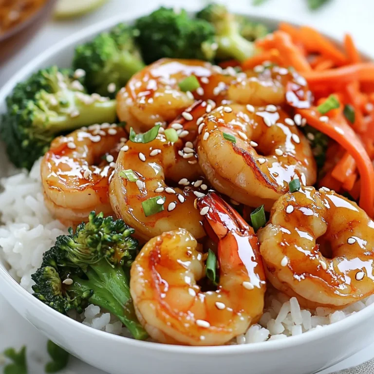 To make Honey Garlic Shrimp Bowls, you need the following main ingredients: - 1 pound shrimp, peeled and deveined - 2 tablespoons honey - 3 tablespoons soy sauce - 3 cloves garlic, minced - 1 tablespoon fresh ginger, grated - 1 tablespoon sesame oil - 1 cup jasmine rice - 2 cups water or broth (for cooking rice) - 1 cup broccoli florets - 1 red bell pepper, sliced - 1 carrot, julienned These ingredients come together to create a sweet and savory meal. The shrimp adds protein, while the veggies give you color and crunch. For a finishing touch, consider these garnishes: - 2 green onions, sliced - Sesame seeds These garnishes not only enhance the look of your dish but also add fresh flavor. You can adjust the flavor with these optional seasonings: - Salt and pepper to taste Using these seasonings allows you to create the perfect balance of taste for your Honey Garlic Shrimp Bowls. Feel free to experiment to match your taste! {{ingredient_image_1}} Start by measuring 1 cup of jasmine rice. Rinse it under cool water until the water runs clear. This step removes excess starch and keeps the rice fluffy. In a saucepan, add the rinsed rice and 2 cups of water or broth. Bring it to a boil over high heat. Once boiling, lower the heat and cover the pot. Let it simmer for about 15 minutes. After that, take it off the heat and let it sit for 5 more minutes. Fluff the rice with a fork before serving. In a small bowl, combine 2 tablespoons of honey, 3 tablespoons of soy sauce, 3 minced cloves of garlic, and 1 tablespoon of grated ginger. Whisk these together until smooth. This sauce adds a sweet and savory flavor to the shrimp. Set it aside for now, as we will use it later. Heat 1 tablespoon of sesame oil in a large skillet or wok over medium heat. Add 1 cup of broccoli florets, 1 sliced red bell pepper, and 1 julienned carrot. Sauté these vegetables for about 5 to 7 minutes. You want them tender but still crisp. Lightly season them with salt and pepper. Once cooked, remove the veggies from the skillet and set them aside. In the same skillet, add 1 pound of peeled and deveined shrimp. Cook them for 2 to 3 minutes on each side. The shrimp should turn pink and opaque when done. Be careful not to overcook them, as they can become tough. Once cooked, they are ready for the sauce. Pour the honey garlic sauce over the shrimp in the skillet. Stir well to coat the shrimp evenly. Cook for another minute until the sauce thickens slightly. This will enhance the flavor of the shrimp and give it a nice glaze. Now, it’s time to build your bowls. Start with a layer of fluffy jasmine rice at the bottom of each bowl. Next, add the sautéed vegetables on top of the rice. Finally, spoon the honey garlic shrimp over the veggies. This layering creates a colorful and tasty dish. To finish, sprinkle sliced green onions and sesame seeds on top of each bowl. These garnishes add a nice crunch and a pop of color. Serve your Honey Garlic Shrimp Bowls hot and enjoy every bite! When cooking shrimp, freshness is key. Look for shrimp that smell like the ocean, not fishy. Always peel and devein them before cooking. This makes eating easier and tastier. Cook shrimp in a hot skillet. This helps them brown and keeps them juicy. Don’t overcrowd the pan. This can cause them to steam instead of sear. Aim to cook them for about 2-3 minutes per side. They are done when they turn pink and opaque. To make fluffy jasmine rice, rinse it first. Rinsing removes extra starch and keeps it from being gummy. Use a 1:2 ratio of rice to water or broth. This ensures it cooks evenly. Bring the water to a boil, then cover and reduce heat. Let it simmer for about 15 minutes. After cooking, let it sit covered for 5 more minutes. Fluff it with a fork to separate the grains. If you want a lower-carb option, swap rice for cauliflower rice. You can also use quinoa for a protein boost. For a vegan version, replace shrimp with tofu or chickpeas. Feel free to add more veggies too! Snow peas, zucchini, or bell peppers add color and crunch. Adjust the honey for sweetness to suit your taste. Pro Tips Use Fresh Ingredients: Always opt for fresh shrimp and vegetables to enhance the overall flavor and texture of your dish. Don't Overcook the Shrimp: Cook the shrimp just until they turn pink and opaque; overcooking can make them rubbery. Customize Your Veggies: Feel free to swap in your favorite vegetables or whatever you have on hand to make the dish your own. Let the Sauce Thicken: Allow the honey garlic sauce to simmer a little longer for a thicker, more flavorful coating on the shrimp. {{image_2}} You can swap jasmine rice for quinoa. Quinoa adds protein and fiber. Use 1 cup of quinoa instead of rice. Cook it with 2 cups of water or broth. Quinoa cooks in about 15 minutes. Fluff it just like rice. This change makes the dish even healthier. Feel free to add more veggies to your bowls! You can use snap peas, zucchini, or bell peppers. Just chop them up and sauté them with the other veggies. Adding extra vegetables boosts the flavor and nutrients. Try mixing colors for a beautiful dish. If you like heat, add chili flakes or sriracha. Mix a teaspoon of chili flakes into the honey garlic sauce. This will give your shrimp a spicy kick. You can also add jalapeños to the vegetables. Adjust the spice level to your taste. Enjoy your spicy twist! To keep your Honey Garlic Shrimp Bowls fresh, first let them cool down. Then, place the shrimp, rice, and veggies in airtight containers. Store them in the fridge for up to three days. This way, you can enjoy a tasty meal later! When you are ready to eat your leftovers, reheat them gently. You can use a microwave or a skillet. If using a microwave, heat in short intervals, stirring in between. If using a skillet, add a splash of water to keep it moist. Heat until warm, but don’t overcook! You can freeze these bowls for longer storage. Place the shrimp, rice, and veggies in freezer bags or containers. Make sure to remove as much air as possible. They can last for up to three months in the freezer. When ready to eat, thaw in the fridge overnight before reheating. If you want to swap shrimp, try chicken or tofu. Both can soak up the honey garlic sauce well. Cook the chicken until it’s no longer pink. For tofu, use firm tofu and press it to remove extra water. Cut it into cubes and sauté until golden. Yes, you can prep some parts ahead. Cook the rice and veggies beforehand. Store them in the fridge. When ready to eat, just heat them up and add the shrimp and sauce. This saves time! The recipe is not gluten-free due to soy sauce. To make it gluten-free, use tamari instead of soy sauce. This keeps the flavor while making it safe for gluten-sensitive eaters. Add red pepper flakes or sriracha for heat. You can mix these into the honey garlic sauce. If you love spice, try using spicy shrimp or add sliced jalapeños when cooking the veggies. Enjoy the kick! Honey garlic shrimp bowls are easy and tasty. We covered the main ingredients, garnishes, and seasonings. I shared steps for cooking jasmine rice, shrimp, and veggies. Tips helped ensure your shrimp and rice turn out great every time. You can even switch up the recipe with quinoa or add more veggies. Storing leftovers is simple, and I answered common questions for you. Enjoy making these bowls with your own twist. Now, grab your ingredients and cook something delicious!