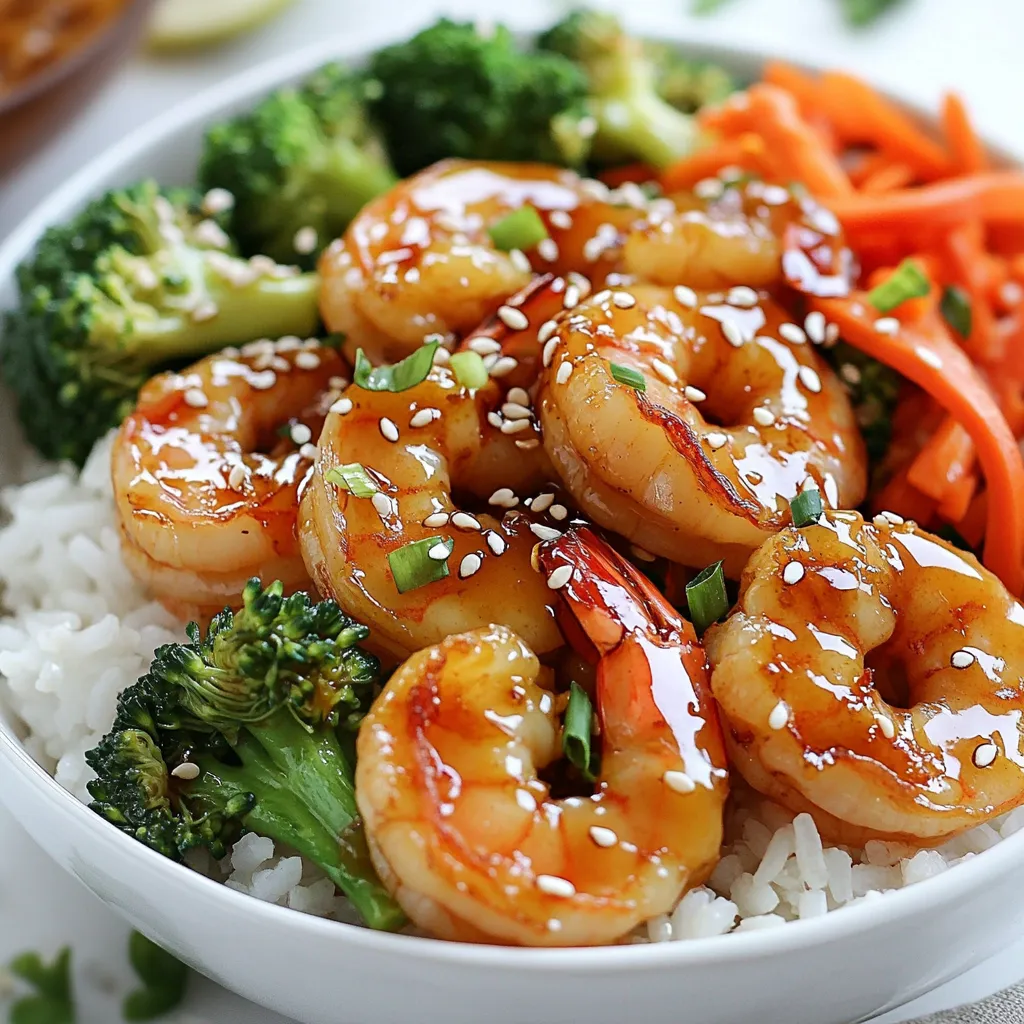 To make Honey Garlic Shrimp Bowls, you need the following main ingredients: - 1 pound shrimp, peeled and deveined - 2 tablespoons honey - 3 tablespoons soy sauce - 3 cloves garlic, minced - 1 tablespoon fresh ginger, grated - 1 tablespoon sesame oil - 1 cup jasmine rice - 2 cups water or broth (for cooking rice) - 1 cup broccoli florets - 1 red bell pepper, sliced - 1 carrot, julienned These ingredients come together to create a sweet and savory meal. The shrimp adds protein, while the veggies give you color and crunch. For a finishing touch, consider these garnishes: - 2 green onions, sliced - Sesame seeds These garnishes not only enhance the look of your dish but also add fresh flavor. You can adjust the flavor with these optional seasonings: - Salt and pepper to taste Using these seasonings allows you to create the perfect balance of taste for your Honey Garlic Shrimp Bowls. Feel free to experiment to match your taste! {{ingredient_image_1}} Start by measuring 1 cup of jasmine rice. Rinse it under cool water until the water runs clear. This step removes excess starch and keeps the rice fluffy. In a saucepan, add the rinsed rice and 2 cups of water or broth. Bring it to a boil over high heat. Once boiling, lower the heat and cover the pot. Let it simmer for about 15 minutes. After that, take it off the heat and let it sit for 5 more minutes. Fluff the rice with a fork before serving. In a small bowl, combine 2 tablespoons of honey, 3 tablespoons of soy sauce, 3 minced cloves of garlic, and 1 tablespoon of grated ginger. Whisk these together until smooth. This sauce adds a sweet and savory flavor to the shrimp. Set it aside for now, as we will use it later. Heat 1 tablespoon of sesame oil in a large skillet or wok over medium heat. Add 1 cup of broccoli florets, 1 sliced red bell pepper, and 1 julienned carrot. Sauté these vegetables for about 5 to 7 minutes. You want them tender but still crisp. Lightly season them with salt and pepper. Once cooked, remove the veggies from the skillet and set them aside. In the same skillet, add 1 pound of peeled and deveined shrimp. Cook them for 2 to 3 minutes on each side. The shrimp should turn pink and opaque when done. Be careful not to overcook them, as they can become tough. Once cooked, they are ready for the sauce. Pour the honey garlic sauce over the shrimp in the skillet. Stir well to coat the shrimp evenly. Cook for another minute until the sauce thickens slightly. This will enhance the flavor of the shrimp and give it a nice glaze. Now, it’s time to build your bowls. Start with a layer of fluffy jasmine rice at the bottom of each bowl. Next, add the sautéed vegetables on top of the rice. Finally, spoon the honey garlic shrimp over the veggies. This layering creates a colorful and tasty dish. To finish, sprinkle sliced green onions and sesame seeds on top of each bowl. These garnishes add a nice crunch and a pop of color. Serve your Honey Garlic Shrimp Bowls hot and enjoy every bite! When cooking shrimp, freshness is key. Look for shrimp that smell like the ocean, not fishy. Always peel and devein them before cooking. This makes eating easier and tastier. Cook shrimp in a hot skillet. This helps them brown and keeps them juicy. Don’t overcrowd the pan. This can cause them to steam instead of sear. Aim to cook them for about 2-3 minutes per side. They are done when they turn pink and opaque. To make fluffy jasmine rice, rinse it first. Rinsing removes extra starch and keeps it from being gummy. Use a 1:2 ratio of rice to water or broth. This ensures it cooks evenly. Bring the water to a boil, then cover and reduce heat. Let it simmer for about 15 minutes. After cooking, let it sit covered for 5 more minutes. Fluff it with a fork to separate the grains. If you want a lower-carb option, swap rice for cauliflower rice. You can also use quinoa for a protein boost. For a vegan version, replace shrimp with tofu or chickpeas. Feel free to add more veggies too! Snow peas, zucchini, or bell peppers add color and crunch. Adjust the honey for sweetness to suit your taste. Pro Tips Use Fresh Ingredients: Always opt for fresh shrimp and vegetables to enhance the overall flavor and texture of your dish. Don't Overcook the Shrimp: Cook the shrimp just until they turn pink and opaque; overcooking can make them rubbery. Customize Your Veggies: Feel free to swap in your favorite vegetables or whatever you have on hand to make the dish your own. Let the Sauce Thicken: Allow the honey garlic sauce to simmer a little longer for a thicker, more flavorful coating on the shrimp. {{image_2}} You can swap jasmine rice for quinoa. Quinoa adds protein and fiber. Use 1 cup of quinoa instead of rice. Cook it with 2 cups of water or broth. Quinoa cooks in about 15 minutes. Fluff it just like rice. This change makes the dish even healthier. Feel free to add more veggies to your bowls! You can use snap peas, zucchini, or bell peppers. Just chop them up and sauté them with the other veggies. Adding extra vegetables boosts the flavor and nutrients. Try mixing colors for a beautiful dish. If you like heat, add chili flakes or sriracha. Mix a teaspoon of chili flakes into the honey garlic sauce. This will give your shrimp a spicy kick. You can also add jalapeños to the vegetables. Adjust the spice level to your taste. Enjoy your spicy twist! To keep your Honey Garlic Shrimp Bowls fresh, first let them cool down. Then, place the shrimp, rice, and veggies in airtight containers. Store them in the fridge for up to three days. This way, you can enjoy a tasty meal later! When you are ready to eat your leftovers, reheat them gently. You can use a microwave or a skillet. If using a microwave, heat in short intervals, stirring in between. If using a skillet, add a splash of water to keep it moist. Heat until warm, but don’t overcook! You can freeze these bowls for longer storage. Place the shrimp, rice, and veggies in freezer bags or containers. Make sure to remove as much air as possible. They can last for up to three months in the freezer. When ready to eat, thaw in the fridge overnight before reheating. If you want to swap shrimp, try chicken or tofu. Both can soak up the honey garlic sauce well. Cook the chicken until it’s no longer pink. For tofu, use firm tofu and press it to remove extra water. Cut it into cubes and sauté until golden. Yes, you can prep some parts ahead. Cook the rice and veggies beforehand. Store them in the fridge. When ready to eat, just heat them up and add the shrimp and sauce. This saves time! The recipe is not gluten-free due to soy sauce. To make it gluten-free, use tamari instead of soy sauce. This keeps the flavor while making it safe for gluten-sensitive eaters. Add red pepper flakes or sriracha for heat. You can mix these into the honey garlic sauce. If you love spice, try using spicy shrimp or add sliced jalapeños when cooking the veggies. Enjoy the kick! Honey garlic shrimp bowls are easy and tasty. We covered the main ingredients, garnishes, and seasonings. I shared steps for cooking jasmine rice, shrimp, and veggies. Tips helped ensure your shrimp and rice turn out great every time. You can even switch up the recipe with quinoa or add more veggies. Storing leftovers is simple, and I answered common questions for you. Enjoy making these bowls with your own twist. Now, grab your ingredients and cook something delicious!