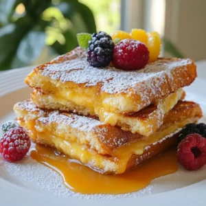 To make churro stuffed French toast, you need some basic ingredients. Gather these: - 4 slices of thick bread (like brioche or challah) - 2 large eggs - 1/2 cup milk - 1 teaspoon vanilla extract - 1 tablespoon cinnamon - 1 tablespoon sugar - 1/2 cup cream cheese, softened - 1/4 cup brown sugar - 1/4 cup flour - 1 teaspoon ground cinnamon - 2 tablespoons butter (for grilling) These ingredients create a tasty and rich breakfast. The cream cheese filling brings a creamy texture, while the cinnamon adds warmth. You can enhance your churro stuffed French toast with a few optional ingredients. Consider adding: - Powdered sugar (for dusting) - Extra cinnamon (for dusting) - Caramel sauce (for drizzling) These extras add sweetness and make your dish look beautiful. The type of bread you choose matters. For the best flavor and texture, I recommend using: - Brioche: This bread is soft and buttery. - Challah: This bread has a slightly sweet flavor and a nice crust. - Texas toast: This thicker bread holds up well and absorbs the egg mixture. Choosing the right bread helps create a perfect base for your delicious stuffed French toast. {{ingredient_image_1}} To start, grab a bowl. Mix the softened cream cheese, brown sugar, flour, and a teaspoon of cinnamon. Stir until the mixture is smooth and creamy. This filling gives your French toast a delightful churro taste. Set it aside for now. Next, take two slices of thick bread. Spread the churro filling evenly on each slice. Then, place the other two slices on top to make sandwiches. Make sure the filling is in the middle. This will keep the filling warm and tasty as it cooks. Now, let’s make the egg batter. In a clean bowl, whisk together the eggs, milk, vanilla extract, one tablespoon of cinnamon, and sugar. Mix well until everything blends smoothly. This batter will coat our sandwiches and give them a rich flavor. Heat a large skillet over medium heat. Add a tablespoon of butter to the pan. Dip each sandwich into the egg mixture, coating both sides. Be careful not to soak them too much. Place the sandwiches in the skillet and cook for about 3-4 minutes on each side. You want them golden brown and crispy. Add more butter if needed for a nice finish. To make great French toast, you need the right technique. Start with thick bread, like brioche or challah. These types soak up the egg mixture well without getting too soggy. Whisk the eggs, milk, vanilla, sugar, and cinnamon until smooth. Make sure each slice of bread is coated evenly. Avoid soaking too long; just a quick dip is best. Cook on medium heat so the toast cooks through. Use enough butter in the pan to get that nice golden color. For the churro filling, mix cream cheese, brown sugar, flour, and cinnamon until smooth. This mixture should be creamy but not runny. Using softened cream cheese helps it blend well. Spread the filling evenly on the bread. This way, each bite has a nice balance of flavors. If the filling is too thick, add a touch of milk to loosen it. This will help you spread it easily without tearing the bread. To serve, cut the French toast in half. This shows off the lovely churro filling inside. Dust with powdered sugar and extra cinnamon for a sweet touch. You can add a drizzle of caramel sauce for extra flavor. Fresh fruit or whipped cream makes a great garnish, too. These small details make your dish look fancy and inviting. Pro Tips Choose the Right Bread: Opt for thick slices of brioche or challah to ensure the French toast remains fluffy and holds the churro filling well. Control the Heat: Cook the sandwiches on medium heat to achieve a golden brown exterior without burning, ensuring the inside is cooked through. Customize the Filling: Feel free to add chocolate chips or nuts to the churro filling for extra texture and flavor. Presentation Matters: Cut the French toast diagonally and serve it with a drizzle of caramel sauce and a sprinkle of powdered sugar for an eye-catching dish. {{image_2}} You can get creative with fillings. Nutella is a great choice. Just spread a layer on your bread. You can also add fresh fruit like sliced strawberries or bananas for a fruity twist. Cream cheese can mix well with berries too. Try using flavored cream cheese for added fun. If you need a gluten-free option, use gluten-free bread. Many brands offer great-tasting varieties. Check the ingredients for gluten-free certification. You can also swap normal flour with almond or coconut flour in the filling. This keeps the taste rich and yummy. Want to add some flair? Mix in a bit of cocoa powder to the filling for a chocolate kick. You can also add a pinch of nutmeg or cardamom for warmth. If you love spice, sprinkle cayenne pepper into the batter. This gives a surprising kick to each bite! Storing your churro stuffed French toast is easy. First, let the toast cool down. Then, place any leftovers in an airtight container. This helps keep them fresh. You can store them in the fridge for up to three days. Make sure to separate layers with parchment paper to avoid sticking. To reheat your churro stuffed French toast, use a skillet or a toaster oven. Heat the skillet on low and add a little butter. Place the toast in the pan and warm each side for about two minutes. This method keeps the outside crisp. If using a toaster oven, set it to 350°F (175°C) and heat for about five minutes. This way, the filling warms up nicely without getting soggy. If you want to save some for later, freezing is a great option. Wrap each piece tightly in plastic wrap. Place the wrapped pieces in a freezer bag or container. This keeps them fresh for up to three months. When you’re ready to enjoy, thaw in the fridge overnight. Reheat using the tips above for the best taste. For Churro Stuffed French Toast, I recommend using thick bread like brioche or challah. These breads soak up the egg mixture well without falling apart. Their rich texture and slight sweetness pair perfectly with the churro filling. If you want something different, you can try sourdough or even cinnamon raisin bread for added flavor. Yes, you can make the churro filling ahead of time. Just mix the cream cheese, brown sugar, cinnamon, and flour in a bowl. Store it in the fridge until you are ready to assemble the French toast. This makes the process faster and lets the flavors meld together for a richer taste. To customize this recipe, consider these swaps: - Use gluten-free bread to make it gluten-free. - Substitute eggs with flax eggs or silken tofu for a vegan option. - Replace cream cheese with a vegan cream cheese or nut butter for dairy-free. These changes keep the dish tasty while meeting your needs. French toast dates back to ancient times. The Romans soaked bread in milk and eggs. It became popular in many cultures, each adding their twist. In France, it’s called "pain perdu," meaning lost bread. Variations include adding spices, fruits, or different types of bread. Each country has a unique take, making it a beloved dish worldwide. Churro stuffed French toast is a fun and tasty twist on breakfast. We explored essential ingredients and fun variations to enhance flavors. I shared step-by-step instructions for making it easy. Tips and tricks can help you achieve the perfect texture and presentation. With a bit of creativity, you can customize this dish to fit your taste. Enjoy experimenting with flavors and impressing your family and friends. This breakfast treat will surely become a favorite in your home.