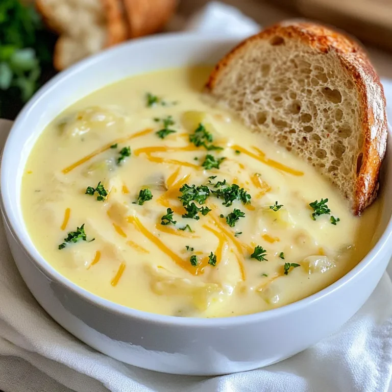 To make this creamy Reuben soup, gather these ingredients: - 1 tablespoon olive oil - 1 medium onion, diced - 2 cloves garlic, minced - 1 medium carrot, diced - 1 medium celery stalk, diced - 4 cups chicken broth - 2 cups shredded cooked corned beef - 1 cup sauerkraut, drained and rinsed - 1 teaspoon caraway seeds - 1 cup heavy cream - 1 tablespoon Dijon mustard - Salt and pepper to taste - 1 cup shredded Swiss cheese - Fresh parsley, chopped (for garnish) I love using fresh ingredients. You can swap olive oil for butter for a richer taste. If you want to cut down on fat, you can use half-and-half instead of heavy cream. If you can’t find corned beef, you can use shredded roast beef or turkey. For a vegetarian version, try using mushrooms and vegetable broth. Always choose fresh veggies. Look for firm carrots and crisp celery. If you buy sauerkraut, check the expiration date. For the best flavor, use fresh herbs when possible. Store any leftover cheese in an airtight container to keep it fresh. Enjoy your cooking, and let your ingredients shine! {{ingredient_image_1}} Making Creamy Reuben Soup is fun and easy. You will start by gathering all your ingredients. This recipe takes about 15 minutes to prep. The cooking time is around 25 minutes. You will need a large pot to cook everything together. 1. Heat the olive oil in a large pot over medium heat. 2. Add the diced onion, garlic, carrot, and celery. 3. Sauté for about 5-7 minutes. You want them soft and fragrant. 4. Pour in the chicken broth. Bring this mixture to a gentle boil. 5. Stir in the shredded corned beef, sauerkraut, and caraway seeds. 6. Let it simmer for 10-15 minutes. This helps the flavors meld together. 7. Reduce the heat to low. Now, add the heavy cream and Dijon mustard. 8. Stir until well combined. Simmer for an additional 5 minutes. 9. Season with salt and pepper to taste. 10. Stir in the shredded Swiss cheese. Wait until it melts and makes the soup creamy. 11. Remove from heat and let the soup cool slightly before serving. To make your soup extra tasty, focus on the sautéing step. This is where you build flavor. Use fresh, high-quality ingredients whenever possible. The chicken broth should be flavorful. Taste as you go, adding salt and pepper as needed. Caraway seeds add a unique taste, so don't skip them! Lastly, let the soup sit for a few minutes before serving. This helps the flavors to blend perfectly. To make your creamy Reuben soup shine, focus on the basics. Start with good olive oil for sautéing. It adds a nice depth. When cooking your veggies, let them soften well. This melds the flavors together. Add the caraway seeds early. Their warm, fragrant notes lift the soup. For a richer taste, use homemade chicken broth if you can. The flavor difference is worth it. Once you add the heavy cream, don't rush it. Let it simmer gently to blend in. This step creates a silky texture. Lastly, mix in the Swiss cheese slowly. This ensures it melts evenly, giving you a creamy finish. One big mistake is adding salt too soon. Wait until the end to taste. The corned beef and broth already add saltiness. Another common error is skipping the rinsing of sauerkraut. This removes excess salt and tanginess. Overcooking the soup can ruin it. Keep the heat low after adding cream. High heat can break down the cream, making it grainy. Lastly, don’t forget to garnish! A sprinkle of parsley adds color and freshness. To serve your soup right, use deep bowls. Ladle in the soup and add extra Swiss cheese on top. This way, the cheese melts beautifully. A touch of fresh parsley on top makes it pop. Pair your soup with crusty rye bread. This classic match brings out the Reuben's flavors. You can also add a side of pickles for that tangy crunch. If you want to impress, serve with a side of potato chips for a fun crunch. Enjoy! Pro Tips Use Quality Corned Beef: The flavor of your soup greatly depends on the quality of the corned beef. Opt for freshly cooked or high-quality deli meats for the best results. Adjust Creaminess: If you prefer a lighter soup, you can substitute half of the heavy cream with milk or use a lower-fat cream alternative without sacrificing too much flavor. Enhance Flavor with Spices: Consider adding a pinch of smoked paprika or a dash of hot sauce to give your soup an extra kick and depth of flavor. Serve with Toppings: Enhance the presentation and flavor by serving the soup with a dollop of sour cream or a sprinkle of crispy bacon bits on top. {{image_2}} You can make Creamy Reuben Soup lighter without losing flavor. Start by using low-fat cream or half-and-half instead of heavy cream. This change cuts calories but keeps it creamy. Also, consider using low-sodium chicken broth. It helps control salt without sacrificing taste. You can swap corned beef for shredded turkey. It’s leaner and still delicious. Adding more veggies like spinach or bell peppers boosts nutrients and flavor. If you want a meat-free version, go for plant-based ingredients. Replace corned beef with diced mushrooms or jackfruit. Both give a meaty texture. Use vegetable broth instead of chicken broth. This keeps it completely vegetarian. Sauerkraut remains a great ingredient for tangy flavor. You can also add some beans for protein. Try chickpeas or black beans; they add richness and fiber. For those who love heat, add red pepper flakes or a dash of hot sauce. Stir these in while simmering the soup. Add a pinch of smoked paprika for depth and warmth. You can also include fresh herbs like dill or thyme. They brighten the soup and add unique flavor notes. This way, your Creamy Reuben Soup becomes a delightful mix of flavors and spice! To keep your creamy Reuben soup fresh, let it cool first. Transfer it to an airtight container. Store it in the fridge for up to three days. Make sure to label the container with the date. This way, you’ll know when to enjoy it again. If you want to save your soup for later, freezing works well. Cool the soup completely before freezing. Use a freezer-safe container or zip-top bag. Leave some space at the top for expansion. The soup can last up to three months in the freezer. Don’t forget to label it! To reheat, first, thaw the soup in the fridge overnight if frozen. Pour it into a pot and heat on low. Stir often to prevent sticking. You can add a splash of cream for extra richness. Heat until it’s warm, and enjoy your comforting bowl again! Creamy Reuben Soup is a warm and rich dish. It combines the classic flavors of a Reuben sandwich into a comforting soup. You get tender corned beef, tangy sauerkraut, and creamy Swiss cheese. Each spoonful is a delight! The soup has a smooth texture, thanks to the heavy cream and Dijon mustard. The caraway seeds add a unique touch. This soup is perfect for chilly days or whenever you need comfort food. Yes, you can make this soup ahead of time. Prepare the soup, cool it, and store it in the fridge. It stays good for about three days. Just reheat it gently on the stove before serving. This way, the flavors get even better! You can also freeze the soup for up to three months. Thaw it overnight in the fridge before reheating. To adjust the recipe, double or triple the ingredients. This way, you can easily make more servings. For example, use 8 cups of chicken broth and 4 cups of shredded corned beef. Make sure to keep the same cooking times. This soup is great for gatherings or family dinners. Just remember to taste and adjust the seasonings as needed! This blog covered everything you need for Creamy Reuben Soup. You learned about key ingredients, cooking steps, and ways to enhance flavor. I shared tips for storing leftovers and answered common questions. Remember, you can adjust the recipe to suit your taste. Use fresh ingredients for the best results. With the right tweaks, this soup can fit any diet. Enjoy creating your delicious bowl of comfort!