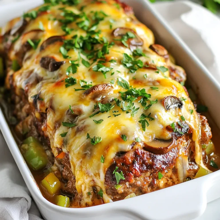 - 1 pound ground beef - 1/2 pound ground pork - 1 cup finely chopped green bell pepper - 1 cup finely chopped onion - 1 cup finely chopped mushrooms - 1 cup shredded provolone cheese - 1/2 cup breadcrumbs - 2 large eggs - 2 tablespoons Worcestershire sauce - 2 teaspoons garlic powder - 1 teaspoon salt - 1 teaspoon black pepper These main ingredients make your meatloaf juicy and full of flavor. Ground beef and pork give it a rich taste. Chopped veggies add color and texture. Provolone cheese melts into the meatloaf, making it creamy. - Fresh parsley, chopped (for garnish) - Additional provolone cheese slices for topping You can use fresh parsley to brighten your dish. Extra provolone cheese on top adds more cheesiness. - Sautéed peppers and onions - Barbecue sauce Sautéed peppers and onions make a great side. Drizzling barbecue sauce on your meatloaf adds a sweet kick. You can mix and match toppings to suit your family’s taste. {{ingredient_image_1}} First, you need to prepare your oven. Preheat it to 350°F (175°C). While the oven warms up, grab a loaf pan. Lightly grease it with oil or cooking spray. This helps the meatloaf come out easily after baking. Next, take out a large skillet. Set it over medium heat. Add chopped green bell pepper, onion, and mushrooms. Sauté these veggies for about 5-7 minutes. You want them to be soft and fragrant. Once done, remove the skillet from heat and let the mixture cool. In a large mixing bowl, combine the ground beef and ground pork. Then, add the sautéed veggies, shredded provolone cheese, and breadcrumbs. Crack in the two large eggs. Pour in Worcestershire sauce, garlic powder, salt, and black pepper. Mix everything well with your hands or a spatula until it’s all combined. Now it’s time to shape the meat mixture. Transfer it to the greased loaf pan. Use your hands to form it evenly in the pan. Bake the meatloaf in the preheated oven for 45-55 minutes. Check that the internal temperature reaches 160°F (70°C) to ensure it’s cooked through. About 10 minutes before the meatloaf is done, take it out. Lay slices of provolone cheese on top. Return it to the oven and let the cheese melt. This adds a tasty layer of gooey goodness. When finished, take it out and let it rest for 10 minutes. Then, slice and serve it with fresh parsley on top for a nice touch. To get a great texture, mix the meats well. Use ground beef and pork for flavor. The pork adds moisture to the meatloaf. Don't overmix, as this can make it tough. Make sure the vegetables are cooled before mixing. This keeps the meatloaf from getting too wet. Add Worcestershire sauce for depth and umami. Garlic powder boosts the savory notes. You can also try adding a splash of hot sauce for some heat. Fresh herbs like parsley can brighten the dish. For an extra cheesy bite, fold in more provolone cheese into the mix. Serve slices of meatloaf on a big platter. Add sautéed peppers and onions on the side. Drizzle your favorite barbecue sauce on top for added flavor. Pair it with mashed potatoes or a fresh salad for a complete meal. This dish is sure to impress your family! Pro Tips Use a Meat Thermometer: To ensure your meatloaf is perfectly cooked, use a meat thermometer to check that the internal temperature reaches 160°F (70°C). Variations on Cheese: Feel free to experiment with different cheeses like cheddar or mozzarella for a unique flavor twist. Resting Time is Key: Allow your meatloaf to rest for at least 10 minutes before slicing to help retain its juices. Leftover Makeover: Use leftover meatloaf in sandwiches, pasta, or even as a topping for pizza for a delicious second meal. {{image_2}} You can swap the ground beef and pork for other meats. Try ground turkey or chicken for a leaner dish. If you want more flavor, use a mix of meats. For the cheese, provolone is great, but you can use mozzarella or even cheddar. Each cheese gives a unique taste. Mix and match to find your favorite combo. To make a vegetarian meatloaf, use lentils or black beans. They provide a hearty texture. You can also add cooked quinoa for extra protein. Instead of meat, load up on veggies like bell peppers, onions, and mushrooms. Use plant-based cheese to keep that cheesy flavor without the meat. If you like heat, add jalapeños or banana peppers. Chop them finely and mix them into the meatloaf. You could also use pepper jack cheese for a spicy kick. This version packs a punch and is perfect for those who crave bold flavors. Enjoy the heat! After dinner, let the meatloaf cool down. Wrap it tightly in plastic wrap or foil. You can also place it in an airtight container. This helps keep it fresh and tasty for later. Store it in the fridge for up to four days. If you want to save it for longer, freezing works great. First, slice the meatloaf into portions. Wrap each slice in plastic wrap, then in foil. This prevents freezer burn. Label each package with the date. You can freeze the meatloaf for up to three months. When you’re ready to enjoy leftovers, take out what you need. If it’s frozen, let it thaw overnight in the fridge. To reheat, place the slice on a baking sheet. Preheat your oven to 350°F (175°C). Heat for about 15-20 minutes until warm. You can also use the microwave. Heat it on medium power for about 2-3 minutes. Always check that it’s hot all the way through before serving. Enjoy your tasty meal! Yes, you can use other meats. Ground turkey or chicken works well. Mixing meats adds flavor and texture. Just keep the total weight similar to the recipe. This meatloaf lasts for about three to four days in the fridge. Store it in an airtight container to keep it fresh. Absolutely! You can prepare the meatloaf a day ahead. Just mix the ingredients and store them in the fridge until you're ready to bake. You can serve this meatloaf with a side of sautéed peppers and onions. Mashed potatoes or a fresh salad also make great sides. Check the internal temperature with a meat thermometer. It should reach 160°F (70°C) for safe eating. The meatloaf should also be firm to the touch. Philly Cheesesteak Meatloaf combines rich flavors with ease. We covered essential ingredients, step-by-step instructions, and tips for perfect texture. We explored variations for different tastes and discussed storage methods for leftovers. This dish is fun to make and tastes great. Whether you're cooking for friends or family, this meatloaf is sure to satisfy. Enjoy the cooking process, and don't be afraid to get creative with your toppings or flavors.