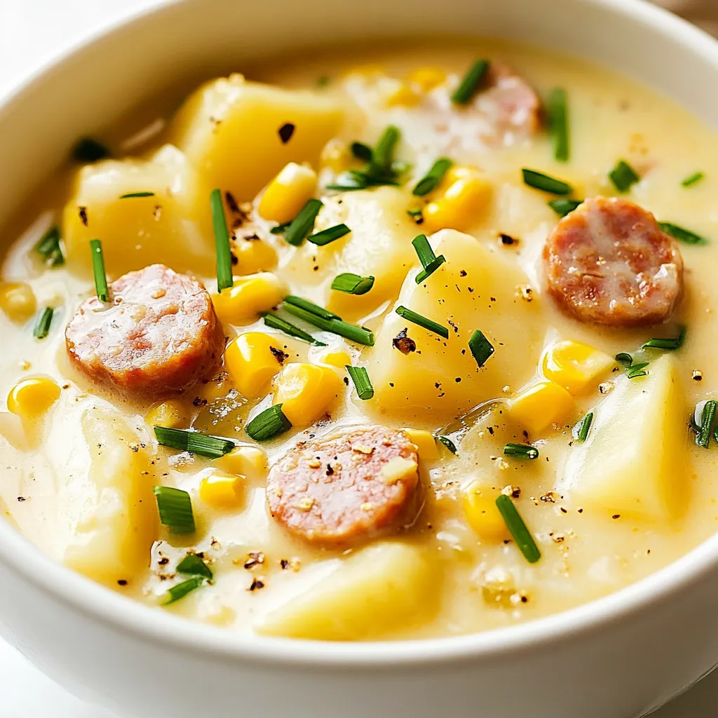 To make this potato sausage chowder, gather these ingredients: - 4 large russet potatoes, peeled and diced - 1 pound smoked chicken sausage, sliced (or any preferred sausage) - 1 medium onion, diced - 2 cloves garlic, minced - 3 cups chicken broth - 1 cup heavy cream - 1 cup corn kernels (fresh, frozen, or canned) - 2 tablespoons olive oil - 1 teaspoon dried thyme - 1 teaspoon paprika - Salt and pepper to taste - 1/4 cup fresh chives or parsley, chopped for garnish You can swap some ingredients to make this chowder your own: - Sausage: Use turkey sausage or a plant-based sausage for a lighter option. - Potatoes: Yukon gold potatoes work well if you prefer a creamier texture. - Cream: Replace heavy cream with coconut milk for a dairy-free version. - Corn: If corn is not your thing, try adding peas or diced carrots for sweetness. This chowder can fit various diets with a few tweaks: - Gluten-Free: The ingredients are naturally gluten-free. Just check your broth. - Dairy-Free: Use coconut milk instead of heavy cream for a dairy-free chowder. - Low-Carb: Substitute potatoes with cauliflower for a low-carb option. These changes keep the chowder delicious while catering to your needs. Enjoy crafting your own version! {{ingredient_image_1}} Start by heating olive oil in a large pot over medium heat. Add the diced onion and cook until it turns soft and clear, about five minutes. This step builds the base flavor for your chowder. Next, add the minced garlic. Stir it in and cook for one more minute. You want to smell that lovely garlic aroma filling your kitchen. Now, it’s time to add your sausage. I like using smoked chicken sausage for a nice flavor. Slice it up and stir it into the pot. Cook for three to four minutes. This step warms the sausage and allows it to brown just a bit. The goal is to mix the flavors well, so everything tastes great together. After the sausage is ready, it’s time to add the star of the show: potatoes. Toss in your diced russet potatoes along with thyme, paprika, salt, and pepper. Mix it all up. Then, pour in chicken broth until everything is covered. Bring the pot to a boil, then lower the heat to a simmer. Cover it and let it cook for about 15 to 20 minutes. You want the potatoes to become tender. Once they are soft, stir in the corn and heavy cream. Heat everything for another five minutes. Now your chowder is rich and creamy! To make your chowder smooth, follow a few simple steps. First, dice your potatoes into small, even pieces. This helps them cook evenly. Second, cook the onions until they are soft and clear. This adds a nice base flavor. When blending, you can use an immersion blender for a creamy texture. If you prefer some chunks, blend only half of the chowder. Always remember to stir gently to keep the cream from curdling. To boost flavor, consider adding more herbs or spices. Fresh herbs like thyme or rosemary can add depth. A touch of cayenne pepper brings warmth and some kick. For a smoky twist, try adding smoked paprika. You can also mix in some fresh lemon juice for brightness. These little changes can make a big difference in taste. Avoid these common pitfalls to ensure your chowder shines. First, don't skip the sauté step for the onions and garlic. This step builds a rich flavor. Second, be careful not to overcook the potatoes. They should be tender but not mushy. Lastly, don't forget to taste your chowder before serving. Adjust salt and pepper as needed. Small tweaks can elevate your dish from good to great. Pro Tips Use Fresh Ingredients: Fresh potatoes and corn will enhance the flavor and texture of your chowder, making it taste more vibrant and hearty. Customize Your Sausage: Experiment with different types of sausage, such as spicy or herb-infused varieties, to add unique flavors to your chowder. Thicken the Chowder: For a creamier texture, you can mash a portion of the potatoes before adding the cream, which will give the chowder a rich consistency. Garnish for Flavor: Fresh herbs like chives or parsley not only add a pop of color but also enhance the overall flavor of the chowder when sprinkled on top just before serving. {{image_2}} You can adjust the cream in your chowder to change the texture. If you want a creamy chowder, use the full cup of heavy cream. This will give you a rich and smooth texture. For a lighter chowder, reduce the cream to half a cup. You can also use milk for a less thick option. This change makes the chowder feel less heavy but still tasty. Adding more veggies boosts the nutrition and flavor. You can include carrots, celery, or even spinach. For a sweet twist, add peas or bell peppers. These veggies cook well with the potatoes. They add color and crunch to your chowder. Just chop them fine and toss them in when you add the potatoes. This way, they cook through and blend nicely. If you like heat, spice up your chowder. Adding red pepper flakes can give it a nice kick. You can also use spicy sausage instead of smoked sausage. This will change the flavor and make it more exciting. Just be careful not to overdo it. Start with a small amount and taste as you go. You want the heat but not to overpower the other flavors. After enjoying your Potato Sausage Chowder, cool it down quickly. Place the chowder in an airtight container. Make sure to seal it well to keep it fresh. Store it in the fridge if you plan to eat it within three days. If you want to keep it longer, freezing is a good choice. To reheat, pour the chowder into a pot. Heat it over medium-low heat. Stir gently to help it warm evenly. You can add a splash of chicken broth or cream to restore its creamy texture. If you prefer, you can also microwave it in a bowl. Heat in short bursts, stirring in between. This keeps the chowder from getting too hot in some spots. Freezing is a great way to save chowder for later. Let the chowder cool completely before you freeze it. Pour it into freezer-safe containers or bags. Leave some space at the top for expansion. Seal tightly and label with the date. You can freeze it for up to three months. When ready to eat, thaw in the fridge overnight before reheating. Yes, you can make Potato Sausage Chowder in a slow cooker. Just follow these steps: - Heat olive oil in a pan and sauté onion and garlic until soft. - Add the sausage and cook until slightly brown. - Transfer the mixture to the slow cooker. - Add diced potatoes, chicken broth, thyme, paprika, salt, and pepper. - Cook on low for 6-8 hours or on high for 3-4 hours. - Stir in corn and heavy cream about 30 minutes before serving. This method gives the chowder a deep flavor. You can serve many tasty sides with Potato Sausage Chowder. Here are some great options: - Crusty bread or rolls for dipping. - A fresh green salad for a light touch. - Grilled cheese sandwiches for a fun twist. - Roasted vegetables for added texture. These sides balance the chowder's rich flavor. To thicken your chowder, try these methods: - Add more diced potatoes and let them cook down. - Mix a little cornstarch with water and stir it in. - Cook it longer to reduce liquid. To thin your chowder, do this: - Add more chicken broth or cream until you reach the desired consistency. - Stir well and heat through. These tips help you achieve the right texture for your chowder. This blog post covered how to make delicious Potato Sausage Chowder. We discussed ingredients, substitutions, and dietary options. You learned step-by-step instructions, tips for smooth chowder, and variations to try. I also shared how to store leftovers and answered common questions. In the end, chowder is easy and fun to make. Enjoy creating your own tasty version!