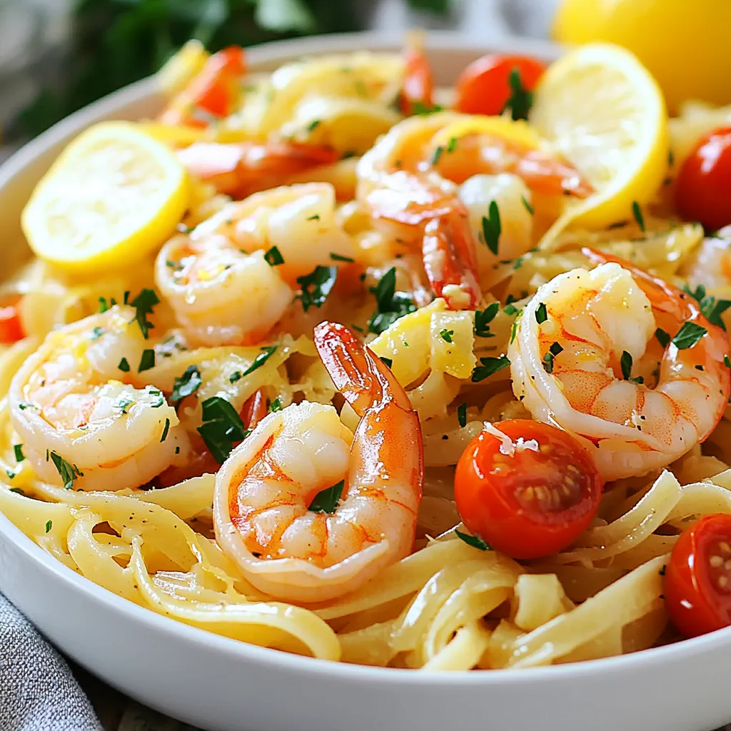 - 8 oz linguine or spaghetti - 1 lb medium shrimp, peeled and deveined - 3 tablespoons unsalted butter - 4 cloves garlic, minced - 1 teaspoon red pepper flakes - Zest and juice of 1 lemon - 4 cups vegetable or chicken broth - 1 cup cherry tomatoes - 1/2 cup fresh parsley, chopped - Salt and pepper to taste - Grated Parmesan cheese for serving (optional) The main ingredients are the stars of this dish. You will need 8 ounces of linguine or spaghetti. I love linguine for its flat shape, which holds sauce well. Next, grab a pound of medium shrimp. Make sure they are peeled and deveined for easy cooking. Lastly, you need three tablespoons of unsalted butter. Butter adds a rich taste that makes this dish special. For flavor, we have garlic, red pepper flakes, and lemon. You will use four cloves of minced garlic. Garlic gives the dish a warm, savory flavor. Adjust the red pepper flakes to your liking. Just a teaspoon is enough to add a nice kick. Don’t forget the zest and juice of one lemon. Lemon brightens the dish and balances the richness of the butter. Now, let’s talk about broth and vegetables. You need four cups of vegetable or chicken broth. The broth adds depth and helps cook the pasta. Also, include one cup of halved cherry tomatoes. They add sweetness and color. Finally, use half a cup of fresh parsley. It brings freshness and a pop of green to the plate. You can season with salt and pepper to taste. If you like cheese, some grated Parmesan makes a great topping. {{ingredient_image_1}} - Step 1: Melt the butter in a large pot over medium heat. Add minced garlic and red pepper flakes. Sauté for about one minute until the garlic smells good. - Step 2: Add the shrimp to the pot. Cook for 2 to 3 minutes. They should turn pink and opaque. Once done, take them out and set aside. - Step 3: In the same pot, pour in the vegetable or chicken broth. Add lemon zest and lemon juice. Bring this mixture to a boil. - Step 4: Stir in the linguine or spaghetti. Cook according to the package instructions, usually about 9 to 11 minutes. Stir often to keep the pasta from sticking. - Step 5: Three minutes before the pasta is fully cooked, add the halved cherry tomatoes to the pot. - Step 6: When the pasta is ready, lower the heat and return the shrimp to the pot. Toss everything together well. Season with salt and pepper. Garnish with fresh parsley before serving hot. You can add grated Parmesan cheese if you like. - Use fresh shrimp for the best flavor. Fresh shrimp tastes sweet and tender. - Adjust red pepper flakes for your spice level. If you like heat, add more! - Stir pasta often to prevent sticking. This helps keep everything smooth and tasty. - Taste and adjust seasonings before serving. A little more salt or pepper can make a big difference. - Pair with garlic bread or salad. These sides complement the dish well and add texture. - Consider wine pairings for a complete meal. A crisp white wine works nicely with the shrimp and lemon. Pro Tips Perfect Pasta Texture: To achieve the ideal al dente texture, make sure to cook the pasta just until it’s firm to the bite. Remember that it will continue to cook slightly after you drain it. Fresh Ingredients Matter: Using fresh shrimp and herbs enhances the flavor greatly. Whenever possible, opt for fresh ingredients instead of frozen or dried. Balance the Flavors: If you find the dish too tangy, a pinch of sugar can help balance the acidity from the lemon juice. Adjust to your taste preferences! Customize the Heat: The red pepper flakes can be adjusted based on your spice tolerance. Start with a little, and add more as desired for extra heat! {{image_2}} You can change the pasta shape to fit your taste. Try penne or fusilli instead of linguine. You can also swap the shrimp for chicken or scallops. Both options work well and give a new twist. Add more greens to your dish for extra flavor and nutrition. Spinach or arugula can brighten the meal. For a briny touch, include capers or olives. Both add a nice contrast to the lemon and butter. Those needing gluten-free options can choose gluten-free pasta. Many brands offer great taste and texture. If you want a vegan dish, replace the shrimp with mushrooms or tofu. Use vegetable broth instead of chicken broth for a full vegan meal. To keep your One-Pot Lemon Butter Shrimp Pasta fresh, store it in the fridge. Place the leftovers in an airtight container. This will help maintain the taste and texture. It’s best to store the pasta within two hours of cooking. If you wait too long, bacteria can grow. I recommend using glass containers. They are safe and do not absorb odors. Plastic containers work too, but make sure they are BPA-free. When it's time to eat your pasta again, you have a few good options. The best way to reheat is on the stove. Just add a splash of broth or water in a pan and heat it over low. Stir often to keep it from sticking. If you are in a hurry, the microwave works as well. Place the pasta in a microwave-safe bowl. Cover it with a damp paper towel to keep it moist. Heat it in short bursts, stirring in between until warm. To keep the flavors bright, always check the seasoning. You may want to add a little more lemon juice or salt. Yes, you can freeze One-Pot Lemon Butter Shrimp Pasta! Just make sure it cools completely before you freeze it. Place it in a freezer-safe container. Leave some space at the top for the pasta to expand. When you want to eat it, take it out of the freezer. Thaw it overnight in the fridge. For quick thawing, you can use the microwave on defrost mode. To reheat frozen pasta, follow the same steps as for refrigerated pasta. Add a little broth or water to help it heat evenly. Enjoy your meal! How long does One-Pot Lemon Butter Shrimp Pasta last in the fridge? This dish stays fresh in the fridge for about 3 to 4 days. Just store it in an airtight container. Make sure to let it cool down before sealing it. Can I use frozen shrimp for this recipe? Yes, you can use frozen shrimp. Just thaw them first. You can place them in cold water for about 15 minutes. This keeps the shrimp tender and tasty. What can I substitute for butter in this recipe? You can use olive oil or vegan butter. Both options give good flavor. Olive oil adds a healthy touch, while vegan butter keeps it dairy-free. How do I prevent the pasta from becoming mushy? Stir the pasta often while it cooks. This helps it cook evenly and prevents sticking. Also, watch the cooking time closely and taste it a minute or two before it’s done. Can I make this dish spicier? Absolutely! Add more red pepper flakes to kick up the heat. Start with a little more, then taste before adding more. You can also include fresh jalapeños for extra spice. What other herbs can I add for flavor? You can add basil, thyme, or oregano. Fresh herbs give a nice boost to the dish. Just chop them finely and toss them in at the end for the best taste. This blog post covered the simple steps to make One-Pot Lemon Butter Shrimp Pasta. You learned about key ingredients, cooking methods, and variations to try. Fresh shrimp and bright lemon add great flavor. For the best results, remember to taste often and be creative with swaps. Whether you choose gluten-free options or add veggies, you can make this dish your own. Enjoy your cooking adventure!