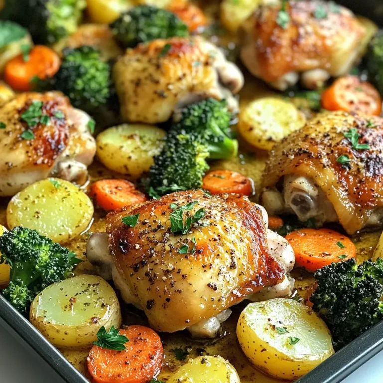 Here are the tasty ingredients you need for this recipe: - 4 bone-in, skin-on chicken thighs - 2 cups baby potatoes, halved - 1 cup carrots, sliced - 1 cup broccoli florets - 1/4 cup unsalted butter, melted - 6 cloves garlic, minced - 1 teaspoon dried thyme - 1 teaspoon smoked paprika - Salt and pepper to taste - Fresh parsley, chopped (for garnish) You can adjust the number of chicken thighs based on how many people you serve. If you prefer, boneless thighs work well too. For veggies, feel free to swap in your favorites. Zucchini or bell peppers add a nice touch. You can also use olive oil instead of butter if you want a lighter option. When selecting chicken, look for thighs with firm skin and no discoloration. Fresh veggies should feel crisp and look vibrant. For potatoes, pick ones that are smooth and free of blemishes. Garlic should smell strong and not have any soft spots. Always check the parsley; it should be bright green and fresh. Using fresh ingredients makes your dish taste even better! {{ingredient_image_1}} First, I preheat the oven to 400°F (200°C). This step gets the heat ready for cooking. Next, I grab a large sheet pan. I make sure it is clean and dry. A good pan helps to cook everything evenly. In a small bowl, I mix the melted butter and minced garlic. I add dried thyme, smoked paprika, salt, and pepper. I stir well until the mixture is smooth. This garlic butter will give our dish a rich flavor. I place the chicken thighs in the center of the sheet pan. Then, I arrange the halved baby potatoes, sliced carrots, and broccoli florets around the chicken. Spacing them out helps with even cooking. I drizzle the garlic butter mixture over the chicken and veggies. I ensure everything gets a nice coating. I bake everything in the preheated oven for 35-40 minutes. I check that the chicken reaches 165°F (75°C) inside. The veggies should be tender and cooked too. For the last 2-3 minutes, I turn on the broiler. This step crisps the chicken skin, giving it a tasty crunch. After baking, I let the dish rest for 5 minutes. Finally, I garnish with chopped fresh parsley. This adds color and freshness to the meal. To make sure your chicken cooks well, choose bone-in, skin-on thighs. They stay juicy and flavorful. Avoid overcrowding the pan; this helps all the food cook evenly. Keep a close eye on the chicken. It should reach 165°F (75°C) to be safe to eat. For the veggies, cut them into similar sizes. This ensures they cook at the same rate. If you like crispy edges, broil them for the last few minutes. While garlic butter shines in this dish, you can add more flavors. Try adding lemon juice or zest for a bright taste. A sprinkle of red pepper flakes can give it a nice kick. You can also use fresh herbs, like rosemary or thyme, for a fresh taste. If you like a smoky flavor, add more smoked paprika. Just remember, start small. You can always add more later. Every oven is unique, and cooking times may vary. If your oven runs hot, check the chicken after 30 minutes. If it runs cool, you might need an extra 5-10 minutes. Use a meat thermometer for best results. It helps you avoid undercooked or overcooked chicken. Remember to let the dish rest for about 5 minutes after baking. This allows the juices to settle and makes for a more flavorful meal. Pro Tips Marinate for More Flavor: For an extra kick, marinate the chicken thighs in the garlic butter mixture for at least 30 minutes before cooking. This allows the flavors to penetrate the meat. Use Fresh Veggies: Fresh vegetables not only taste better but also provide more nutrients. Opt for seasonal produce for the best flavor and texture. Check for Doneness: Always use a meat thermometer to check if the chicken has reached an internal temperature of 165°F (75°C). This ensures it's safe to eat and not overcooked. Customize Your Veggies: Feel free to swap in your favorite vegetables, such as bell peppers or zucchini. Just make sure to cut them into similar sizes for even cooking. {{image_2}} You can swap in many different veggies. Think about using zucchini, bell peppers, or snap peas. These options add more colors and textures. You can also try asparagus or green beans for a fresh twist. Just cut them to similar sizes as the other veggies. This ensures even cooking. Keep the same cooking time, and enjoy the new flavors. Chicken thighs are tasty, but other proteins work well too. You can use chicken breasts, pork chops, or even salmon. Adjust the cooking time based on your protein. For example, chicken breasts cook faster than thighs. Salmon cooks quickly too, so watch it closely. This gives you great choices for any meal. The garlic butter sauce is key to this dish. You can change it up easily. Add lemon juice for a zesty kick or some red pepper flakes for heat. Fresh herbs like rosemary or basil can add a nice touch. Mix and match to find your favorite blend. The sauce makes the chicken and veggies shine, so have fun with it! After you enjoy your flavorful sheet pan garlic butter chicken and veggies, store any leftovers right away. Let the dish cool to room temperature first. Then, move the chicken and veggies into an airtight container. This helps keep them fresh. Always label the container with the date. You can store leftovers in the fridge for up to three days. To reheat your chicken and veggies, preheat your oven to 350°F (175°C). Place the leftovers on a baking sheet. Cover them with foil to keep the moisture in. Heat for about 15-20 minutes, or until the chicken is warm. You can also use a microwave. If using a microwave, heat for 1-2 minutes, checking often. This way, you avoid overcooking. If you want to save some for later, freezing is a great option. First, let the chicken and veggies cool completely. Then, pack them in freezer-safe bags or containers. Remove as much air as possible before sealing. You can freeze them for up to three months. When you’re ready to eat, thaw overnight in the fridge. Reheat as mentioned above for the best taste. Yes, you can use boneless chicken thighs. They cook faster than bone-in thighs. If you choose boneless, reduce the baking time to about 25-30 minutes. Always check the internal temperature to reach 165°F (75°C) for safety. You can use many vegetables. Zucchini, bell peppers, or green beans work well. Just make sure to cut them into similar sizes for even cooking. Also, adjust the cooking time if needed to keep them tender. To check if the chicken is done, use a meat thermometer. Insert it into the thickest part, avoiding bones. The chicken should reach 165°F (75°C). If you don’t have a thermometer, cut into the chicken. The juices should run clear with no pink inside. Yes, you can prep it ahead. Marinate the chicken and veggies in the garlic butter mix the night before. Store it in the fridge. When ready, just bake as directed. This can save time on busy nights. This blog post covered how to make sheet pan garlic butter chicken and veggies. We discussed ingredients, measurements, and the best fresh choices. You then learned step-by-step instructions for cooking and tips for perfect results. Variations included other veggies, proteins, and sauce tweaks. Finally, we talked about storing leftovers and reheating tips. Now, you can create a delicious meal with ease. Enjoy the flavors you made and feel proud of your cooking! It's tasty, simple, and sure to impress.