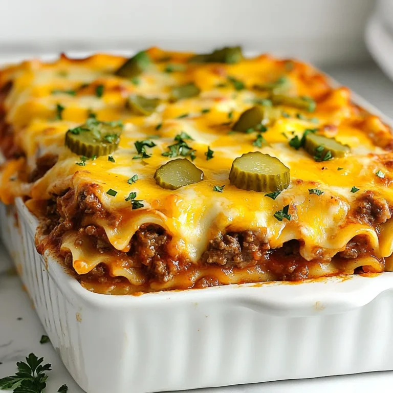 The main components of cheeseburger lasagna bake are ground beef, cheese, pasta, and seasonings. These ingredients create a rich and satisfying dish that everyone loves. Here’s a detailed list of what you need: - 9 lasagna noodles - 1 pound ground beef - 1 small onion, finely chopped - 2 cloves garlic, minced - 1 can (15 oz) tomato sauce - 1 cup ketchup - 1 tablespoon mustard - 1 teaspoon Worcestershire sauce - 1 teaspoon dried oregano - Salt and pepper to taste - 2 cups shredded cheddar cheese - 1 cup shredded mozzarella cheese - 1/2 cup pickles, diced (optional) - Fresh parsley, chopped for garnish (optional) You can add diced pickles for that classic burger taste. Fresh parsley also makes a great garnish. These additions bring freshness and crunch to your dish. {{ingredient_image_1}} First, preheat your oven to 375°F (190°C). This helps cook everything evenly. While the oven heats, cook the lasagna noodles. Follow the package instructions until they are al dente. Drain them and set them aside. This step is key to getting a great texture. Next, let’s focus on the meat sauce. In a large skillet, heat 1 pound of ground beef over medium heat. Add 1 small chopped onion and 2 minced garlic cloves. Cook until the beef is brown and the onion is soft, which takes about 5 to 7 minutes. Drain any extra grease from the skillet. This keeps the dish from being too greasy. Now, stir in 1 can of tomato sauce, 1 cup of ketchup, 1 tablespoon of mustard, and 1 teaspoon each of Worcestershire sauce and dried oregano. Add salt and pepper to taste. Let it simmer for 5 to 10 minutes. This step allows the flavors to mix well. Now it’s time to layer everything. In a 9x13 inch baking dish, spread a thin layer of meat sauce on the bottom. Then, place 3 lasagna noodles over the sauce. Top with one-third of the remaining meat sauce. Add a layer of 2 cups of shredded cheddar cheese and 1 cup of shredded mozzarella cheese. If you like, sprinkle some diced pickles over the cheese. Repeat this process two more times. Finish with a final layer of noodles, remaining sauce, and a generous sprinkle of cheese on top. Cover the dish with aluminum foil and bake for 25 minutes. Remove the foil and bake for 15 more minutes. This step makes the cheese bubbly and golden. Let it rest for 10 minutes before slicing. If you want, garnish with chopped parsley. Enjoy your delicious cheeseburger lasagna bake! To avoid a watery lasagna, make sure to drain excess grease from the beef. After cooking, let the meat sauce simmer longer. This helps reduce moisture. Layer the noodles carefully, too. If they're too wet, they might make your dish soggy. For the best cheeseburger flavor, I love using a mix of cheddar and mozzarella. Cheddar gives a sharp taste, while mozzarella adds creaminess. You can also try pepper jack for a spicy kick or gouda for a smoky flavor. Each cheese brings something special to the dish. Want to enhance the sauce? Add a pinch of crushed red pepper for heat. A splash of hot sauce can bring a nice kick too. Consider stirring in a teaspoon of smoked paprika for depth. Chopped herbs, like basil or thyme, can brighten up the flavor, making it even tastier. Pro Tips Use No-Boil Noodles: For even easier preparation, consider using no-boil lasagna noodles. They will absorb moisture from the sauce while baking, eliminating the need for pre-cooking. Customize Your Meat: Feel free to substitute ground beef with ground turkey or chicken for a leaner option. You can also mix in cooked bacon for added flavor! Make Ahead: This dish can be assembled ahead of time and refrigerated. Just add about 10 minutes to the baking time if baking straight from the fridge. Experiment with Toppings: Try adding different toppings like jalapeños, olives, or even a drizzle of barbecue sauce before serving for a unique twist on traditional flavors. {{image_2}} You can swap ground beef for ground turkey or chicken. This change cuts down on fat. If you want a gluten-free version, use gluten-free lasagna noodles. Other options include zucchini or eggplant slices. They work well in place of noodles. Many condiments can spice up this dish. Try adding barbecue sauce for a smoky flavor. You can also mix in some hot sauce if you like heat. For more depth, add smoked paprika or chili powder. These spices enhance the overall taste. To make a vegetarian cheeseburger lasagna bake, use lentils or mushrooms. They add a hearty texture. You can also use black beans for a protein boost. Replace the meat sauce with a mix of tomato sauce and veggies. This gives you a delicious veggie version everyone will enjoy. To store leftovers, cool your cheeseburger lasagna bake to room temperature. Then, place it in an airtight container. You can also cover the baking dish tightly with plastic wrap or aluminum foil. Proper storage helps keep the flavors fresh. Your leftovers will stay good in the fridge for up to four days. If you want to freeze your lasagna, let it cool completely. Cut it into portions for easy reheating. Wrap each piece in plastic wrap and then in aluminum foil. This double layer prevents freezer burn. You can freeze it for up to three months. To reheat, thaw it in the fridge overnight. Then, pop it in the oven at 350°F (175°C) until heated through. When stored correctly, your cheeseburger lasagna bake can be delicious for a while. In the fridge, it lasts about four days. If you freeze it, it stays tasty for up to three months. Remember to check for any signs of spoilage before eating. Enjoy your meals without waste! Yes, you can use different meats. Ground turkey or chicken works well. You can also use plant-based meat for a vegetarian option. Each meat adds a unique flavor. Just remember to cook it fully before mixing in the sauce. This gives you the best taste and texture. To add spice, you can use hot sauce or red pepper flakes. Mix these in with the meat sauce. For a stronger kick, add diced jalapeños. You could also try spicy cheese, like pepper jack. Experiment with spices to find your favorite heat level! The best way to reheat it is in the oven. Preheat your oven to 350°F (175°C). Cover the dish with foil to keep it moist. Heat for about 20 minutes or until warm. You can also microwave individual portions, but the oven keeps it crispy. Enjoy your cheesy goodness! This post covered ingredients, steps, tips, variations, and storage for cheeseburger lasagna. You learned about key components like beef and cheese, along with preparation and cooking methods. I shared easy tricks to avoid a watery dish and enhance flavor. Remember, you can customize this recipe to fit your taste and dietary needs. Whether you stick to the basics or choose alternatives, this dish can be a fun and delicious meal. Enjoy making your cheeseburger lasagna bake!