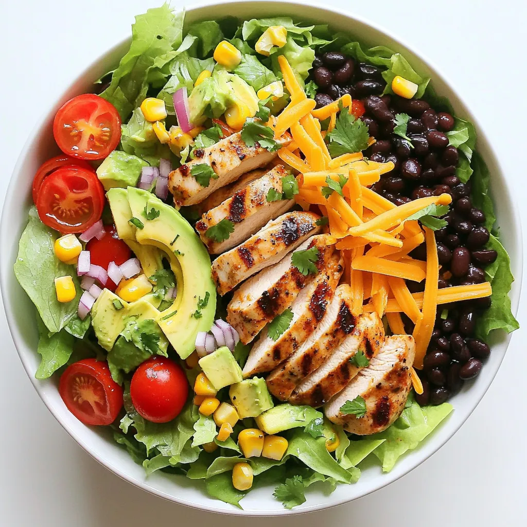 To make a great Southwest Chicken Salad Bowl, gather these fresh ingredients: - Grilled Chicken Breasts: Use two grilled chicken breasts, sliced. They add protein and flavor. - Fresh Vegetables: You need four cups of chopped romaine lettuce, one cup of halved cherry tomatoes, one cup of rinsed black beans, and one cup of fresh or canned corn. Add one diced avocado and half a cup of thinly sliced red onion for crunch. - Dressing Ingredients: For the dressing, mix the juice of two limes, three tablespoons of olive oil, one teaspoon of cumin, one teaspoon of chili powder, and salt and pepper to taste. - Optional Garnishes: Top your salad with half a cup of shredded cheddar cheese, a quarter cup of chopped fresh cilantro, and tortilla strips for a fun crunch. These ingredients work together to create a colorful and tasty meal. Each element adds its own unique taste and texture. The grilled chicken gives protein, while the fresh veggies add vitamins. The dressing ties everything together, making each bite exciting! To make the dressing, you need a small bowl. In this bowl, whisk together: - Juice of 2 limes - 3 tablespoons olive oil - 1 teaspoon cumin - 1 teaspoon chili powder - Salt and pepper to taste Mix these ingredients well until they blend into a smooth dressing. This adds zest to your salad. Set the dressing aside while you prepare the salad. Grab a large salad bowl. Start by adding: - 4 cups romaine lettuce, chopped - 1 cup cherry tomatoes, halved - 1 cup canned black beans, rinsed and drained - 1 cup corn (fresh or canned) - 1 avocado, diced - ½ cup red onion, thinly sliced Gently combine these fresh ingredients. Then, add the sliced grilled chicken breasts on top. This chicken adds protein and flavor. Drizzle the dressing over your salad mixture. Use a large spoon to toss everything together. Make sure all the ingredients are coated well with the dressing. Now, sprinkle: - ½ cup shredded cheddar cheese - ¼ cup fresh cilantro, chopped Finally, add tortilla strips on top for a crunchy finish. This adds texture and fun to your meal. Enjoy your Southwest Chicken Salad Bowl! To grill chicken well, start with good quality meat. I recommend using chicken breasts. They cook evenly and stay juicy. Before grilling, make sure to marinate your chicken. A mix of lime juice, olive oil, cumin, and chili powder works great. Let the chicken sit in the marinade for at least 30 minutes. This adds flavor and keeps the meat moist. Preheat your grill to medium-high heat. Grill each side for about 6-7 minutes. Check that the internal temperature reaches 165°F. Let it rest for a few minutes before slicing. This keeps the juices in. You can easily adjust this salad to fit different diets. For a vegetarian option, skip the chicken. Add more beans or use tofu instead. If you want a low-carb version, replace the corn and beans with extra veggies. Zucchini or bell peppers can add great flavor. For a dairy-free salad, simply leave out the cheese. You still get plenty of taste from the veggies and dressing. This way, everyone can enjoy the Southwest Chicken Salad Bowl. To make this salad even more flavorful, consider adding different spices. A pinch of smoked paprika can add depth. If you like heat, diced jalapeños give a nice kick. Fresh herbs, like basil or mint, can also brighten up the dish. You might try adding a splash of hot sauce to the dressing for extra zing. Toasted nuts or seeds can add crunch and a nutty taste. Experiment with these ideas to find your perfect flavor mix! {{image_2}} To make a vegetarian southwest salad bowl, skip the chicken. Use more beans or tofu instead. Black beans work great for protein. You can add grilled corn for a smoky flavor. Also, consider adding bell peppers for crunch and color. Top with your favorite cheese or skip it for a vegan option. A squeeze of lime brightens up the dish. For a low-carb version, remove the corn and beans. Instead, add more greens like spinach or kale. You can also add sliced radishes or cucumbers for crunch. Grilled chicken can stay, but use less dressing. Olive oil and lime juice keep it light and tasty. This way, you still enjoy a filling meal without the carbs. If you love spice, add jalapeños or hot sauce. Mix diced jalapeños into the salad for heat. You can also sprinkle crushed red pepper flakes on top. Another option is to use chipotle powder in the dressing. It gives a nice smoky flavor. Adjust the spice level to fit your taste. Enjoy the kick in every bite! You can store leftover salad in an airtight container. Keep it in the fridge. This salad stays fresh for up to three days. If you store the dressing separately, it helps the greens stay crisp. When ready to eat, just add the dressing and mix. You can freeze grilled chicken breasts for later use. Wrap them tightly in plastic wrap. Place them in a freezer bag. This keeps the chicken good for up to three months. You can also freeze black beans and corn. Just make sure to rinse and drain them first. Store them in small containers for easy use later. To make meal prep easy, chop all veggies in advance. Store them in separate containers. This way, you can mix and match for quick meals. Make the dressing ahead of time, too. Just remember to shake it well before using. Preparing meals in advance saves time during busy days. You can use grilled shrimp or tofu. Both add great flavor. For a meat-free option, try chickpeas or lentils. These options still give you protein. They also soak up the dressing well. Use the same spices to keep the taste balanced. To make this salad gluten-free, skip the tortilla strips. Instead, use crushed corn chips. Always check labels on canned goods. Some may have gluten in the sauce. Most fresh ingredients are gluten-free, so stick with those. Yes, this salad is great for meal prep. Store the salad base and dressing separately. Keep the chicken and veggies fresh longer. When ready to eat, mix them together. This keeps the salad crisp and tasty. You can also portion it into containers for easy grab-and-go meals. This blog post covered how to make a tasty salad with grilled chicken and fresh veggies. You learned about key ingredients, step-by-step prep, and tips for perfect grilling. We explored variations for different diets and shared storage tips for leftovers. Remember, you can always adapt this recipe to fit your needs. Use these ideas to create a meal you love and enjoy!