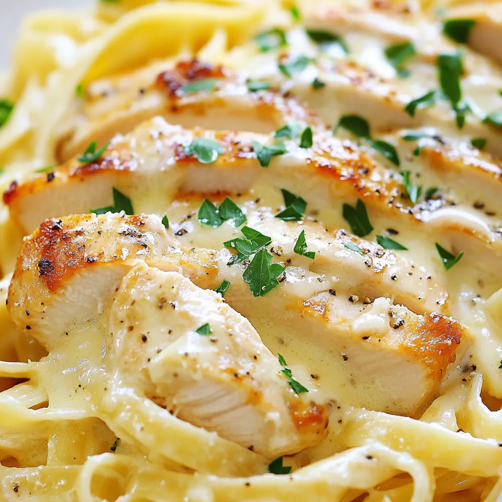 - 2 boneless, skinless chicken breasts - 8 ounces fettuccine pasta - 2 tablespoons olive oil - 3 cloves garlic, minced - 1 cup heavy cream - 1 cup grated Parmesan cheese - 1 teaspoon Italian seasoning - Salt and pepper to taste - Fresh parsley, chopped (for garnish) If you don’t have chicken breasts, you can use chicken thighs. They add great flavor. For pasta, any type will work, but fettuccine is best for Alfredo. If you want a lighter dish, you can replace heavy cream with half-and-half or milk. Nutritional yeast can replace Parmesan for a dairy-free option. Fresh garlic can be swapped with garlic powder if needed. Always choose fresh chicken for the best taste. Look for organic or free-range chicken when possible. Use high-quality Parmesan cheese, as it makes a big difference in flavor. Fresh garlic gives a stronger taste than jarred. For olive oil, go for extra virgin for its rich flavor. Quality ingredients make your dish shine! {{ingredient_image_1}} To start, cook the pasta. Boil a large pot of salted water. Add 8 ounces of fettuccine. Follow the package directions until it's al dente. Save about half a cup of pasta water. Then, drain the pasta and set it aside. While the pasta cooks, it's time to prepare the chicken. Take 2 boneless, skinless chicken breasts. Season them with salt, pepper, and 1 teaspoon of Italian seasoning. This adds great flavor. Next, heat 2 tablespoons of olive oil in a large skillet over medium-high heat. Once hot, add the chicken. Cook for about 6-7 minutes on each side. The chicken should be golden brown and no longer pink inside. After cooking, let the chicken rest. Then slice it into thin strips. Now, let’s make the Alfredo sauce. In the same skillet, lower the heat to medium. Add 3 cloves of minced garlic. Sauté for about 30 seconds until you smell the garlic. Be careful not to burn it. Pour in 1 cup of heavy cream. Stir constantly as you add 1 cup of grated Parmesan cheese. Whisk until it melts and becomes smooth. If the sauce seems too thick, use the reserved pasta water to thin it out. Combine the pasta and chicken with the sauce. Toss everything to coat well. Heat it for about a minute if needed. Then, taste and add more salt and pepper if you like. Finally, serve the creamy fettuccine Alfredo. You can garnish it with chopped fresh parsley and extra Parmesan for a nice touch. - Always use plenty of water to boil your pasta. This helps it cook evenly. - Add salt to the water. This makes the pasta taste better. - Stir the pasta occasionally to prevent it from sticking. - Check the doneness a minute before the package time. You want it al dente. To make sure the chicken is safe to eat, check its internal temperature. It should reach 165°F (75°C). Use a meat thermometer for accuracy. If you don’t have one, cut the chicken open. It should be white inside with no pink. Letting the chicken rest helps keep it juicy. To get a creamy sauce, always use heavy cream. This gives the sauce a rich texture. When you add the cheese, do it slowly. Whisk the cheese in well. If the sauce gets too thick, use some reserved pasta water. This helps keep it smooth. Stir often to avoid lumps. Keep the heat on medium-low to prevent burning. One mistake is cooking the garlic too long. It can burn quickly, which makes it bitter. Another issue is not seasoning the chicken enough. Use salt, pepper, and Italian seasoning for best flavor. Lastly, don’t skip the pasta water. It helps the sauce cling to the pasta better. You will need a large pot for boiling pasta. A good skillet is key for cooking chicken and making sauce. Use a whisk to blend the cream and cheese smoothly. Have a cutting board and knife ready for slicing chicken. A measuring cup is helpful for the pasta water, and a serving bowl is great for presentation. Pro Tips Rest the Chicken: Let the cooked chicken rest for a few minutes before slicing to retain its juices and keep it tender. Perfect Pasta: Always reserve some pasta water before draining; it can be a lifesaver for adjusting sauce consistency. Garlic Timing: Add the garlic just before the cream to prevent it from burning and ensure a fresh, aromatic flavor. Cheese Quality: Use freshly grated Parmesan cheese for the best flavor and texture; pre-grated options often contain anti-caking agents that can affect melting. {{image_2}} You can easily add vegetables to your Chicken Alfredo. Broccoli, spinach, or peas work well. Just cook them in the same pot as your pasta. This adds color and flavor. You can also sauté bell peppers or zucchini in the skillet. Toss them with the chicken and sauce before serving. This way, you boost nutrition and taste. If you want a change from chicken, try shrimp or tofu. Shrimp cooks fast and adds a nice seafood taste. Simply sauté it in the skillet until pink. For tofu, use firm or extra-firm. Cut it into cubes and sauté until golden. Both options keep the dish healthy and satisfying. You can also use grilled chicken if you want a smoky flavor. Spice up your Alfredo with fresh herbs or spices. Basil or thyme can add a fresh twist. You might also try crushed red pepper for heat. For a tangy kick, add lemon zest or juice. These flavors can brighten the dish and make it unique. Don't hesitate to experiment! Each addition can create a new experience. To keep your Chicken Alfredo fresh, store it in an airtight container. Make sure to cool it to room temperature before sealing. This helps prevent moisture build-up. You can store leftovers in the fridge for up to three days. For best taste, eat it within this time. When you reheat Chicken Alfredo, do it slowly. You can use a skillet or microwave. If using a skillet, add a splash of milk or cream. Heat on low and stir often. This keeps the sauce creamy. In the microwave, use a safe dish and cover it. Heat in short bursts, stirring in between. This keeps it from drying out. You can freeze Chicken Alfredo for later use. Place it in a freezer-safe container. Be sure to leave some space for it to expand. It will stay fresh for up to three months. When ready to eat, thaw it overnight in the fridge. Reheat it on the stove or microwave as needed. Adding a bit of cream or milk helps restore its creaminess. Chicken Alfredo comes from Italy. It started in Rome in the early 1900s. The dish was named after Alfredo di Lelio, who created it. He made it for his wife to help her appetite. The dish was simple, made with butter and Parmesan cheese. Over time, people added chicken and cream for more flavor. Now, it is popular worldwide, especially in America. Yes, you can make Chicken Alfredo ahead of time. Cook the pasta and chicken, then store them separately. Keep the sauce in the fridge too. When you are ready to eat, reheat the sauce. Add the pasta and chicken back to the pan. Heat everything together gently. This way, your dish stays fresh and tasty. To make a lighter version of Chicken Alfredo, swap some ingredients. Use whole wheat pasta for more fiber. Replace heavy cream with low-fat milk or Greek yogurt. You can also cut down on cheese. Add more veggies like broccoli or spinach for extra nutrition. These changes keep the dish tasty while making it healthier. This article shared key points on making Chicken Alfredo. We covered ingredients, cooking steps, and tips for the best sauce. You learned how to store leftovers and variations to spice things up. Remember to choose quality ingredients for the best flavors. Cooking pasta perfectly takes practice, but it's worth it. With these tips, you can create a delightful meal. Now, get cooking and enjoy your Chicken Alfredo!
