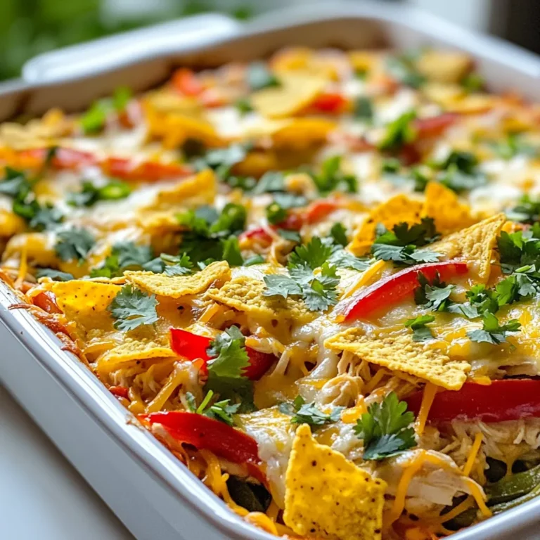 To make a tasty Fajita Chicken Casserole, you need the right ingredients. Here’s what you will use: - 2 cups cooked chicken, shredded - 1 red bell pepper, sliced - 1 green bell pepper, sliced - 1 medium onion, sliced - 1 can (15 oz) black beans, drained and rinsed - 1 cup corn (frozen or canned) - 1 tablespoon fajita seasoning - 1 cup salsa - 1 cup shredded cheddar cheese - 1 cup sour cream - 1 cup tortilla chips, crushed - Fresh cilantro, chopped (for garnish) Each ingredient plays a special role. The chicken adds protein, and the bell peppers and onion give sweetness and crunch. Black beans and corn add fiber and texture. Fajita seasoning brings a bold flavor, while salsa adds moisture and zest. The cheese and sour cream make it creamy and rich. Finally, the crushed tortilla chips give a nice crunch on top. This list keeps your casserole hearty and satisfying. You can find all these items at your local grocery store. If you’re ready, gather them up and let’s cook! {{ingredient_image_1}} - Preheat the oven: Start by setting your oven to 350°F (175°C). This will ensure your casserole cooks evenly. - Sauté vegetables: In a large skillet over medium heat, add sliced onion and bell peppers. Cook them for about 5-7 minutes until they soften. This step adds great flavor. - Combine ingredients in skillet: Next, add shredded chicken, fajita seasoning, black beans, corn, and salsa to the skillet. Mix well and cook for 3-4 minutes until everything is heated through. - Prepare sour cream and cheese mixture: In a separate bowl, mix sour cream with half of the shredded cheddar cheese until smooth. This will add creaminess to your casserole. - Layer the casserole: Grease a 9x13 inch baking dish. Start with half of the chicken mixture as the first layer. Then, add half of the crushed tortilla chips on top. - Bake the casserole: Spread the sour cream and cheese mixture over the tortilla chips. Next, add the remaining chicken mixture. Finally, sprinkle the rest of the crushed tortilla chips and the remaining cheddar cheese on top. Bake for 25-30 minutes until bubbly and golden. - Serve and garnish: Once baked, take it out of the oven and let it cool slightly. Garnish with chopped cilantro before serving. Enjoy your delicious fajita chicken casserole! - How to ensure chicken stays moist: Use cooked chicken that is shredded. This helps it soak up flavors. Add a bit of broth to the mixture to keep it juicy. - Best practices for layering: Start with a good base. Layer half of your chicken mix first. This keeps the bottom from getting soggy and helps with even cooking. - Tips for controlling spice levels: Use less fajita seasoning if you want a milder taste. You can also choose a mild salsa. Taste as you go to find the right heat for you. - Garnishing ideas: Fresh cilantro adds a nice touch. You can also use slices of lime for color and flavor. - Serving suggestions with sides: Serve with a simple salad or rice. These sides balance the meal well. - Best dishes to serve with fajita chicken casserole: Pair it with guacamole and chips for a great snack. You can also serve it with a fresh corn salad for added crunch. Pro Tips Use Leftover Chicken: This casserole is a perfect way to use up any leftover rotisserie or grilled chicken you have on hand, saving you time and effort. Customize the Veggies: Feel free to add or substitute other vegetables like zucchini, mushrooms, or spinach to tailor the casserole to your family's taste. Spice it Up: Adjust the heat level by adding jalapeños or a dash of hot sauce to the chicken mixture for a spicier kick. Make Ahead: Prepare the casserole in advance and store it in the refrigerator for up to 24 hours before baking. Just add a few extra minutes to the baking time if it's coming straight from the fridge. {{image_2}} You can easily swap out proteins in this dish. Try using turkey or beef if you want a change. Both will give a nice twist to the flavor. For a plant-based option, use plant-based chicken. It works great and keeps the dish hearty. If you want it dairy-free, replace sour cream and cheddar cheese with suitable alternatives. Many brands offer tasty dairy-free products that can mimic the creaminess. Experiment with different seasoning blends to jazz up your casserole. You can use taco seasoning or even a spicier blend. Adding veggies like zucchini or mushrooms can enhance the taste and nutrition. They add texture and flavor without overpowering the dish. For toppings, consider jalapeños for heat or olives for a briny kick. These simple changes can make each meal feel new and exciting. After making fajita chicken casserole, let it cool. Store leftovers in an airtight container. Place it in the fridge. It will last about 3 to 4 days. For best taste, eat it within this time. Make sure to label your container with the date. This way, you can keep track of how long it has been stored. When you want to eat it again, just take it out. Reheat it in the microwave or oven until hot. You can freeze fajita chicken casserole too. To do this, let it cool completely. Transfer it to a freezer-safe dish. Cover it tightly with plastic wrap or foil. This will help keep it fresh. It can stay in the freezer for up to 3 months. When you're ready to eat it, take it out. Thaw it in the fridge overnight. For reheating, bake it in the oven at 350°F (175°C) until it’s hot throughout. This keeps the flavors tasty and fresh. Can I make this casserole ahead of time? Yes, you can prepare the casserole a day before. Just cover it and store it in the fridge. When ready, bake it straight from the fridge. Add a few extra minutes to the cooking time. What can I serve with fajita chicken casserole? You can serve this casserole with a fresh salad or some rice. Chips and guacamole also pair well. If you want, add some salsa on the side for more flavor. How do I make it spicier? To spice it up, add more fajita seasoning. You can also mix in some chopped jalapeños or hot sauce. If you love heat, try using pepper jack cheese instead of cheddar. Can I use fresh vegetables instead of canned? Yes, using fresh veggies is a great choice. You can slice fresh bell peppers, onions, and even add zucchini. Just remember to sauté them until they're soft before mixing them in. How long do I bake it for? Bake the casserole for about 25-30 minutes. Look for it to be bubbly and golden on top. If you like it extra crispy, leave it in a bit longer. What is the best way to reheat leftovers? For leftovers, reheat them in the oven at 350°F. Cover the dish with foil to keep it moist. You can also use the microwave, but the oven gives it a better texture. Can I customize the cheese used in the recipe? Absolutely! Feel free to use any cheese you like. Monterey jack, mozzarella, or even a mix can work well. Just make sure it melts nicely for that gooey texture we all love. This blog covered a simple and tasty fajita chicken casserole. We looked at key ingredients, preparation steps, and provided tips for cooking and presentation. You can alter the recipe, store your leftovers, and customize it to fit your taste. In the end, this dish is easy to make and share. Enjoy your time in the kitchen and make this meal your own. You’ll love serving it to family and friends.
