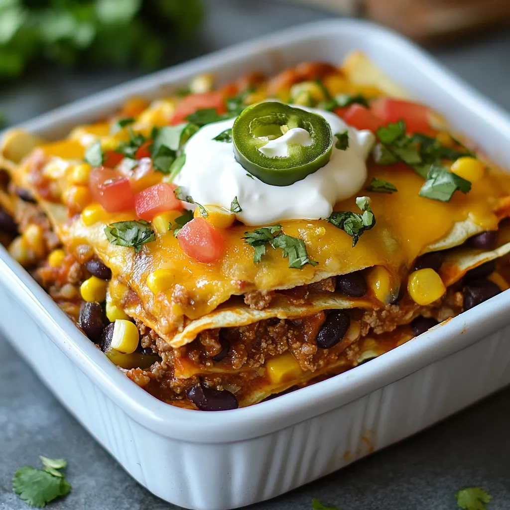 - 12 corn tortillas - 1 lb ground beef or turkey - 1 can (15 oz) black beans, rinsed and drained - 1 can (15 oz) corn, drained - 1 cup diced tomatoes (fresh or canned) - 1 small onion, chopped - 2 cloves garlic, minced - 2 cups shredded cheese (cheddar or Mexican blend) - 1 tablespoon taco seasoning - 1/2 cup fresh cilantro, chopped - 1 jalapeño, diced (optional, for extra heat) - 1/2 cup sour cream (for serving) - Salt and pepper to taste You can make this dish even better with a few extras. Try adding: - Chopped bell peppers for sweetness - Black olives for a briny kick - Avocado slices for creaminess - Lime juice for a zesty touch Mexican lasagna is not just tasty; it offers great nutrition too. Here are some benefits: - Ground beef or turkey: Provides protein for muscle health. - Black beans: High in fiber and helps with digestion. - Corn: Offers vitamins and minerals, plus a sweet crunch. - Tomatoes: Packed with antioxidants and vitamins. - Cilantro: Adds flavor and may have health perks, like anti-inflammatory properties. These ingredients work together to make a meal that is both satisfying and good for you. Enjoying this dish means getting a mix of flavors and health benefits in one bite! {{ingredient_image_1}} Start by preheating your oven to 375°F (190°C). This is key for a nice bake. Next, grab a large skillet. Add the chopped onion and minced garlic. Sauté them over medium heat for about 3-4 minutes. You want the onion to turn translucent. Then, add the ground beef or turkey. Cook it until it's browned, breaking it apart while it cooks. This takes about 6-8 minutes. Make sure to drain any excess fat from the skillet. After that, stir in your taco seasoning, black beans, corn, and diced tomatoes. Mix well and let it simmer for 5 minutes. Season with salt and pepper to taste. In a 9x13-inch baking dish, spread a thin layer of the meat mixture on the bottom. Place 3 corn tortillas over the meat, overlapping them slightly. Sprinkle a third of the shredded cheese on top. Then, layer another portion of the meat mixture and a handful of chopped cilantro. Repeat this layering two more times. Make sure the final layer is tortillas topped with cheese. Cover the dish with foil. Bake in the preheated oven for 25 minutes. After that, remove the foil and bake for another 10-15 minutes. Look for the cheese to be bubbly and golden. Once your Mexican lasagna is out of the oven, let it cool for a few minutes before slicing. This helps it set. Serve it with a dollop of sour cream on top. You can also garnish with extra cilantro and diced jalapeño if you like heat. Enjoy each bite of this flavorful dish! To make your Mexican lasagna shine, focus on layers. Start with the meat mixture, then add tortillas. This keeps everything moist and tasty. Use fresh cilantro for a pop of flavor. If you like heat, add diced jalapeños throughout. Don't rush the baking time. Let the cheese bubble and turn golden for the best results. To save time, prep your ingredients first. Chop your onions and garlic in advance. You can also cook the meat mixture a day before. Just reheat it when you're ready to layer. Consider using store-bought taco seasoning for quick flavor. Pre-shredded cheese can cut down on prep time, too. For this recipe, you'll need a few key tools. A large skillet helps cook the meat evenly. A 9x13-inch baking dish is perfect for layering. Use a sharp knife for chopping veggies and a cutting board for safety. Don't forget a spatula for mixing and serving. A foil cover is essential for baking. These tools make the process easier and more enjoyable. Pro Tips Use Fresh Ingredients: Always opt for fresh vegetables and herbs to enhance the flavor of your Mexican lasagna. Layer Wisely: Make sure to evenly distribute the meat mixture and cheese in each layer for consistent flavor in every bite. Customize Your Heat: If you like it spicy, add more jalapeños or a dash of hot sauce to the meat mixture. Let It Rest: Allow the lasagna to cool for a few minutes before slicing; this helps it hold its shape and makes serving easier. {{image_2}} For a meat-free meal, use veggies instead of meat. You can add layers of zucchini, bell peppers, or mushrooms. Use black beans and corn for protein. This keeps the dish hearty and tasty. You might want to add extra cheese for creaminess. Fresh cilantro and tomatoes bring bright flavors. If you need a gluten-free dish, choose corn tortillas. They work great as a base. Make sure to check the labels for gluten-free assurance. You can also swap out the beans for lentils. This keeps the protein high while staying gluten-free. To turn up the heat, add diced jalapeños or sliced serrano peppers. You can mix in a chipotle sauce for a smoky flavor. If you love spice, add hot sauce to the layers. This makes each bite exciting and full of flavor. Remember, heat levels can be adjusted to fit your taste! After you make your Mexican lasagna, let it cool down. Cover it well with plastic wrap or aluminum foil. Store it in the fridge for up to 3 days. This keeps the flavors fresh and tasty. If you want to save a slice for lunch, this method works great. For longer storage, freeze your Mexican lasagna. First, let it cool completely. Then, wrap it tightly in plastic wrap and foil. You can store it in the freezer for up to 3 months. When you are ready to eat it, just thaw it in the fridge overnight. To reheat, preheat your oven to 350°F (175°C). Remove any plastic wrap but keep the foil on. Place it in the oven for about 25 minutes. If you want to reheat a single slice, use the microwave. Heat it for 1-2 minutes, checking that it's warm all the way through. Then, enjoy your delicious meal! Yes, you can use different meats in your Mexican lasagna. Ground beef is popular, but ground turkey works well too. You can even try chicken or pork for unique flavors. If you want a meatless option, use black beans or lentils instead. This choice makes the dish tasty and fits various diets. To change the heat level, add or remove jalapeños. If you like it spicy, include diced jalapeños in the meat mixture. You can also use hot taco seasoning. If you prefer milder flavors, skip the jalapeños and use mild seasoning. Taste the mix as you cook to find the right balance for you. Many sides go well with Mexican lasagna. A fresh salad adds crunch and flavor. You might enjoy a side of rice, like Spanish or cilantro-lime rice. Tortilla chips with salsa or guacamole make great snacks. For a fun twist, serve it with corn on the cob. These sides complement the rich flavors perfectly. To make Mexican lasagna, we explored key ingredients that add flavor and nutrition. I shared step-by-step instructions for preparing, cooking, and serving this dish. You learned tips to perfect your lasagna, including time-savers and tools. We discussed variations like vegetarian and gluten-free options. Lastly, I provided storage info and answered common questions. In summary, Mexican lasagna is flexible and easy. With these tips, you can create a tasty meal. Enjoy your cooking!