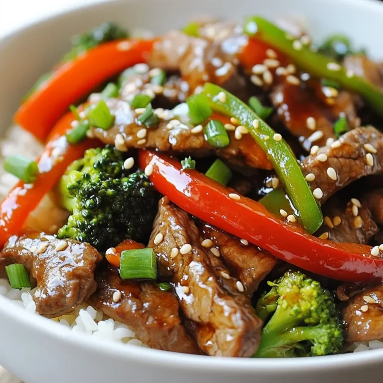 - 1 lb (450g) beef sirloin, thinly sliced - 2 tablespoons black pepper, freshly ground - 2 tablespoons soy sauce - 1 tablespoon oyster sauce - 1 tablespoon cornstarch - 2 tablespoons vegetable oil - 1 bell pepper (red or green), sliced - 1 cup broccoli florets - 3 garlic cloves, minced - 1-inch piece ginger, grated - 2 green onions, chopped - Cooked jasmine rice, for serving When measuring ingredients, use dry measuring cups for solids and liquid measuring cups for liquids. Make sure to level off dry ingredients for accuracy. Use a scale for precise weight, especially for beef. This ensures your dish tastes just right. If you don’t have beef sirloin, try flank steak or chicken. For a vegetarian option, use tofu or tempeh. You can replace soy sauce with tamari for a gluten-free meal. If black pepper is too spicy, use less or switch to white pepper. For a sweet twist, add a dash of hoisin sauce. {{ingredient_image_1}} To start, you need to prepare the beef. Take 1 pound of beef sirloin and slice it thinly. In a bowl, mix the sliced beef with 1 tablespoon of cornstarch, 2 tablespoons of soy sauce, and half of the black pepper. This step helps the beef stay tender and flavorful. Let it sit for at least 15 minutes to soak in the flavors. Next, grab a large skillet or wok. Heat 1 tablespoon of vegetable oil over medium-high heat. Once hot, add the marinated beef. Stir-fry it for about 3 to 4 minutes. You want the beef to brown and cook through but not overcook. After it’s done, take the beef out and set it aside. Now, it’s time for the veggies. In the same skillet, add another tablespoon of vegetable oil. Toss in 3 minced garlic cloves and 1 inch of grated ginger. Sauté for about 30 seconds to get a nice aroma. Then, add 1 sliced bell pepper and 1 cup of broccoli florets. Stir-fry these for about 3 to 4 minutes. You want the vegetables to stay a little crisp. Finally, return the cooked beef to the skillet. Add 1 tablespoon of oyster sauce and the remaining black pepper. Stir everything well for another minute. This lets all the flavors meld together. Once done, remove from heat and garnish with chopped green onions. Serve the stir fry hot over cooked jasmine rice. Enjoy your tasty creation! To get tender beef, start with sirloin. Thin slices help a lot. Marinate the beef with soy sauce and cornstarch. This adds flavor and keeps it juicy. Let it sit for at least 15 minutes. This time helps the beef soak up the taste. Heat your skillet or wok well before adding oil. Hot oil makes a good sear. Stir-fry the beef quickly. Aim for just 3 to 4 minutes. Remove the beef once it turns brown. Don’t overcook it; you want it tender. After cooking the beef, add oil again for the veggies. Stir-fry them for 3 to 4 minutes too. This keeps them crisp and bright. Add more layers to your dish. Try a splash of rice vinegar for tang. A spoonful of sugar can balance heat. You can also toss in sesame oil for a nutty flavor. Fresh herbs, like cilantro, give a nice touch. If you want more heat, add chili flakes or diced peppers. Enjoy playing with these flavors! Pro Tips Marinate for Flavor: Allow the beef to marinate for at least 15 minutes, but if time permits, marinating for 30 minutes to an hour enhances the flavor even more. Use High Heat: Stir-frying requires high heat to sear the beef quickly, locking in juices and flavors. Ensure your skillet or wok is hot before adding the ingredients. Cut Vegetables Uniformly: Slice your vegetables into similar sizes to ensure even cooking. This helps achieve the perfect tender-crisp texture. Adjust Spice Levels: If you prefer a milder dish, reduce the amount of black pepper. For extra heat, consider adding red pepper flakes or a splash of chili sauce. {{image_2}} You can change the veggies and proteins for this stir fry. If you want a different taste, try these swaps: - Proteins: You can use chicken, shrimp, or tofu instead of beef. Each will bring its own flavor. - Vegetables: Add snap peas, carrots, or mushrooms. They all cook well and add color. These swaps keep the dish fresh and fun. You can mix and match based on what you have at home. If you want to change the heat in your dish, you can easily do it. Here are some ideas: - Add More Heat: Include red pepper flakes or sliced fresh chili. Start with a small amount and taste as you go. - Milder Option: Reduce the black pepper or skip it altogether. You can still enjoy the dish without the heat. Adjusting the spice level can make it perfect for your taste. You can make this dish fit various diets. Here are some simple swaps: - Gluten-Free: Use tamari instead of soy sauce. It has a similar taste but is gluten-free. - Low-Carb: Skip the rice and serve the stir fry over cauliflower rice or lettuce wraps. This way, you keep it low-carb and still tasty. These changes help you enjoy a delicious meal while sticking to your diet. After you enjoy your black pepper beef stir fry, let leftovers cool first. Use airtight containers for storage. This keeps the beef and veggies fresh. Place in the fridge for up to three days. Always label the containers with the date. This helps you know when to eat them. When you are ready to eat, you can reheat your stir fry. The best way is to use a skillet. Heat it on medium. Add a splash of water or oil to prevent sticking. Stir the beef and veggies for a few minutes until they are hot. You can also use a microwave. Place the stir fry in a bowl and cover it. Heat for one to two minutes. Stir halfway for even heating. If you have more leftovers than you can eat, freezing is a great option. Place the stir fry in freezer-safe bags or containers. Remove as much air as possible before sealing. This helps prevent freezer burn. You can freeze it for up to three months. To thaw, place it in the fridge overnight. Then reheat as mentioned. Enjoy your tasty meal anytime! Black Pepper Beef Stir Fry is a quick and tasty dish. It features beef sirloin and fresh veggies. The dish gets its bold flavor from black pepper and a simple sauce. The stir-fry is colorful and full of life. You can serve it over jasmine rice for a filling meal. To make Black Pepper Beef Stir Fry less spicy, reduce the black pepper. Start with one tablespoon instead of two. You can also add more veggies to balance the heat. Adding a dash of sugar can help tone down the spice too. Yes, you can use other cuts of beef. Flank steak, ribeye, or even ground beef work well. Just cut them into thin slices for quick cooking. Each cut has a unique texture and flavor, so feel free to experiment. Black Pepper Beef Stir Fry pairs well with jasmine rice. You could also serve it with noodles or a side salad. For a fresh touch, add cucumber or pickled vegetables. These sides can brighten up the meal and add variety. You learned how to make Black Pepper Beef Stir Fry from start to finish. We covered the key ingredients, measurement tips, and substitutions. The step-by-step guide helps you cook tender beef and sauté veggies perfectly. I shared tips for the best flavor and cooking practices. You can easily modify the recipe for different diets or spice levels. With proper storage and reheating tips, your leftovers stay tasty. Now, you have the tools to create this dish anytime! Enjoy your cooking adventure!