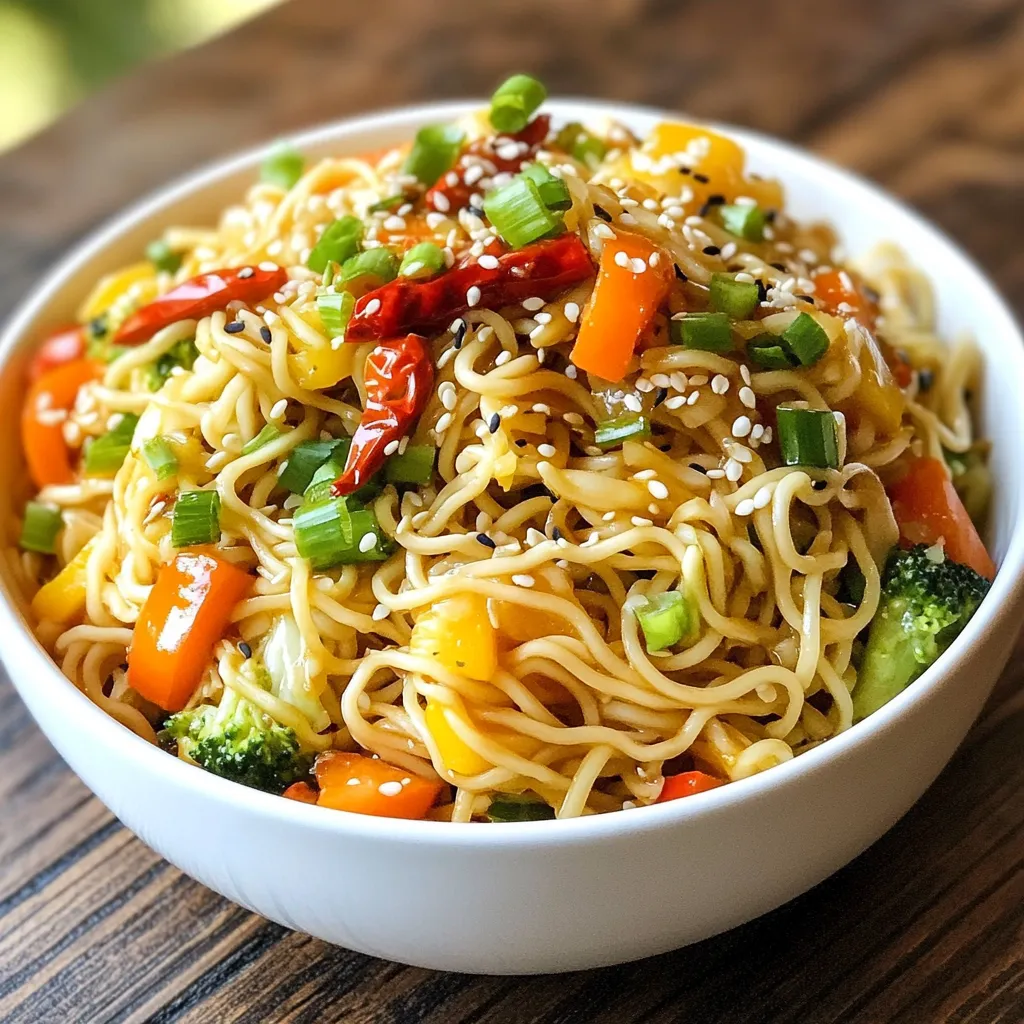 - 200g rice noodles - 3 tablespoons vegetable oil - 6 cloves garlic, minced - 2 red chilies, finely chopped (adjust to taste) - 1 tablespoon ginger, grated - 3 tablespoons soy sauce - 1 tablespoon chili paste - 1 tablespoon sesame oil - 1 cup mixed vegetables (bell peppers, carrots, broccoli) In this dish, rice noodles serve as the base. They soak up all the flavors well. Using vegetable oil allows the garlic and ginger to shine. Fresh garlic and ginger add a warm, spicy note. Red chilies bring heat, and you can adjust them for your taste. Soy sauce and chili paste provide salty and spicy depth. Finally, mixed vegetables add color and nutrition. - Green onions, chopped for garnish - Sesame seeds for garnish - Lime wedges Garnishes make your dish pop. Green onions add freshness and crunch. Sesame seeds offer a nutty flavor and a nice visual touch. A squeeze of lime adds brightness and cuts the spice. These extras take your spicy garlic chili noodles to the next level! {{ingredient_image_1}} Start by boiling the rice noodles. Follow the package instructions to get them just right. Once they are soft, drain them and rinse under cold water. This step keeps them from sticking together. Set them aside while you prepare the rest. In a large skillet or wok, heat three tablespoons of vegetable oil over medium heat. Add six cloves of minced garlic, two chopped red chilies, and one tablespoon of grated ginger. Sauté these for one to two minutes. You want them to smell great but not burn. Now, toss in one cup of mixed vegetables. You can use bell peppers, carrots, and broccoli. Stir-fry these for about three to four minutes until they soften a bit. Next, add the cooked noodles to the skillet. Pour in three tablespoons of soy sauce, one tablespoon of chili paste, and one tablespoon of sesame oil. Toss everything together for about two to three minutes. Make sure the noodles are evenly coated and heated through. If you like, taste the dish and adjust the seasoning. Add more soy sauce or chili paste if you want extra flavor. Remove the skillet from heat and plate your spicy garlic chili noodles. Garnish with chopped green onions and sesame seeds for a lovely finish. To make this dish suit your taste, start with fewer chilies. You can increase the spice later. If you like it hot, add more chopped chilies or some chili paste. For a milder version, remove the seeds from the chilies. This will reduce some heat without losing flavor. Always taste as you go. Balance is key. To keep noodles from sticking, rinse them in cold water after cooking. This stops the cooking process and cools them down. When you add the noodles to the pan, make sure the oil is hot. This helps them stay loose. Stir gently but quickly to coat the noodles without breaking them. Serve your noodles in a deep bowl for a nice look. Drizzle with sesame oil to add shine. Sprinkle chopped green onions and sesame seeds on top for color and crunch. For a zesty touch, add lime wedges on the side. This adds a fresh flavor to each bite. Pro Tips Adjust the Heat: If you prefer a milder dish, reduce the number of red chilies or remove the seeds before chopping. Vegetable Variations: Feel free to customize the mixed vegetables based on your preference or seasonal availability. Snow peas or snap peas work great too! Fresh Herbs: Adding fresh cilantro or Thai basil at the end can enhance the flavor and add a fresh aroma to the dish. Leftover Noodles: This dish is perfect for using up leftover noodles. Just stir-fry them with the sauce and veggies for a quick meal! {{image_2}} To make Spicy Garlic Chili Noodles heartier, add protein. You can use chicken, shrimp, or tofu. - Chicken: Cut boneless chicken into small pieces. Cook it in the skillet before adding garlic and ginger. Let it brown for 5-6 minutes, then add your noodles. - Shrimp: Use peeled shrimp. Sauté them with garlic and ginger until they turn pink. This takes about 3-4 minutes. Then mix in the noodles. - Tofu: Choose firm tofu. Cut it into cubes and pan-fry until golden. Add it after the veggies so it warms through without breaking. Mixing up the veggies adds fun. You can swap or add any of your favorites. - Broccoli: Cut it into small florets. This veggie adds crunch and color. - Bell Peppers: Use any color. They add sweetness and a nice crunch. - Carrots: Thinly slice or julienne them. They bring a sweet bite to the dish. - Snow Peas: Toss these in for a fresh taste and bright color. You can play with the sauce for new flavors. - Teriyaki Sauce: This adds a sweet, tangy taste. Mix it in with the soy sauce. - Sriracha: Use this for extra heat. Add it to the chili paste for a spicy kick. - Peanut Sauce: Drizzle this over your noodles for a creamy texture. It pairs well with shrimp or chicken. Feel free to explore these variations. Each change makes the dish unique! Store your Spicy Garlic Chili Noodles in an airtight container. Let the noodles cool before packing. Refrigerate them for up to three days. When reheating, use a skillet or microwave. Add a splash of water or broth to keep them moist. Heat them just until warm to avoid overcooking. You can freeze Spicy Garlic Chili Noodles for up to a month. First, let them cool completely. Then, place the noodles in a freezer-safe bag or container. Squeeze out the air to prevent freezer burn. To thaw, move them to the fridge overnight. Reheat in a skillet or microwave. In the fridge, Spicy Garlic Chili Noodles last about three days. After that, the flavors may fade. If you notice any changes in smell or texture, throw them away. Always trust your senses when it comes to food safety. Yes, you can easily make Spicy Garlic Chili Noodles vegan. For plant-based substitutions, use vegetable oil instead of any animal fats. Replace soy sauce with a vegan version or tamari for gluten-free options. For protein, add tofu or tempeh. You can also use more mixed vegetables like mushrooms or snow peas for added texture and flavor. You can serve Spicy Garlic Chili Noodles with several tasty sides. A fresh cucumber salad adds crunch and coolness. You could also try spring rolls filled with veggies. If you're in the mood for more heat, pair it with kimchi. A light broth soup can balance the spiciness and round out the meal. To enhance the flavor of your Spicy Garlic Chili Noodles, consider these tips: - Add a splash of rice vinegar for tang. - Drizzle chili oil on top for extra spice. - Include fresh herbs like cilantro or basil for freshness. - Experiment with different sauces, like hoisin or oyster sauce, for more depth. These simple tweaks can elevate your dish to new heights! This blog post explored the key ingredients and steps to create Spicy Garlic Chili Noodles. You learned about rice noodles, the right oils, and aromatics like garlic and ginger. I shared tips for adjusting spice and avoiding sticky noodles. You can enhance your dish with proteins and different vegetables. Finally, I covered how to store your meal safely and answered some common questions. With this knowledge, you can now cook a flavorful dish that can adapt to your tastes. Enjoy crafting your perfect bowl of noodles!