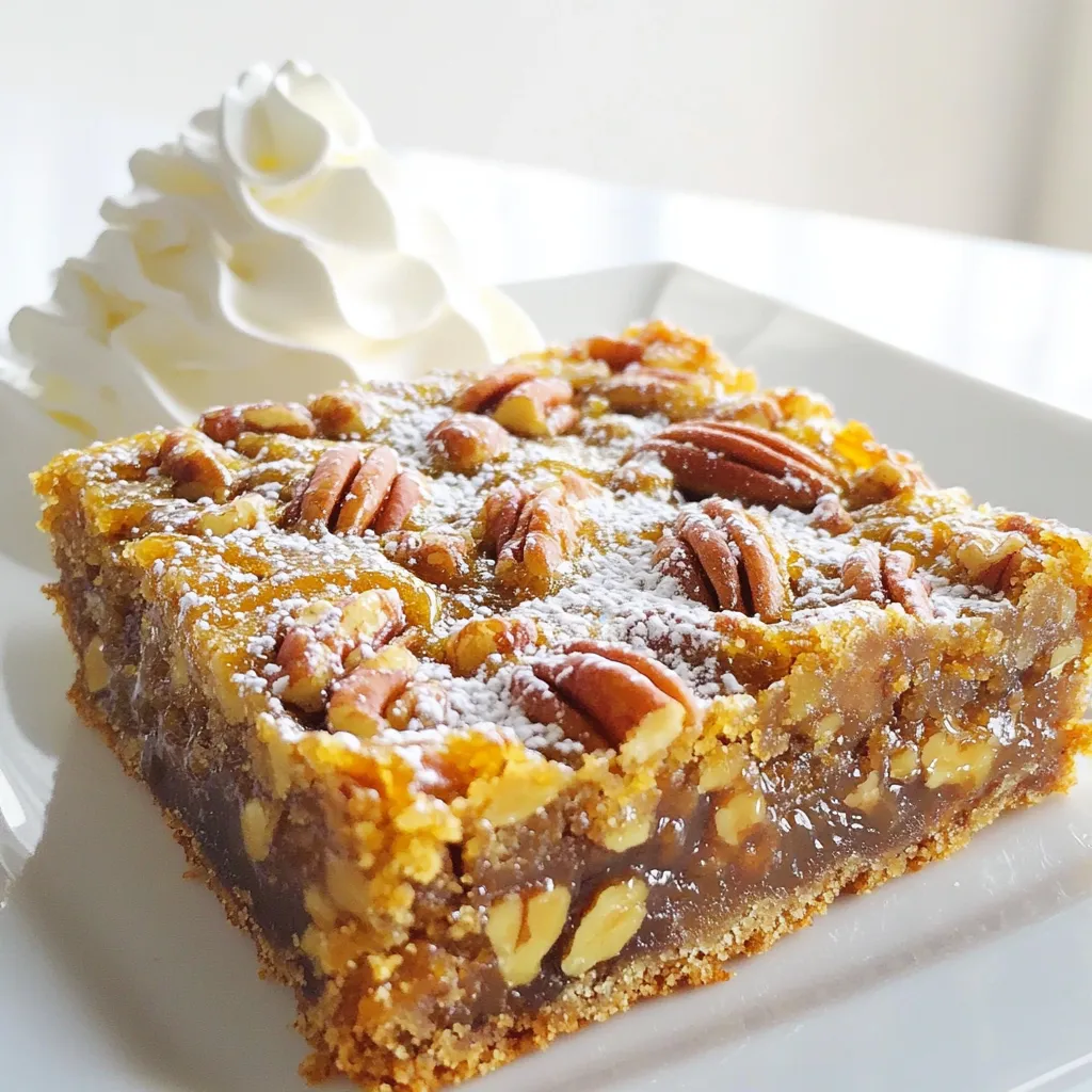 - 1 ½ cups all-purpose flour - ½ cup brown sugar, packed - ½ cup unsalted butter, melted - 1 cup chopped pecans - ½ cup light corn syrup - ½ cup granulated sugar - 2 large eggs - 1 teaspoon vanilla extract - ¼ teaspoon salt - ½ teaspoon ground cinnamon The main ingredients for Bourbon Pecan Pie Bars create a rich and tasty treat. The all-purpose flour forms the base and gives the bars structure. Brown sugar adds a deep sweetness and rich flavor. The melted butter brings moisture, making the crust tender and flaky. Chopped pecans are the stars of this recipe. They provide crunch and a nutty flavor that pairs well with sweet fillings. Light corn syrup adds sweetness and helps bind everything together. Granulated sugar rounds out the flavors, while eggs contribute to the filling's custard-like texture. Vanilla extract adds warmth and depth, while salt enhances the sweetness. Ground cinnamon gives a warm spice note that feels cozy and inviting. - Whipped cream - Vanilla ice cream - Powdered sugar for dusting Optional garnishes elevate these bars. A dollop of whipped cream adds creaminess. Vanilla ice cream adds richness and makes each bite delightful. A light dusting of powdered sugar gives a pretty finish. These toppings make your dessert feel extra special. You can mix and match to find your perfect combination! Preheat your oven to 350°F (175°C). This step ensures even baking. Next, take a 9x9 inch baking dish. Grease it well or line it with parchment paper. This makes it easy to lift out the bars later. In a medium bowl, mix 1 ½ cups of all-purpose flour, ½ cup of brown sugar, and ½ cup of melted unsalted butter. Stir until it looks like wet sand. Press this mixture firmly into the bottom of your baking dish. Make sure it’s even across the pan. Bake the crust for 15 minutes. Look for a light golden color on top. This shows it’s ready. Remove it from the oven and let it cool for a few minutes. In another bowl, whisk together ½ cup of light corn syrup, ½ cup of granulated sugar, 2 large eggs, 1 teaspoon of vanilla extract, ¼ teaspoon of salt, and ½ teaspoon of ground cinnamon. Keep whisking until the mixture is smooth and well combined. Fold in 1 cup of chopped pecans into the filling mixture. Make sure the pecans are spread out evenly. Now, pour this filling over the pre-baked crust. Smooth it out with a spatula. Bake this for an additional 25 to 30 minutes. The filling should be set but still a little jiggly in the center. Let the bars cool in the pan on a wire rack for at least one hour. This cooling time helps them firm up. Once cooled, lift the bars out using the parchment paper. Cut them into squares or bars. Enjoy your Bourbon Pecan Pie Bars! To ensure even baking, always preheat your oven. This helps the bars cook uniformly. Use an oven thermometer to check the real temperature. To avoid a soggy crust, make sure to bake it until lightly golden. This step seals in moisture and gives a nice crunch. Let the crust cool slightly before adding the filling. You can substitute brown sugar with white sugar for a lighter flavor. If you want more richness, try using dark brown sugar. Adding spices like nutmeg or ginger can elevate the taste. A splash of almond extract adds a nice twist too. For a stunning presentation, dust the tops with powdered sugar. Serve the bars on a colorful plate for a pop of color. Pair these delightful bars with coffee or a sweet dessert wine. They also taste great with a scoop of vanilla ice cream on the side. {{image_2}} You can make these bars gluten-free. Just swap out the all-purpose flour. Use 1 ½ cups of gluten-free flour blend instead. This works well and keeps the taste great. Make sure your blend has a binding agent. This helps keep the bars from falling apart. To make these bars vegan, you need to replace the eggs. Use 1/4 cup of applesauce for each egg. This keeps the bars moist and tasty. For the butter, choose a vegan butter alternative. You can find many brands at the store. They work just like regular butter in this recipe. For a chocolate twist, add chocolate chips. Mix in 1 cup of semi-sweet chocolate chips with the pecans. This will give a rich flavor. You may need to reduce the sugar slightly. Use 1/4 cup less granulated sugar to balance the sweetness. Enjoy the mix of chocolate and pecans! To keep your bourbon pecan pie bars fresh, store them in an airtight container. Place wax paper between layers to prevent sticking. You can leave them at room temperature for up to three days. If you want them to last longer, put them in the fridge. They will stay fresh for about a week in the fridge. Freezing is a great way to save your bars for later. First, let the bars cool completely. Cut them into squares or bars. Wrap each piece tightly in plastic wrap. Then, place them in a freezer bag or container. They can stay in the freezer for about two months. When you are ready to enjoy them, take them out and thaw them in the fridge overnight. For a quick thaw, leave them at room temperature for a couple of hours. Enjoy your delicious bars anytime! Yes, you can use other nuts like walnuts or almonds. Walnuts give a rich flavor. Almonds add a nice crunch. Each nut changes the taste. Experiment and find your favorite! The filling should be mostly set but still have a slight jiggle in the center. This means it is done! If it looks too wet, bake for a few more minutes. Keep an eye on it to avoid overbaking. These bars are great on their own or with a scoop of vanilla ice cream. You can also add whipped cream for a fun twist. They work well at parties or gatherings. Serve them on a nice plate for a touch of class! This blog post covered how to make Bourbon Pecan Pie Bars. We outlined the main ingredients, step-by-step instructions, and provided baking tips. I shared variations like gluten-free and vegan options. You also learned how to store leftovers and served ideas. These bars are a tasty treat for any occasion. Keep experimenting to find your favorite twist on the recipe. Enjoy your baking journey!