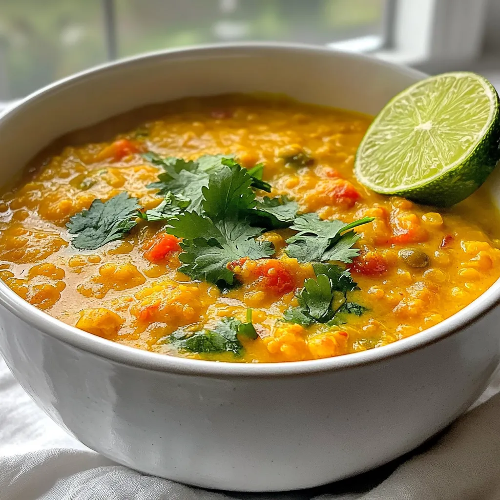 To make Thai Coconut Red Lentil Soup, you need a few key items: - 1 cup red lentils, rinsed - 1 can (13.5 oz) coconut milk - 4 cups vegetable broth - 1 onion, diced - 2 cloves garlic, minced - 1 tablespoon fresh ginger, grated - 2 tablespoons red curry paste - 1 carrot, diced - 1 bell pepper (any color), diced - 1 cup spinach, roughly chopped - 2 tablespoons lime juice - 1 tablespoon soy sauce (or tamari for gluten-free) - 1 tablespoon coconut oil - Salt and pepper to taste - Fresh cilantro for garnish These ingredients create a rich, creamy, and flavorful soup. The red lentils provide protein and texture. Coconut milk adds a lovely creaminess. The vegetables and spices bring fresh and bold flavors. For added flair, you can use garnishes. Here are some great choices: - Fresh cilantro - Lime wedges - Sliced chili peppers - Crushed peanuts These garnishes not only look nice but also enhance the soup's taste. They add freshness and crunch. If you have special dietary needs, there are easy swaps. For a nut-free option, avoid coconut milk. Use oat milk or almond milk instead. For a gluten-free option, choose tamari instead of soy sauce. If you want to boost protein, add chicken or tofu. For a vegan version, stick with vegetable broth and coconut milk. Feel free to mix and match! These substitutions keep the soup tasty while meeting your needs. {{ingredient_image_1}} Gather all your ingredients first. Measure and rinse 1 cup of red lentils. Dice 1 onion and chop 1 carrot and 1 bell pepper. Mince 2 garlic cloves and grate 1 tablespoon of ginger. This prep will save you time later. 1. Heat 1 tablespoon of coconut oil in a large pot over medium heat. 2. Add the diced onion. Sauté it for about 5 minutes until it looks clear. 3. Next, stir in the minced garlic and grated ginger. Cook for 1-2 minutes until you smell their aroma. 4. Add 2 tablespoons of red curry paste. Stir constantly for about 1 minute to bring out the flavors. 5. Toss in the diced carrot and bell pepper. Cook for 3-4 minutes until they begin to soften. 6. Pour in the rinsed red lentils, 1 can of coconut milk, and 4 cups of vegetable broth. Stir to mix well. 7. Bring the mixture to a boil. Once boiling, lower the heat to simmer. Cover the pot and let it cook for 20-25 minutes until the lentils are soft. 8. Stir in 1 cup of chopped spinach, 2 tablespoons of lime juice, and 1 tablespoon of soy sauce. Season with salt and pepper. Cook for another 5 minutes until the spinach wilts. Once done, remove the pot from heat and let it cool a bit. Serve the soup hot in bowls. Garnish with fresh cilantro and a wedge of lime on the side. This adds brightness and flavor. Enjoy your delicious Thai Coconut Red Lentil Soup! To make your Thai coconut red lentil soup really pop, use fresh ingredients. Fresh garlic, ginger, and veggies give great taste. Toast the red curry paste in coconut oil. This step releases oils and boosts flavor. Always taste your soup as you cook. Adjust salt, lime juice, and spice to fit your taste. Fresh cilantro on top adds a bright finish. One common mistake is not rinsing the lentils. Rinsing helps remove grit and improves taste. Watch the heat while cooking; too high can burn the garlic. Avoid overcooking the vegetables; they should be soft but still vibrant. Lastly, don't skip the lime juice. It brightens the flavors and balances the soup. To get a creamier soup, blend a portion of it. Use an immersion blender to make it smooth. If you like it chunkier, just stir less. Adding more broth can help if the soup is too thick. For a heartier feel, toss in cooked chicken or tofu. This adds protein and makes it a meal. Pro Tips Rinse Your Lentils: Rinsing red lentils before cooking helps remove any dust or impurities, ensuring a cleaner soup. Customize the Spice Level: Adjust the amount of red curry paste based on your preference for spice; start with less and add more if desired. Add More Veggies: Feel free to include other vegetables such as zucchini or sweet potatoes for added nutrition and flavor. Store Leftovers Properly: Keep leftover soup in an airtight container in the fridge for up to 5 days, and reheat gently on the stove. {{image_2}} You can add proteins to your soup for extra flavor and nutrients. Chicken works well. Simply cook diced chicken in the pot before adding the onion. For a plant-based option, use tofu. Cube the tofu and sauté it with the onion. Both options make the soup heartier and more filling. Feel free to mix in your favorite vegetables. Sweet potatoes add a nice sweetness. Zucchini or green beans also work great. Just remember to chop them small so they cook evenly. You can use seasonal veggies to keep things fresh and exciting. Adjust the spice level to suit your taste. If you love heat, add more red curry paste. You can also add chopped fresh chilies. For a milder flavor, reduce the curry paste. Just start with a little and taste as you go. This way, you make the soup just right for you! After you enjoy your Thai coconut red lentil soup, store the leftovers. Let the soup cool to room temperature. Use an airtight container to keep it fresh. This method helps keep flavors intact. Store the soup in the fridge for up to five days. For best taste, consume it sooner. Reheating the soup is easy. Pour the soup into a pot. Heat over medium-low heat, stirring often. This method keeps the soup from sticking. You can also use a microwave-safe bowl. Heat in short bursts, stirring in between. Make sure it’s hot throughout before serving. If you want to save the soup for later, freezing is a great option. Allow the soup to cool completely. Then, use freezer-safe containers or bags. Leave some space at the top, as the soup will expand. Label the containers with the date. The soup can last in the freezer for up to three months. To use, thaw in the fridge overnight before reheating. Yes, you can make this soup ahead of time. It tastes even better the next day. The flavors blend well when it sits. Just cool it down after cooking. Then, store it in airtight containers. When ready to eat, reheat it on the stove or in the microwave. Absolutely! This soup is gluten-free. Use tamari instead of soy sauce for a gluten-free option. All the other ingredients are safe too. Enjoy this dish without worry if you avoid gluten. The soup lasts about 4 to 5 days in the fridge. Store it in an airtight container for best results. If you want to keep it longer, consider freezing it. Then, you can have a tasty meal ready anytime! In this article, we explored the joy of making Thai Coconut Red Lentil Soup. We covered key ingredients and possible garnishes. You learned simple steps for preparation and cooking. I shared tips to avoid mistakes and enhance flavor. We also discussed ways to customize the soup with proteins and vegetables. Lastly, we went over storage tips to keep it fresh. Enjoy making this soup, and don't hesitate to get creative with the recipe! Happy cooking!