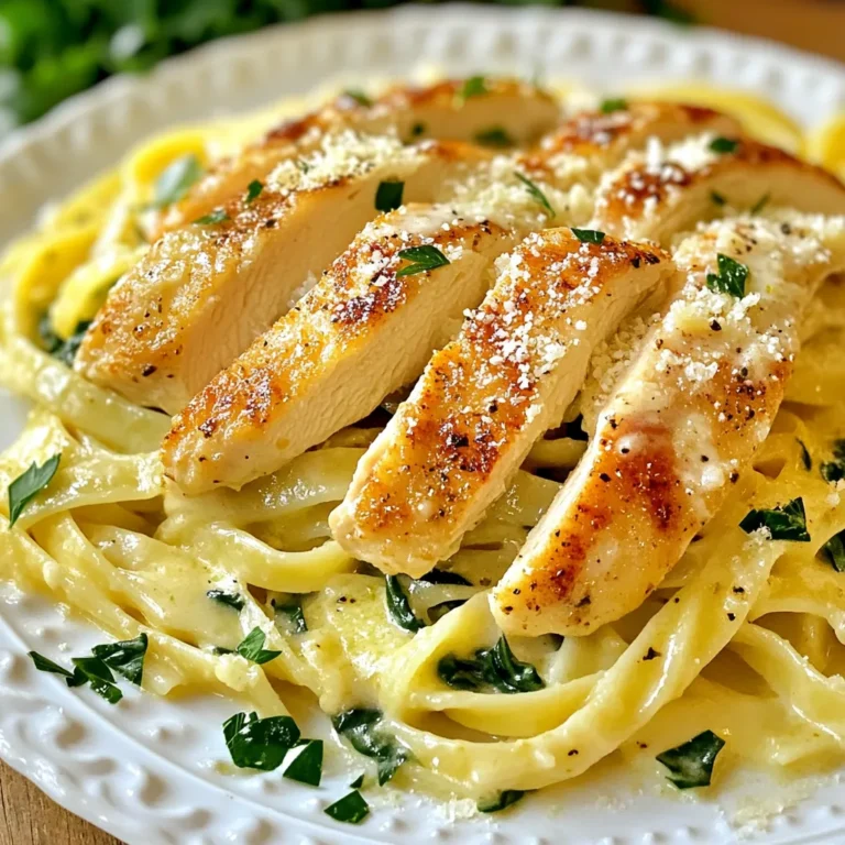 - 2 boneless, skinless chicken breasts, thinly sliced - 8 oz fettuccine or spaghetti - 4 tablespoons unsalted butter - 4 cloves garlic, minced - 1 cup heavy cream - 1 cup freshly grated Parmesan cheese - 1 cup baby spinach (optional) - Salt and pepper to taste - ½ teaspoon red pepper flakes (optional) - Fresh parsley, chopped, for garnish When I cook this dish, I love using fresh, high-quality ingredients. The chicken adds a nice protein boost. The pasta makes it hearty and filling. Garlic and Parmesan create a rich and creamy sauce that is hard to resist. - Sun-dried tomatoes for a tangy twist - Grilled shrimp for a seafood option - Broccoli or asparagus for extra veggies - Lemon zest for a fresh kick You can switch up the base recipe to suit your taste. Adding sun-dried tomatoes or shrimp can change the dish's flavor profile. Broccoli or asparagus not only adds color but also nutrition. - Large pot for boiling pasta - Large skillet for cooking chicken and sauce - Colander for draining pasta - Whisk for mixing the sauce - Serving plates for presentation Using the right tools makes cooking easier. A large pot helps cook the pasta evenly. A good skillet is key for making the sauce. Having a whisk on hand ensures a smooth, creamy result. Each ingredient plays a role in making Garlic Parmesan Chicken Pasta a favorite. With these tips, you are ready to create a delicious meal that everyone will enjoy. {{ingredient_image_1}} Start by boiling water in a large pot. Add a good amount of salt to the water. This adds flavor to the pasta. Once the water is boiling, add 8 ounces of fettuccine or spaghetti. Cook the pasta according to the package instructions until it is al dente. This usually takes about 8 to 10 minutes. Reserve 1 cup of the pasta water before draining. Drain the pasta and set it aside. Grab a large skillet and heat it over medium heat. Add 2 tablespoons of unsalted butter and let it melt. Once the butter is hot, add 2 thinly sliced chicken breasts. Season the chicken with salt and pepper. Cook the chicken for about 5 to 7 minutes until it turns golden brown and is no longer pink inside. Remove the chicken from the skillet and set it aside. In the same skillet, add the remaining 2 tablespoons of butter. Let it melt and then add 4 minced garlic cloves. Sauté the garlic for about 1 minute until it smells amazing. Next, pour in 1 cup of heavy cream while stirring. Bring the mixture to a gentle simmer. Gradually whisk in 1 cup of freshly grated Parmesan cheese until the sauce is smooth and creamy. If the sauce is too thick, add some reserved pasta water a little at a time until it reaches your favorite consistency. Now, it's time to bring everything together. Add the cooked chicken back into the skillet. Then, add the drained pasta and baby spinach if you like. Toss everything together until the pasta and chicken are well coated with the creamy sauce. Taste and adjust the seasoning with more salt, pepper, or even red pepper flakes for some heat. Plate your delicious Garlic Parmesan Chicken Pasta. For a nice touch, sprinkle some chopped parsley on top. You can also serve extra Parmesan on the side for those who want more cheese. This dish is best enjoyed right away while it's warm and creamy. Enjoy your meal! To cook chicken breasts well, start with thin slices. This helps them cook evenly. Heat two tablespoons of butter in a skillet over medium heat. Season the chicken with salt and pepper. Cook each side for about 3-4 minutes. Look for a nice golden brown color. This means the chicken is done. Always check that the meat is no longer pink inside. Use a meat thermometer if you have one. It should read 165°F. Cooking pasta al dente means it should be firm to the bite. Use a large pot with plenty of salted water. Bring the water to a rolling boil before adding the pasta. Follow the package instructions for cooking time. Start tasting the pasta a minute or two before the time is up. You want it to be tender but still have a slight bite. Once cooked, don’t forget to save a cup of pasta water before draining! If your sauce is too thick, don’t worry! You can easily fix this. Start by adding some of the reserved pasta water. Add a little at a time until you reach the right thickness. Stir well after each addition. If the sauce is too thin, let it simmer for a few minutes. This will help it thicken up. Remember, the sauce should coat the pasta nicely without being runny. Garnishing makes your dish look beautiful and appetizing. Fresh parsley adds a nice pop of color. Chop it finely and sprinkle it over the top just before serving. If you want a cheesy touch, add extra Parmesan cheese. You can also use red pepper flakes for a bit of heat. Keep garnishing simple to let the flavors shine through. A little goes a long way! Pro Tips Use Fresh Ingredients: Fresh garlic and Parmesan cheese will elevate the flavor of your dish significantly. Avoid pre-grated cheese if possible for a creamier sauce. Don't Overcook the Chicken: Ensure the chicken is cooked just until golden brown and no longer pink in the center to keep it juicy and tender. Adjust Sauce Consistency: If your sauce is too thick, gradually add reserved pasta water until you reach your desired creaminess. Garnish for Flavor: Fresh parsley not only adds color but also a fresh flavor boost. Consider adding a squeeze of lemon juice for brightness. {{image_2}} You can make Garlic Parmesan Chicken Pasta even better by adding vegetables. Baby spinach is a great choice. It wilts nicely in the warm sauce. You can also add cherry tomatoes for a pop of color. They add sweetness and a juicy bite. Peas or broccoli work well too. If you want to skip chicken, try shrimp or tofu. Shrimp cooks quickly and adds a nice seafood flavor. Tofu provides a good source of protein for a plant-based dish. For a gluten-free option, use gluten-free pasta. There are many kinds available, like rice or quinoa pasta. They taste great and hold up well in the dish. If you need a dairy-free version, swap heavy cream for coconut milk. It adds a unique flavor. Nutritional yeast can replace Parmesan cheese for a cheesy taste without dairy. If you like heat, try adding more red pepper flakes. Start with a teaspoon and adjust to your taste. You can also add some diced jalapeños for an extra kick. Another idea is to mix in a splash of hot sauce. This adds flavor and spice, perfect for those who love bold dishes. Enjoy experimenting with these spicy additions! To store leftover Garlic Parmesan Chicken Pasta, let it cool first. Place it in an airtight container. Make sure to use a container that seals tightly. This helps keep the pasta fresh. Store it in the fridge for up to three days. If you want to enjoy it later, keep it in the freezer. When you're ready to reheat, start by taking the pasta out of the fridge. You can microwave it or use a skillet. If using a microwave, put it in a bowl with a splash of water. Heat in short bursts, stirring in between. If using a skillet, add a little cream or water. Heat it on low and stir often. This keeps it from drying out. To freeze, divide the pasta into single servings. Use freezer-safe bags or containers. Remove as much air as possible before sealing. Label with the date. You can freeze it for up to three months. To enjoy, thaw it in the fridge overnight before reheating. This will keep the flavors fresh. Yes, you can make Garlic Parmesan Chicken Pasta ahead of time. Cook the pasta and chicken as directed. Then, store them separately in airtight containers. This keeps them fresh. When you're ready to serve, just reheat them in a skillet. Add the garlic sauce and mix well. This will save you time on busy nights. Fettuccine or spaghetti works best for this dish. Both types hold the sauce well. You can also use penne or rotini if you prefer. Just make sure to cook them until al dente for the best texture. This way, they won't get mushy when mixed with the sauce. To add more flavor, try these tips: - Use fresh herbs like basil or thyme. - Add more garlic for a stronger taste. - Sprinkle in some lemon juice for brightness. - Use red pepper flakes for spice. - Consider adding sun-dried tomatoes for a tangy touch. These small changes can make your dish even more delicious. Yes, you can make this dish without cream. Substitute the cream with chicken broth or vegetable broth. You can also use a mix of milk and cornstarch to thicken the sauce. This will still give you a nice texture. Just remember to adjust the seasoning for taste. This blog post covered how to make Garlic Parmesan Chicken Pasta. We explored the key ingredients and the tools you need. Then, I walked through cooking steps and offered tips for perfecting your dish. I also shared tasty variations and storage tips. Cooking this dish is simple and fun. You can adjust it to fit your taste. Try different veggies or proteins to make it your own. Enjoy your delicious meal!