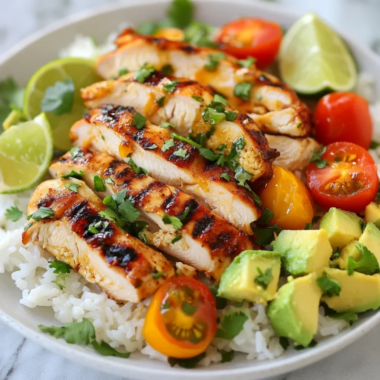 - 2 boneless, skinless chicken breasts - 1/4 cup honey - 3 tablespoons fresh lime juice - 1 tablespoon olive oil - 1 teaspoon lime zest - Salt and pepper to taste The main ingredients bring bright flavors and a tasty balance. The chicken serves as a great protein base. Honey adds a sweet touch, while lime juice and zest give it a zesty kick. Olive oil keeps the chicken tender and moist. Salt and pepper add essential seasoning to enhance the dish. - 2 cups cooked jasmine rice - 1 ripe avocado, diced - 1/2 cup cherry tomatoes, halved - 1/4 cup fresh cilantro, chopped - Lime wedges for serving The add-ins transform simple rice into a delightful side. Jasmine rice offers a fragrant base. Diced avocado adds creaminess, and cherry tomatoes bring a pop of color and freshness. Chopped cilantro adds a burst of flavor. Lime wedges serve as a bright garnish, perfect for squeezing over the dish. {{ingredient_image_1}} First, grab a small bowl. In this bowl, whisk together three key ingredients: honey, lime juice, and olive oil. Mix them well until combined. Now add lime zest, salt, and pepper to taste. This blend adds a sweet and tangy flavor to the chicken. To marinate chicken properly, place the chicken breasts in a resealable plastic bag or a shallow dish. Pour the marinade over the chicken, ensuring it is well coated. Seal the bag or cover the dish. Let it sit in the fridge for at least 30 minutes. If you have more time, marinate for up to 2 hours. This makes the chicken even tastier. Next, preheat your grill or skillet over medium-high heat. Once hot, remove the chicken from the marinade and discard the marinade. Cook the chicken for about 6-7 minutes on each side. The chicken is done when the internal temperature reaches 165°F. After cooking, let it rest for 5 minutes before slicing. This helps keep the chicken juicy. In a large bowl, combine 2 cups of cooked jasmine rice with diced avocado and halved cherry tomatoes. You can also add chopped cilantro for freshness. Mix gently to combine all the ingredients. For perfect rice consistency, make sure your rice is fluffy, not sticky. This will create a lovely base for the chicken. To boost flavor, let your chicken soak in the marinade. The honey adds sweetness, while lime juice gives it a tangy kick. Here are some best practices: - Mix honey, lime juice, olive oil, lime zest, salt, and pepper well. - Use a resealable bag to coat the chicken fully. - Marinate for 30 minutes to 2 hours for the best taste. If you want to try something new, consider these alternative marinades: - Use soy sauce and ginger for an Asian twist. - Try garlic and herbs for a savory profile. To keep your chicken moist and flavorful, follow these tips: - Preheat the grill or skillet to medium-high heat. - Grill the chicken for 6-7 minutes on each side. - Always check if the internal temperature reaches 165°F. Avoid common grilling mistakes: - Don’t flip the chicken too often; let it sear. - Avoid overcrowding the grill, which can lower the heat. For side dishes, you can pair your Honey Lime Chicken Avocado Rice with: - Grilled vegetables for a colorful plate. - A fresh green salad for added crunch. Presentation is key! Here’s how to plate: - Use a large plate and place the rice mixture first. - Slice the chicken and arrange it on top. - Garnish with lime wedges for a pop of color. Pro Tips Marinate for Maximum Flavor: For a more intense flavor, marinate the chicken for up to 2 hours. This allows the honey and lime to infuse deeper into the meat. Perfectly Grilled Chicken: To ensure even cooking, let the chicken come to room temperature for about 15 minutes before grilling. This helps achieve a juicy and tender result. Use Fresh Ingredients: The flavor of your dish will significantly improve if you use fresh lime juice and ripe avocados. They add vibrancy and taste that bottled products can't match. Customize Your Rice: Feel free to add additional ingredients to your rice mixture, such as black beans, corn, or diced bell peppers, to enhance texture and flavor. {{image_2}} You can change the chicken in this recipe. Shrimp and tofu work well. For shrimp, cook them for 3-4 minutes on each side. They are quick to cook, so watch them closely. For tofu, use firm tofu. Cut it into cubes and sauté for about 6-8 minutes until golden. Adjust cooking times to ensure everything cooks properly. If you need gluten-free options, use rice or gluten-free sauces. Most honey and lime juice are naturally gluten-free, so you're safe there. For dairy-free, avoid adding any cheese or creamy sauces. This dish remains tasty without dairy, thanks to the avocado and lime. Want to spice it up? Try adding chili powder or cumin to the marinade. Fresh herbs like basil or oregano can also give a new twist. You can mix in different veggies, too. Bell peppers, corn, or zucchini can boost flavor and nutrition. Get creative and make it your own! To keep your Honey Lime Chicken Avocado Rice fresh, use airtight containers. Glass or BPA-free plastic containers work best. Make sure to cool the dish before sealing. Store it in the fridge for up to three days. If you wait longer, the rice and avocado may spoil. For reheating, the stove or microwave works well. If you use the microwave, cover the dish to keep moisture. Heat in short bursts to avoid overcooking. Stir occasionally to warm evenly. This helps prevent the chicken and rice from drying out. You can freeze this dish too! Divide it into portions and place them in freezer-safe bags. Remove as much air as possible to prevent freezer burn. Freeze for up to three months. When you’re ready to eat, thaw it in the fridge overnight. Reheat using the stove or microwave until hot. Honey Lime Chicken Avocado Rice is a tasty dish that combines juicy chicken with fresh flavors. This meal features marinated chicken breasts cooked to perfection. The chicken sits atop a bed of jasmine rice mixed with creamy avocado, sweet cherry tomatoes, and bright cilantro. The honey and lime create a nice balance of sweet and tangy. Every bite offers a delightful experience of textures and flavors. Yes, you can prepare this dish in advance. Marinate the chicken the night before for deeper flavor. After cooking, let the chicken cool, then store it in a sealed container. The rice mixture can also be made ahead. Keep it in the fridge until you are ready to serve. It stays fresh for about three days. Just heat the chicken and rice before serving. You can pair this dish with several sides and drinks. A fresh green salad with a light vinaigrette complements the rich flavors. Grilled vegetables add color and nutrients to your meal. For drinks, a cold limeade or iced tea works well. If you want something warm, serve it with a light soup, like tomato or corn chowder. Yes, this recipe is healthy and full of good ingredients. Chicken provides lean protein, which helps build muscle. Avocado adds healthy fats that keep you full. Jasmine rice offers carbohydrates for energy. The cherry tomatoes give vitamins and antioxidants. This dish is balanced and can fit into a healthy diet. Enjoy it guilt-free! This blog post covered a tasty recipe for Honey Lime Chicken Avocado Rice. We discussed the main ingredients like chicken, honey, lime, and rice. I shared clear steps for marinating, cooking, and serving. Tips to avoid mistakes and variations with proteins were included. In the end, with a few simple steps, you can make a delightful meal. Enjoy experimenting with flavors and toppings. Keep it fresh and tasty for all occasions!