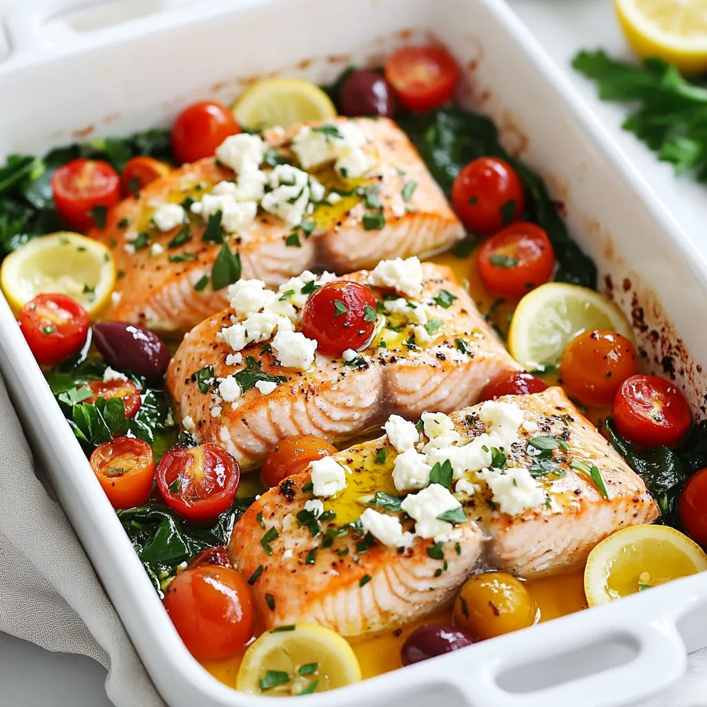 To make Mediterranean baked salmon with feta, you need fresh and tasty ingredients. Here’s what you will need: - 4 salmon fillets - 1 cup cherry tomatoes, halved - 1 cup Kalamata olives, pitted and halved - 1 cup fresh spinach - 1/2 cup feta cheese, crumbled - 2 tablespoons olive oil - 2 tablespoons lemon juice - 2 cloves garlic, minced - 1 teaspoon dried oregano - Salt and pepper to taste - Fresh parsley, chopped (for garnish) Each ingredient brings its own special touch to the dish. Salmon fillets are rich in flavor and healthy fats. Cherry tomatoes add a sweet burst. Kalamata olives bring a salty kick. Fresh spinach gives a bright green color. Feta cheese adds a creamy and tangy note. Using olive oil and lemon juice enhances all the flavors. Garlic and oregano add depth and warmth. Don’t forget the salt and pepper! They help to bring out the best in every bite. Garnishing with fresh parsley adds a nice pop of color. Plus, it gives a fresh taste that ties everything together. Enjoy the process of gathering these fresh ingredients. They will transform your meal into a Mediterranean delight! {{ingredient_image_1}} Preheating the oven is key for great salmon. Start by setting your oven to 400°F (200°C). This temperature cooks the salmon evenly. It also helps to keep the fish moist and tender. A hot oven seals the flavors in. Next, grab a large baking dish. Place the salmon fillets skin-side down. This keeps the fish from sticking. In a bowl, mix cherry tomatoes, Kalamata olives, spinach, and minced garlic. Drizzle olive oil and lemon juice over the mix. Add dried oregano and stir well. Spread this mix around the salmon in the dish. Cover the baking dish with aluminum foil. Bake for 15 minutes. This traps steam and helps the salmon cook. After 15 minutes, remove the foil. Bake for another 10 minutes. The salmon is done when it flakes easily with a fork. Always check it early to avoid overcooking. Remove from the oven and let it cool a bit. Enjoy your beautiful dish! To make your Mediterranean baked salmon burst with flavor, think about spices and herbs. Here are some great options: - Dried oregano: This is a must for that classic Mediterranean taste. - Thyme or rosemary: Both add a lovely depth. - Paprika: For a gentle kick and color. You can also marinate the salmon before cooking. A simple mix of olive oil, lemon juice, and minced garlic works wonders. Let the salmon sit in this mix for about 30 minutes. This step boosts flavor and keeps the fish moist. When it comes to serving, the look matters. Here are some ideas to make your dish pop: - Rustic Serving: Serve directly from the baking dish for a homey feel. - Plated Presentation: Place each salmon fillet on a plate. Add a scoop of the tomato and olive mix beside it. This makes it look fancy. Don't forget the garnishing! Fresh parsley adds color and freshness. You can also sprinkle some lemon zest for a bright touch. The right tools make cooking easier. Here’s what I recommend: - Baking Dish: Use a large, shallow baking dish. It helps the salmon cook evenly. - Utensils: A sharp knife for cutting the fish and a sturdy spatula for serving are key. These tools will help you achieve the best results and make cooking more enjoyable. Pro Tips Fresh Ingredients: Use the freshest salmon and seasonal vegetables for the best flavor and texture. Marinating Time: If you have time, marinate the salmon in olive oil, lemon juice, and garlic for 30 minutes before baking to enhance the flavors. Feta Variations: Experiment with different types of cheese, such as goat cheese or ricotta, for a unique twist on this dish. Serving Suggestions: Pair with a side of quinoa or a fresh Mediterranean salad to complete the meal. {{image_2}} If you want a gluten-free option, this recipe works well as is. All the ingredients are naturally gluten-free. You can enjoy it without worry. For a dairy-free version, skip the feta cheese. You can try using a nut-based cheese or a creamy avocado spread instead. Seasonal vegetables add a fun twist. In spring, try asparagus or peas. In summer, add zucchini or bell peppers. For fall, roasted squash shines in this dish. You can also use different cheeses. Goat cheese or a sharp cheddar can bring new flavors. For a spicy kick, add red pepper flakes or a drizzle of hot sauce. If you like zesty flavors, mix in some lemon zest or capers. To add crunch, sprinkle sliced almonds or pumpkin seeds on top before baking. These small changes can make your dish unique and exciting. To store leftover salmon, let it cool first. Place it in an airtight container. This helps keep it fresh. Use a container that seals well to avoid any odors. I like glass containers as they do not stain. Store it in the fridge for up to three days. When you reheat salmon, you want to keep it moist. The best way is to use the oven. Preheat your oven to 275°F (135°C). Place the salmon on a baking sheet. Cover it with foil to trap moisture. Heat for about 15 minutes. Check that it’s warm throughout. Yes, you can freeze baked salmon! First, let it cool completely. Wrap each piece in plastic wrap tightly. Then, place the wrapped salmon in a freezer bag. Remember to label it with the date. To thaw, move it to the fridge overnight. This keeps the texture nice and firm. Baking salmon usually takes about 25 to 30 minutes. Start by preheating your oven to 400°F (200°C). Place the salmon fillets in a baking dish. Cover it with foil for the first 15 minutes. This helps keep the fish moist. After that, remove the foil and bake for an extra 10 minutes. Check for doneness; the fish should flake easily with a fork. The safe internal temperature for baked salmon is 145°F (63°C). This ensures that harmful bacteria are killed. To check, use a food thermometer. Insert it into the thickest part of the fillet. Once it reaches 145°F, your salmon is ready to eat. It will also look opaque and flake easily. Yes, you can use frozen salmon! However, you need to adjust the cooking time. Thaw the salmon first for even cooking. If you can’t thaw it, increase the baking time by about 5 to 10 minutes. Keep an eye on the internal temperature. Frozen salmon may take longer to reach 145°F. This blog post covered a tasty baked salmon recipe, highlighting key ingredients and step-by-step instructions. I shared helpful tips to enhance flavor, presentation ideas, and cooking equipment recommendations. We explored dietary variations and proper storage techniques to keep leftovers fresh. Finally, I answered common questions about baking salmon. Now you can make this dish with confidence and creativity. Enjoy your cooking journey!