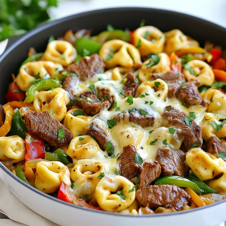 Here is a list of ingredients you will need to make the Cheesesteak Tortellini Skillet: - 12 oz cheese-filled tortellini - 1 lb beefsteak, thinly sliced - 1 bell pepper (red or green), sliced - 1 small onion, sliced - 2 cloves garlic, minced - 1 tablespoon olive oil - 1 teaspoon Worcestershire sauce - 1 teaspoon oregano - Salt and pepper to taste - 1 cup shredded provolone cheese - Fresh parsley, chopped (for garnish) Each ingredient plays a key role in bringing this dish together. The cheese-filled tortellini adds a creamy texture, while the thinly sliced beefsteak gives it a hearty base. You can pick either a red or green bell pepper, depending on your taste. The onion and garlic lend a sweet, savory flavor that enhances the dish. The Worcestershire sauce and oregano add depth. Don't forget the provolone cheese! It melts beautifully and creates a rich topping. Finally, fresh parsley adds a pop of color and freshness when you garnish your meal. {{ingredient_image_1}} - Heat 1 tablespoon of olive oil in a large skillet over medium-high heat. - Add 1 pound of thinly sliced beefsteak. Cook for about 4-5 minutes until it is browned. - Remove the beef from the skillet and set it aside. - In the same skillet, add sliced onions and bell pepper. Cook them for about 3-4 minutes until they soften. - Add 2 cloves of minced garlic and stir for 1 more minute. - Bring a large pot of salted water to a boil. - Prepare 12 ounces of cheese-filled tortellini according to the package instructions, usually about 3-4 minutes. Drain and set aside. - Return the cooked beef to the skillet with the sautéed vegetables. - Add 1 teaspoon of Worcestershire sauce, 1 teaspoon of oregano, and salt and pepper to taste. - Stir everything together and let it heat for another 2-3 minutes. - Gently fold the cooked tortellini into the skillet, mixing well. - Evenly sprinkle 1 cup of shredded provolone cheese over the top. - Cover the skillet with a lid and let the cheese melt for about 2-3 minutes. - Once melted, remove from heat and sprinkle fresh chopped parsley on top for garnish. Choosing the right cut of beef is key. I recommend flank steak or sirloin. These cuts are tender and cook quickly. If you can, ask your butcher for thinly sliced beef. It makes a big difference in cooking time and flavor. Aim for slices no thicker than 1/4 inch. This thickness allows for even cooking and great texture. Cooking tortellini can be tricky if you're not careful. Always start with a large pot of salted water. Salt adds flavor to the pasta. Once the water boils, add the tortellini. Follow the package instructions closely, usually 3-4 minutes. Stir gently to prevent sticking. Test a piece for doneness; it should be soft but firm. Drain the tortellini right away to avoid overcooking. Melting cheese properly is an art. For this dish, use a lid that fits well. Cover the skillet before the cheese goes on. This traps steam and helps the cheese melt evenly. You want a gooey texture that binds all the flavors together. If your cheese isn’t melting well, lower the heat slightly. The key is patience; let it melt slowly for the best results. Pro Tips Slice Against the Grain: For tender beef, always slice your steak against the grain. This helps break down the muscle fibers and results in a more tender bite. Don’t Overcook the Tortellini: Since tortellini cooks quickly, be sure to keep an eye on it and avoid overcooking. They should be al dente for the best texture. Customize Your Veggies: Feel free to add or substitute other vegetables like mushrooms or spinach for added flavor and nutrients. Cheese Variations: While provolone is delicious, you can also experiment with mozzarella or a blend of cheeses for different flavor profiles. {{image_2}} For a tasty vegetarian version, use sliced mushrooms instead of beef. Mushrooms add a savory flavor. They absorb the spices well, giving you that rich taste. You can use portobello or cremini mushrooms. Just sauté them like the beef. This swap keeps the dish hearty and satisfying. You can play with toppings to change the flavor. Try using different cheeses like cheddar or mozzarella. Each cheese brings a unique taste. You can also sprinkle some red pepper flakes for heat. Or use Italian seasoning for extra flavor. Fresh herbs like basil or oregano can enhance the dish too. Adding a sauce can take this meal to a new level. Marinara sauce adds a nice tomato flavor. Alfredo sauce gives it a creamy texture. You can mix and match sauces based on your taste. This flexibility lets you create a new dish each time you make it. To store leftovers, let the dish cool first. Place the tortellini skillet in an airtight container. This keeps the meal fresh and tasty. Store it in the fridge for up to three days. If you want to keep it longer, consider freezing it. When reheating, do it slowly. Use a pan on low heat to warm it. Add a splash of water to keep the tortellini moist. Stir occasionally to prevent sticking. This helps keep the tortellini from becoming mushy. You can also use the microwave. Heat in short bursts, stirring in between. To freeze, let the skillet cool completely. Transfer the mix to a freezer-safe container. Label it with the date for easy tracking. You can freeze it for up to three months. When ready to enjoy, thaw it in the fridge overnight. Reheat it on the stove or microwave until hot. Yes, you can use pre-cooked steak. Just heat it in the skillet with veggies. This saves time and keeps your meal tasty. Make sure to slice it thin for even heating. If you can't find provolone, try mozzarella or Swiss cheese. Both melt well and add good flavor. You can also use cheddar for a sharper taste. Just remember to adjust the amount based on the cheese you choose. This dish lasts about 3 to 4 days in the fridge. Store it in an airtight container. When you're ready to eat, reheat it on the stove or microwave until hot. Absolutely! Feel free to add mushrooms, zucchini, or spinach. These veggies pair well with the flavors in this dish. Just sauté them with the other vegetables for best results. Yes, this dish is great for kids! The cheesy tortellini and meat make it a hit. You can adjust the seasoning to suit their taste. It's a fun way to get them to eat a balanced meal. You can prep the ingredients a day before. Cook the beef and veggies, then store them in the fridge. When you're ready to eat, just cook the tortellini and combine everything. Use a large skillet for even cooking. A non-stick pan works well to prevent sticking. Make sure it is big enough to hold all the ingredients comfortably. Yes, you can easily double the recipe. Just make sure your skillet is large enough. You may need to cook in batches if your skillet is small. This way, everything cooks evenly. This dish combines cheese-filled tortellini, flavorful steak, and colorful veggies. You learned how to cook each component to get the best flavors. We discussed tips for choosing the right beef and perfecting your tortellini. Options for vegetarian variations and different sauces add flexibility. Now, you can enjoy diverse recipes while making this meal your own. Experiment and find your favorite twist. Enjoy cooking!