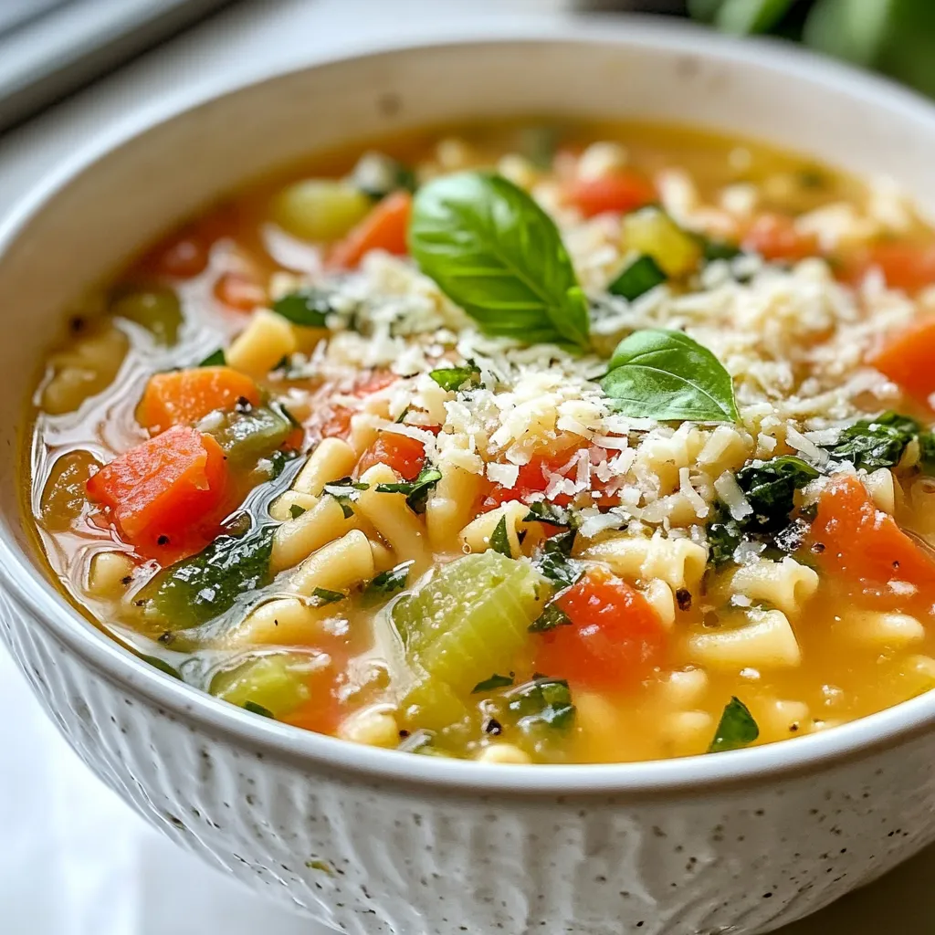 To make a perfect Italian pastina soup, gather these main ingredients: - 1 cup small pastina pasta - 4 cups vegetable broth - 1 cup diced tomatoes (canned or fresh) - 1 small onion, finely chopped - 2 cloves garlic, minced - 1 medium carrot, diced - 1 celery stalk, diced - 1 cup fresh spinach, roughly chopped - 1 teaspoon dried basil - 1 teaspoon dried oregano - Salt and pepper to taste - 2 tablespoons olive oil - Grated Parmesan cheese for serving - Fresh basil leaves for garnish These ingredients come together to create warmth and comfort. The small pastina pasta adds a delightful texture. The broth serves as a flavorful base. Fresh veggies bring color and nutrients. You can enhance the flavor of your soup with these optional ingredients: - A pinch of red pepper flakes for heat - A squeeze of lemon juice for brightness - Chopped parsley for freshness - Bay leaves for depth These additions can elevate your dish. A little heat can make the soup exciting. Fresh herbs can add a burst of flavor. If you have dietary needs, here are some substitutions: - Use gluten-free pasta if needed. - Swap vegetable broth for chicken broth for more flavor. - Replace spinach with kale or Swiss chard. - Use nutritional yeast instead of cheese for a vegan option. These swaps keep the soup tasty while fitting your needs. You can enjoy this soup no matter your diet. {{ingredient_image_1}} Start by gathering all your veggies. You need onion, carrot, and celery. Dice them small. Finely chop the onion. This helps it mix well. In a large pot, heat two tablespoons of olive oil over medium heat. Add the chopped onion, carrot, and celery to the pot. Sauté for about 5-7 minutes. You want the veggies to be soft and fragrant. Next, mince two cloves of garlic. Add the garlic to the pot along with one teaspoon each of dried basil and oregano. Cook for another 1-2 minutes. You want the garlic to smell nice but not burn. Now, pour in four cups of vegetable broth. This is the base of your soup. Add one cup of diced tomatoes, either fresh or canned. Bring everything to a gentle simmer. Once it starts simmering, it’s time to add the small pastina pasta. Cook according to the package, usually about 5-7 minutes. You want the pasta to be al dente, which means firm but not hard. After the pasta is cooked, stir in one cup of roughly chopped fresh spinach. It will wilt quickly in the hot soup. Season with salt and pepper to taste. This is where you can adjust the flavor to your liking. Remove the pot from heat. Ladle your soup into bowls. Top each bowl with grated Parmesan cheese and fresh basil leaves. This adds a lovely touch and flavor. Enjoy your warm, cozy Italian pastina soup! To cook pastina perfectly, use plenty of water. Bring it to a boil before adding the pasta. Stir it well to prevent sticking. Follow the time on the package, usually 5-7 minutes. Taste it a minute early to check. It should be tender but still firm. This is called al dente. If you overcook it, it will turn mushy. No one wants that in their soup! Serve your pastina soup hot. Ladle it into bowls and top with grated Parmesan cheese. This adds a nice salty flavor. Fresh basil leaves make a lovely garnish. You can also serve it with crusty bread on the side. Dip the bread into the soup for extra flavor. A simple salad pairs well too. It balances the warm soup nicely. Herbs and spices make your soup shine. Dried basil and oregano are great in this recipe. They add depth and warmth. If you want more brightness, try adding fresh herbs. Parsley or thyme works well. You can also add a pinch of red pepper flakes for a kick. Adjust salt and pepper to your taste. A splash of lemon juice at the end adds freshness too. Pro Tips Use Homemade Broth: For a richer flavor, consider making your own vegetable broth. This will enhance the overall taste of the soup. Al Dente Pasta: Be careful not to overcook the pastina. It should be al dente to maintain its texture in the soup. Fresh Herbs: Adding fresh basil at the end of cooking brings a vibrant flavor. You can also experiment with other fresh herbs like parsley or thyme. Customize Your Vegetables: Feel free to add other vegetables such as zucchini or peas to personalize your soup and increase its nutritional value. {{image_2}} You can make your Italian Pastina Soup heartier by adding protein. Cooked chicken works well. Just shred it and stir it in when the soup is almost done. If you prefer beans, use canned or cooked beans like cannellini or chickpeas. They add a nice texture and boost protein. This makes the soup filling and nutritious. For a vegan option, skip the cheese and use vegetable broth. You can also add extra veggies like zucchini or bell peppers. Tofu is another great choice. Cube it and sauté it with the onions and garlic. This adds protein and keeps the meal light. You can change the soup based on what is fresh. In spring, add peas or asparagus. In summer, toss in zucchini or fresh tomatoes. In fall, consider adding butternut squash or kale. Each change brings a new flavor and keeps the soup exciting. Using seasonal vegetables also makes your meal fresh and bright. To store leftover Italian Pastina Soup, let it cool first. Transfer it to an airtight container. You can keep it in the fridge for up to three days. If you want to save it longer, consider freezing it. The soup tastes best when fresh, but it still holds flavor after storage. When ready to eat, reheat the soup on the stove. Pour the soup into a pot and warm over low heat. Stir it often to avoid burning. You can add a splash of broth or water if it seems too thick. This helps restore its creamy texture. If you prefer, use a microwave. Heat it in a microwave-safe bowl for one to two minutes. Stir halfway through to heat evenly. For long-term storage, freeze the soup in portions. Use freezer-safe bags or containers. Leave some space in the container. This allows for expansion as it freezes. Label the container with the date and type of soup. It can last up to three months in the freezer. When you’re ready to use it, thaw the soup in the fridge overnight. Always reheat well before serving for the best taste. Pastina is a tiny type of pasta. It looks like little stars or dots. This pasta is great for soups. It cooks fast and is very soft. Kids love it because it is fun to eat. In this soup, pastina adds a nice texture. Yes, you can use other small pasta shapes. Try orzo, ditalini, or even small shells. Just remember to adjust cooking time. Pasta shapes can change the soup’s feel. Each shape brings its own charm. Italian Pastina Soup lasts about 3 to 4 days in the fridge. Store it in an airtight container. The flavors will blend together over time. This will make the soup even more tasty. No, this soup is not gluten-free. Pastina is made from wheat. However, you can use gluten-free pasta. Just make sure to check the label. This way, everyone can enjoy this cozy soup. Italian Pastina Soup is simple yet full of flavor. We explored key ingredients, from the main ones to tasty options and substitutions. I shared step-by-step instructions for making it easy. You learned tips for cooking pasta perfectly and serving it in style. We discussed heartier variations and how to store leftovers well. In closing, this soup is a warm hug in a bowl, perfect for any time. Enjoy making it your way!